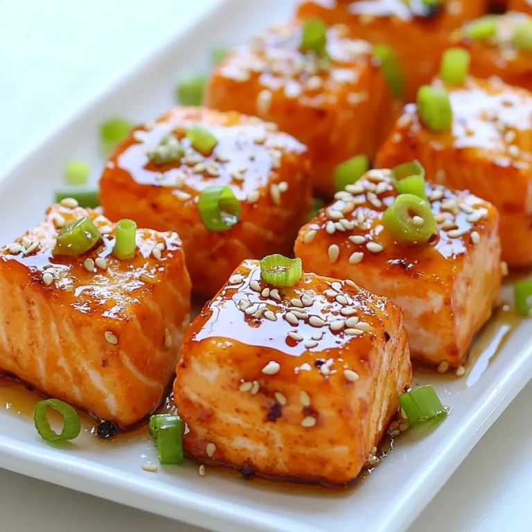 - 1 lb skinless salmon fillet, cut into 1-inch bite-sized cubes - 3 tablespoons honey - 3 tablespoons soy sauce (low sodium recommended) - 2 cloves garlic, finely minced - 1 tablespoon fresh ginger, grated - 1 tablespoon sesame oil - 2 green onions, thinly sliced (white and green parts separated) - Sesame seeds for garnish - Salt and freshly cracked black pepper to taste - Additional garnishes - Side dish pairings When you make honey garlic salmon bites, use fresh and high-quality ingredients. The skinless salmon fillet is the star of the dish. It cooks quickly and absorbs flavors well. The honey adds sweetness, while soy sauce brings umami. Garlic and ginger give a nice kick. Sesame oil adds a rich, nutty flavor. Green onions add crunch and color. Sesame seeds are great for garnish. Optional ingredients can enhance your dish. Fresh herbs like cilantro or parsley can add freshness. You might consider serving these bites with a side like rice or a green salad. This adds balance to your meal and brightens the plate. Remember, the quality of your ingredients matters. Fresh, flavorful items lead to the best results. Enjoy the process of gathering your ingredients. It sets the stage for a delicious meal! {{ingredient_image_2}} To start, grab a medium bowl. Add 3 tablespoons of honey, 3 tablespoons of low-sodium soy sauce, 2 minced garlic cloves, 1 tablespoon of grated ginger, and 1 tablespoon of sesame oil. Whisk these ingredients together until they blend smoothly. This marinade gives the salmon a sweet and savory kick. Marinating is key. It lets the salmon soak up all those yummy flavors. I suggest marinating for at least 15 minutes at room temperature. If you have time, you can refrigerate it for up to 1 hour. This will make each bite even tastier. Next, heat a non-stick skillet or cast-iron pan over medium-high heat. Let it get nice and hot. Once ready, gently add the marinated salmon pieces. Make sure they sit in a single layer without crowding. This helps them cook evenly. Sear each side for about 2-3 minutes. You want the salmon to be fully cooked and have a nice golden color. Keep an eye on it to avoid overcooking. After searing, take the reserved marinade and pour it into the skillet. Stir gently and cook for an extra 1-2 minutes. This will thicken the sauce and coat the salmon bites. Now, season with salt and freshly cracked black pepper to taste. Adjust to your liking. Once done, remove the skillet from the heat. Garnish the salmon bites with thinly sliced green onions and a sprinkle of sesame seeds. Serve them hot and enjoy! To get the best salmon bites, cook them for about 2-3 minutes on each side. This time gives a nice sear while keeping the inside tender. Watch closely to avoid overcooking. Overcooked salmon can become dry and tough. If you see the salmon turning opaque and flaking easily with a fork, it's ready. To make the flavor pop, try adding spices like paprika or cayenne pepper for some heat. You can also mix in a bit of lime juice for a zesty twist. When serving, drizzle extra sauce over the salmon bites. This adds moisture and boosts the taste even more. For a beautiful plate, arrange the salmon bites on a colorful platter. Use leafy greens like arugula or spinach as a base. These greens add color and freshness. Garnish with sliced green onions and sesame seeds for a nice touch. To serve, use toothpicks or skewers for easy eating. This makes it fun for guests! Pro Tips Marination Magic: Allow the salmon to marinate longer, up to 1 hour, for deeper flavor infusion. Cooking Temperature: Ensure your skillet is hot enough before adding the salmon to achieve a perfect sear. Use Fresh Ingredients: Fresh garlic and ginger will elevate the flavor of the marinade significantly. Garnish for Appeal: Adding fresh herbs or microgreens as a garnish can enhance both presentation and flavor. {{image_4}} You can switch out honey for maple syrup. Maple syrup gives a nice sweet touch. If you want a less sweet dish, try using agave nectar. For soy sauce, use coconut aminos or tamari. Both work well for a different flavor. You can also change the garlic and ginger. Try shallots for a mild taste. Use lemongrass for a fresh twist. Fresh herbs like cilantro or basil add a unique flavor too. You can grill the salmon bites for a smoky flavor. Just preheat your grill and use skewers to hold the salmon. Cook each side for 2-3 minutes. Baking is another simple method. Preheat your oven to 400°F (200°C). Place the salmon bites on a baking sheet and bake for about 10-12 minutes. This method keeps the salmon tender and juicy. These salmon bites are great as appetizers. Serve them with toothpicks for easy eating. They also work well as a main dish. Pair them with rice or quinoa for a healthy meal. For sides, try a fresh salad or steamed veggies. You can also serve them with a dipping sauce, like a spicy mayo or a tangy vinaigrette. Enjoy mixing and matching to find your favorite combo! To store leftovers in the fridge, place the salmon bites in an airtight container. This keeps them fresh for about 2-3 days. Make sure to let them cool first. If you have any sauce left, store it in a separate container. This will help keep the bites from getting soggy. For long-term storage, you can freeze the salmon bites. First, let them cool completely. Then, place them in a single layer on a baking sheet. Freeze them for about 1-2 hours until solid. After that, transfer the bites to a freezer bag or airtight container. They will stay good in the freezer for up to 3 months. Remember to label the bags with the date. To reheat the salmon bites, you can use an oven or a skillet. For the oven, preheat it to 350°F. Place the bites on a baking sheet and heat for about 10-12 minutes. If using a skillet, add a little oil over medium heat. Reheat for 3-4 minutes on each side until warm. This helps keep them juicy and tasty. Avoid using a microwave, as it can make the salmon rubbery. Yes, you can use frozen salmon. Just make sure to thaw it properly. To thaw, place the salmon in the fridge for several hours or overnight. If you're in a hurry, you can seal it in a plastic bag and submerge it in cold water for about an hour. This method helps retain the salmon's texture and flavor. To check if the salmon is cooked, look for its color and texture. Cooked salmon should be opaque and flake easily with a fork. If the salmon is still pink in the middle, it needs more time. The internal temperature should reach 145°F (63°C). A meat thermometer can help you ensure it's done. These salmon bites pair well with many sides. Here are some options: - Steamed rice or quinoa - Roasted vegetables like broccoli or asparagus - A fresh salad with mixed greens - Crispy potatoes or sweet potato fries - Noodles tossed in sesame oil and veggies Serving with these sides enhances the meal and balances the flavors. Enjoy! This blog post guided you through making delicious honey garlic salmon bites. You learned about key ingredients, how to prepare, cook, and present your dish. We covered useful tips to ensure your salmon is perfectly cooked. Remember, you can customize the recipe with different flavors and cooking methods. Enjoy experimenting with this dish and impressing others with your skills. Happy cooking!