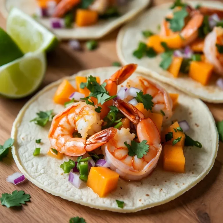 To make spicy mango shrimp tacos, gather these key ingredients: - 1 pound large shrimp, peeled and deveined - 1 ripe mango, diced into small cubes - 1 small red onion, finely chopped - 1 jalapeño, minced (adjust according to heat preference) - 2 cloves garlic, minced - 1 tablespoon fresh lime juice - 1 teaspoon chili powder - 1 teaspoon ground cumin - 1 tablespoon olive oil - Salt and freshly ground black pepper to taste - 8 small corn or flour tortillas - Fresh cilantro, chopped, for garnish - Lime wedges, for serving You can add a few optional ingredients to boost flavor: - Avocado slices for creaminess - Crumbled feta or queso fresco for a salty touch - Sliced radishes for crunch - A dollop of sour cream for a cooling effect Choosing fresh ingredients makes a big difference: - Shrimp: Look for shrimp that smell fresh and have a firm texture. Avoid any with a strong fishy scent. - Mango: Pick ripe mangoes that feel slightly soft when gently squeezed. They should have a sweet aroma. - Jalapeño: Choose firm jalapeños that are bright green in color. They should feel heavy for their size. - Onion and Garlic: Select onions that are firm and dry. Garlic should be plump and without any sprouting. - Cilantro: Fresh cilantro should be bright green, with no wilting or yellowing. These tips will help you create the best spicy mango shrimp tacos. Enjoy the vibrant flavors and fresh ingredients! {{ingredient_image_2}} First, grab a medium bowl. Add the peeled and deveined shrimp. Sprinkle in chili powder and ground cumin. Add the minced garlic and fresh lime juice too. Season with a pinch of salt and pepper. Toss the shrimp well. Make sure they are fully coated in spices. Let them sit for 15 minutes. This helps the shrimp soak up the flavors. While the shrimp marinates, prepare the mango salsa. Take a separate bowl. Mix together the diced mango, finely chopped red onion, and minced jalapeño. If you like more heat, add more jalapeño. Add a pinch of salt and a bit of lime juice. Stir gently until mixed. Set aside. This salsa adds freshness to your tacos. Now it’s time to cook the shrimp. Heat a large skillet over medium-high heat. Add olive oil when the skillet is hot. Once the oil shimmers, add the marinated shrimp in a single layer. Cook the shrimp for about 2-3 minutes per side. They will turn pink and opaque when done. Remove from heat and set aside. Next, warm the tortillas. You can use a dry skillet for this. Heat each tortilla for about 30 seconds on each side until soft. Alternatively, wrap them in foil and heat in a 350°F oven for about 10 minutes. Warm tortillas make the tacos more enjoyable. Time to put it all together! Take a warm tortilla and place a few cooked shrimp on one half. Top the shrimp with a generous scoop of mango salsa. Don’t forget to sprinkle freshly chopped cilantro on top. This adds color and flavor to your tacos. Present the tacos on a nice platter. Add lime wedges on the side. Encourage everyone to squeeze lime over their tacos before eating. This adds a zesty kick that brightens each bite. Enjoy your spicy mango shrimp tacos! To cook shrimp just right, heat a pan on medium-high heat. Add olive oil until it shimmers. Place shrimp in a single layer to avoid steaming. Cook them for 2 to 3 minutes on each side. Look for that bright pink color and opaque texture. This shows they are done. Don’t overcook them. Overcooked shrimp can turn rubbery and tough. If you like heat, add more jalapeño to the salsa. You can also sprinkle extra chili powder on the shrimp. If you prefer milder flavors, use less jalapeño. A pinch of sugar can help balance the heat too. Always taste your salsa before serving. Adjust it until it suits your palate. To make your mango salsa even better, try adding lime zest. This gives a fresh burst of flavor. You can also mix in diced bell peppers for crunch and color. Fresh herbs like mint or basil can add a unique twist. Taste and adjust the salt and lime juice for balance. Let the salsa sit for a few minutes before serving. This allows all the flavors to blend well. Pro Tips Fresh Shrimp is Key: Always opt for fresh or high-quality frozen shrimp for the best texture and flavor in your tacos. Adjust the Heat: Feel free to customize the spiciness by adding more or less jalapeño, or even using a different pepper variety. Perfectly Warm Tortillas: Warming the tortillas enhances their flavor and makes them more pliable for easier folding and eating. Garnish with Citrus: Adding a squeeze of fresh lime juice right before serving brightens the flavors and adds a delicious zing. {{image_4}} You can swap shrimp for other proteins. Chicken is a great choice. Grilled fish adds a nice taste. Tofu works well for a vegetarian option. Beef can also make a tasty taco. Each protein will change the flavor, so choose what you like best. Mango salsa is fantastic, but you can get creative. Pineapple adds sweetness and brightness. Peach salsa brings a juicy twist. Avocado salsa gives a creamy texture. You can mix fruits like kiwi or papaya for fun flavors. Each salsa will add its own flair to your tacos. If you need gluten-free options, use corn tortillas. They are sturdy and tasty. You can also try lettuce wraps for a fresh, low-carb choice. Just make sure the salsa and seasonings are gluten-free too. Enjoy your tacos without worry! To keep your leftover ingredients fresh, place them in separate air-tight containers. Store the marinated shrimp in the fridge for up to 2 days. The mango salsa should also last for 2 days but may lose some crunch. Always check for freshness before using them again. Assembled tacos do not store well. They can become soggy quickly. If you have leftovers, keep the shrimp, salsa, and tortillas separate. Wrap each tortilla in foil and store them in the fridge. Use them within 1 day for the best taste. To reheat the shrimp, place them in a skillet over medium heat. Cook for about 2 minutes until warm. For tortillas, warm them in a dry skillet for 30 seconds on each side. This keeps them soft and tasty. Avoid microwaving, as it can make them tough. Yes, you can use frozen shrimp. Just thaw them before marinating. Place the shrimp in cold water for about 15-20 minutes. This method keeps the shrimp safe and fresh. Frozen shrimp can taste just as good as fresh when cooked well. I recommend using corn or flour tortillas. Corn tortillas offer a nice, authentic flavor. They also hold up well with juicy shrimp and salsa. Flour tortillas are soft and chewy, perfect for wrapping around the filling. Choose whichever you prefer! You can prepare the shrimp and mango salsa ahead of time. Marinate the shrimp and store it in the fridge for up to an hour. You can also make the mango salsa a few hours in advance. Just keep it covered in the fridge. Warm the tortillas just before serving. Pair these tacos with a cold beer or a fruity cocktail. A light lager or a refreshing mojito complements the spice well. For a non-alcoholic option, try a mango or lime soda. These drinks enhance the flavors of the tacos and keep things fun! This blog post covered all you need for tasty spicy mango shrimp tacos. We discussed essential and optional ingredients, plus tips for picking fresh ones. I shared step-by-step instructions and helpful tips for cooking shrimp just right. You also learned about fun variations and storage advice. In the end, making these tacos at home is easy and fun. You can customize them to fit your taste. Enjoy your cooking adventure!