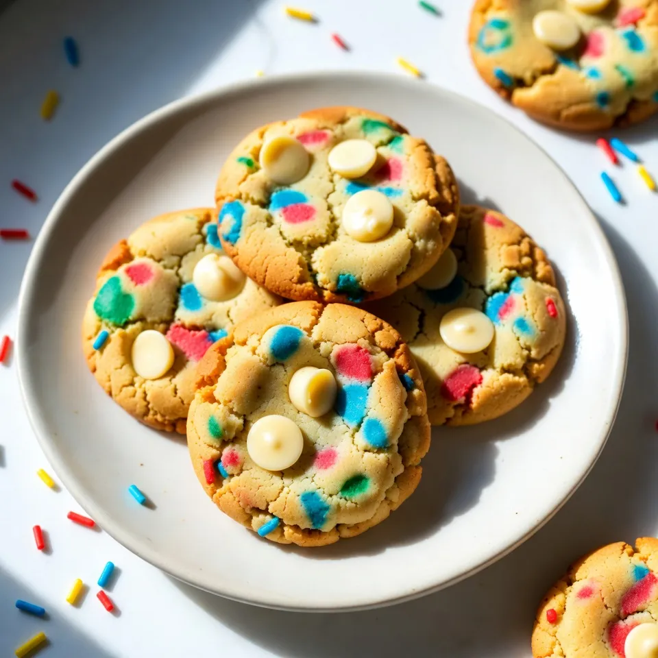 Gather these simple ingredients to make your Funfetti Birthday Cake Cookies: - 1 cup unsalted butter, softened to room temperature - 1 cup granulated sugar - 1 cup packed brown sugar - 2 large eggs, at room temperature - 1 teaspoon pure vanilla extract - 3 cups all-purpose flour, sifted - 1 teaspoon baking soda - 1 teaspoon baking powder - 1/2 teaspoon salt - 1 cup rainbow sprinkles (jimmies) - 1 cup white chocolate chips These ingredients come together to create a fun and tasty cookie. The butter gives softness, while the sugars add sweetness. Eggs help bind everything, making the cookies chewy. Vanilla extract adds a warm flavor that everyone loves. The flour provides structure, and the baking soda and baking powder help the cookies rise. Salt enhances the sweetness, while the rainbow sprinkles and white chocolate chips bring joy and color. You can mix and match these ingredients as needed, but this list keeps the essence of Funfetti cookies. {{ingredient_image_2}} First, set your oven to 350°F (175°C). Line two baking sheets with parchment paper. This helps the cookies not stick. In a large bowl, mix 1 cup of softened butter with 1 cup of granulated sugar and 1 cup of brown sugar. Use a mixer on medium speed for about 3-4 minutes. The mix should look light and fluffy. Next, add 2 large eggs, one at a time. Mix well after each egg. Then, stir in 1 teaspoon of pure vanilla extract until it blends smoothly. In another bowl, whisk together 3 cups of all-purpose flour, 1 teaspoon of baking soda, 1 teaspoon of baking powder, and 1/2 teaspoon of salt. This makes sure everything mixes well later. Slowly add the dry mix to the wet mix. Use low speed on your mixer. Mix until just combined. The dough should feel slightly sticky but not too wet. Now, grab a spatula and gently fold in 1 cup of rainbow sprinkles and 1 cup of white chocolate chips. Make sure they spread evenly in the dough. Use a cookie scoop or tablespoon to drop rounded dough balls onto the lined sheets. Leave about 2 inches between each cookie. This gives them space to spread. Place the baking sheets in the oven. Bake for 10-12 minutes. Look for lightly golden edges and soft centers. Don’t overbake, or they will not be chewy. Once baked, take the cookies out and let them sit on the sheets for 5 minutes. Then, move them to a wire rack to cool completely. Enjoy the sweet smell as they cool! To make the best Funfetti cookies, start by using room-temperature butter. This helps the butter mix well with the sugars. Beat the butter and sugars for about 3-4 minutes. This step adds air and makes the cookies fluffy. When adding the dry ingredients, mix slowly. If you mix too fast, it can make the cookies tough. Fold in the sprinkles and chocolate chips gently. This keeps them whole and visible in the cookie. To keep your cookies fresh, store them in an airtight container. This prevents them from drying out. You can also place a slice of bread in the container. The bread helps keep the cookies soft and moist. If you want to keep cookies longer, freeze them. Place them in a freezer-safe bag or container. They can last up to three months in the freezer. Just let them thaw at room temperature before enjoying. Make your cookies look extra special! Use a colorful plate to display them. Add more sprinkles on top for that fun look. You can even stack the cookies high for a festive vibe. This simple detail can impress your guests and make your treats stand out. Pro Tips Chill Your Dough: For thicker cookies, chill the dough for at least 30 minutes before baking. This helps prevent excessive spreading and ensures a chewy texture. Use Fresh Ingredients: Ensure your baking soda and baking powder are fresh for optimal rise. Stale leavening agents can lead to flat cookies. Experiment with Sprinkles: For a unique twist, try using different types of sprinkles, such as chocolate or metallic ones, to enhance both flavor and appearance. Storage Tips: Store cookies in an airtight container at room temperature for up to a week. For longer storage, freeze them in a single layer and then transfer to a freezer bag. {{image_4}} To make gluten-free Funfetti cookies, swap the all-purpose flour for a gluten-free blend. Look for a mix that has xanthan gum in it. This helps the cookies hold together. Follow the same steps in the recipe. You will enjoy soft, chewy cookies that taste just like the classic version. For a rich twist, add chocolate chips to the funfetti mix. Use half a cup of chocolate chips and mix them in with the sprinkles. This adds a nice depth to the flavor. You get the sweetness of white chocolate and the richness of dark chocolate. Each bite will delight your taste buds. To make these cookies vegan, replace the eggs with flax eggs. Mix one tablespoon of flaxseed meal with three tablespoons of water for each egg. Let it sit until it thickens. Use coconut oil instead of butter and a plant-based milk to keep the dough moist. These cookies will still be colorful and tasty, perfect for any party! To keep your Funfetti birthday cake cookies fresh, place them in an airtight container. This helps prevent them from drying out. You can stack the cookies with parchment paper between layers. This keeps them from sticking together. Store the container at room temperature for easy access. You can freeze these cookies for later enjoyment. First, let the cookies cool completely. Then, place them in a single layer on a baking sheet. Freeze them for about an hour. After they are firm, transfer them to a freezer-safe bag. Label the bag with the date. You can freeze them for up to three months. When stored properly, these cookies last about one week at room temperature. If you freeze them, they stay good for three months. Just remember to let them thaw at room temperature before eating. This way, you get that fresh-baked taste every time! Funfetti birthday cake cookies are soft, chewy cookies packed with fun sprinkles. They have a sweet, buttery taste and a delightful crunch from the sprinkles. These cookies are perfect for any celebration, bringing joy with each bite. They capture the essence of a classic birthday cake in a cookie form. Yes, you can! Use any type of sprinkles you like. Try different colors or shapes to match your party theme. Mix in chocolate sprinkles or even holiday-themed ones for a festive twist. The more colorful the sprinkles, the more fun your cookies will look! To keep your cookies soft, store them in an airtight container. Add a slice of bread to the container to help retain moisture. This simple trick keeps your cookies fresh and soft for longer. Avoid leaving them out in the open air, which can dry them out. You can make these cookies without eggs by using substitutes. Try 1/4 cup of unsweetened applesauce for each egg. Another option is to use 1 tablespoon of flaxseed meal mixed with 2.5 tablespoons of water. Let it sit for a few minutes to thicken. Both methods work great and keep your cookies delicious! In this post, we covered how to make Funfetti Birthday Cake Cookies from start to finish. We walked through the needed ingredients, step-by-step instructions, and tips for perfect results. You now know how to store and even customize your cookies. Remember, baking is all about fun and creativity. Try different variations to find your favorite. Now, get your baking gear ready and enjoy making these delicious treats!