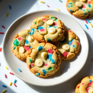 Gather these simple ingredients to make your Funfetti Birthday Cake Cookies: - 1 cup unsalted butter, softened to room temperature - 1 cup granulated sugar - 1 cup packed brown sugar - 2 large eggs, at room temperature - 1 teaspoon pure vanilla extract - 3 cups all-purpose flour, sifted - 1 teaspoon baking soda - 1 teaspoon baking powder - 1/2 teaspoon salt - 1 cup rainbow sprinkles (jimmies) - 1 cup white chocolate chips These ingredients come together to create a fun and tasty cookie. The butter gives softness, while the sugars add sweetness. Eggs help bind everything, making the cookies chewy. Vanilla extract adds a warm flavor that everyone loves. The flour provides structure, and the baking soda and baking powder help the cookies rise. Salt enhances the sweetness, while the rainbow sprinkles and white chocolate chips bring joy and color. You can mix and match these ingredients as needed, but this list keeps the essence of Funfetti cookies. {{ingredient_image_2}} First, set your oven to 350°F (175°C). Line two baking sheets with parchment paper. This helps the cookies not stick. In a large bowl, mix 1 cup of softened butter with 1 cup of granulated sugar and 1 cup of brown sugar. Use a mixer on medium speed for about 3-4 minutes. The mix should look light and fluffy. Next, add 2 large eggs, one at a time. Mix well after each egg. Then, stir in 1 teaspoon of pure vanilla extract until it blends smoothly. In another bowl, whisk together 3 cups of all-purpose flour, 1 teaspoon of baking soda, 1 teaspoon of baking powder, and 1/2 teaspoon of salt. This makes sure everything mixes well later. Slowly add the dry mix to the wet mix. Use low speed on your mixer. Mix until just combined. The dough should feel slightly sticky but not too wet. Now, grab a spatula and gently fold in 1 cup of rainbow sprinkles and 1 cup of white chocolate chips. Make sure they spread evenly in the dough. Use a cookie scoop or tablespoon to drop rounded dough balls onto the lined sheets. Leave about 2 inches between each cookie. This gives them space to spread. Place the baking sheets in the oven. Bake for 10-12 minutes. Look for lightly golden edges and soft centers. Don’t overbake, or they will not be chewy. Once baked, take the cookies out and let them sit on the sheets for 5 minutes. Then, move them to a wire rack to cool completely. Enjoy the sweet smell as they cool! To make the best Funfetti cookies, start by using room-temperature butter. This helps the butter mix well with the sugars. Beat the butter and sugars for about 3-4 minutes. This step adds air and makes the cookies fluffy. When adding the dry ingredients, mix slowly. If you mix too fast, it can make the cookies tough. Fold in the sprinkles and chocolate chips gently. This keeps them whole and visible in the cookie. To keep your cookies fresh, store them in an airtight container. This prevents them from drying out. You can also place a slice of bread in the container. The bread helps keep the cookies soft and moist. If you want to keep cookies longer, freeze them. Place them in a freezer-safe bag or container. They can last up to three months in the freezer. Just let them thaw at room temperature before enjoying. Make your cookies look extra special! Use a colorful plate to display them. Add more sprinkles on top for that fun look. You can even stack the cookies high for a festive vibe. This simple detail can impress your guests and make your treats stand out. Pro Tips Chill Your Dough: For thicker cookies, chill the dough for at least 30 minutes before baking. This helps prevent excessive spreading and ensures a chewy texture. Use Fresh Ingredients: Ensure your baking soda and baking powder are fresh for optimal rise. Stale leavening agents can lead to flat cookies. Experiment with Sprinkles: For a unique twist, try using different types of sprinkles, such as chocolate or metallic ones, to enhance both flavor and appearance. Storage Tips: Store cookies in an airtight container at room temperature for up to a week. For longer storage, freeze them in a single layer and then transfer to a freezer bag. {{image_4}} To make gluten-free Funfetti cookies, swap the all-purpose flour for a gluten-free blend. Look for a mix that has xanthan gum in it. This helps the cookies hold together. Follow the same steps in the recipe. You will enjoy soft, chewy cookies that taste just like the classic version. For a rich twist, add chocolate chips to the funfetti mix. Use half a cup of chocolate chips and mix them in with the sprinkles. This adds a nice depth to the flavor. You get the sweetness of white chocolate and the richness of dark chocolate. Each bite will delight your taste buds. To make these cookies vegan, replace the eggs with flax eggs. Mix one tablespoon of flaxseed meal with three tablespoons of water for each egg. Let it sit until it thickens. Use coconut oil instead of butter and a plant-based milk to keep the dough moist. These cookies will still be colorful and tasty, perfect for any party! To keep your Funfetti birthday cake cookies fresh, place them in an airtight container. This helps prevent them from drying out. You can stack the cookies with parchment paper between layers. This keeps them from sticking together. Store the container at room temperature for easy access. You can freeze these cookies for later enjoyment. First, let the cookies cool completely. Then, place them in a single layer on a baking sheet. Freeze them for about an hour. After they are firm, transfer them to a freezer-safe bag. Label the bag with the date. You can freeze them for up to three months. When stored properly, these cookies last about one week at room temperature. If you freeze them, they stay good for three months. Just remember to let them thaw at room temperature before eating. This way, you get that fresh-baked taste every time! Funfetti birthday cake cookies are soft, chewy cookies packed with fun sprinkles. They have a sweet, buttery taste and a delightful crunch from the sprinkles. These cookies are perfect for any celebration, bringing joy with each bite. They capture the essence of a classic birthday cake in a cookie form. Yes, you can! Use any type of sprinkles you like. Try different colors or shapes to match your party theme. Mix in chocolate sprinkles or even holiday-themed ones for a festive twist. The more colorful the sprinkles, the more fun your cookies will look! To keep your cookies soft, store them in an airtight container. Add a slice of bread to the container to help retain moisture. This simple trick keeps your cookies fresh and soft for longer. Avoid leaving them out in the open air, which can dry them out. You can make these cookies without eggs by using substitutes. Try 1/4 cup of unsweetened applesauce for each egg. Another option is to use 1 tablespoon of flaxseed meal mixed with 2.5 tablespoons of water. Let it sit for a few minutes to thicken. Both methods work great and keep your cookies delicious! In this post, we covered how to make Funfetti Birthday Cake Cookies from start to finish. We walked through the needed ingredients, step-by-step instructions, and tips for perfect results. You now know how to store and even customize your cookies. Remember, baking is all about fun and creativity. Try different variations to find your favorite. Now, get your baking gear ready and enjoy making these delicious treats!