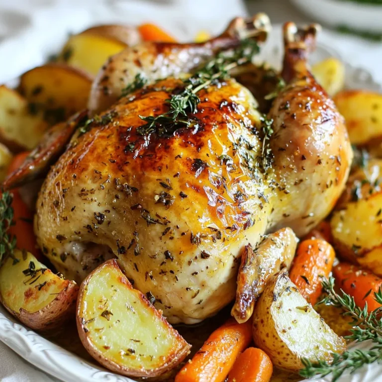 - Whole chicken (4-5 lbs) - Unsalted butter (1/2 cup, softened) - Garlic (6 cloves, minced) - Fresh herbs (rosemary, thyme, parsley) - Lemons (halved) - Vegetables (onion, carrots, potatoes) - Seasonings (salt and black pepper, olive oil) To make Garlic Herb Butter Roasted Chicken, gather these ingredients. Start with a whole chicken, around 4-5 pounds. This size cooks well, giving you juicy meat. Use unsalted butter, half a cup, left out to soften. This makes it easy to mix. Next, you need six cloves of garlic. Mince them finely to release their strong flavor. Fresh herbs are key. Use rosemary, thyme, and parsley for a fresh taste. You’ll need two tablespoons of rosemary, two tablespoons of thyme, and one tablespoon of parsley. Lemons add brightness. Halve one lemon and set it aside. For the veggies, use one quartered onion, four thick chunks of carrots, and three potato wedges. These veggies roast nicely with the chicken. Finally, season with salt and black pepper. Drizzle some olive oil over the veggies to enhance their flavor. Each ingredient plays a role in making the chicken taste great. The herbs and garlic give deep flavor, while the lemon keeps it fresh. Enjoy the cooking process! {{ingredient_image_2}} 1. Preheat the oven to 425°F (220°C). This helps cook the chicken evenly. 2. In a bowl, mix the softened butter, minced garlic, rosemary, thyme, parsley, salt, and pepper. Stir until smooth. 3. Pat the chicken dry with paper towels. This makes the skin crispy. Place the chicken breast-side up in a roasting pan. Lift the skin gently over the breast and thighs. 1. Spread half of the herb butter mixture under the skin. This adds deep flavor. 2. Rub the rest of the herb butter all over the chicken’s surface. Coat every spot for rich taste. 3. Squeeze juice from one lemon half inside the chicken cavity. Place both lemon halves and the quartered onion inside. This adds moisture and flavor. Surround the chicken with carrots and potato wedges in the roasting pan. Drizzle olive oil over the veggies and season with salt and pepper. 1. Roast the chicken in the oven for about 1 hour and 15 minutes. Check that the internal temperature reaches 165°F (75°C) in the thigh. 2. Halfway through, baste the chicken with its juices. This keeps it moist and tasty. 3. When it’s golden and cooked, remove the chicken. Let it rest for 10-15 minutes before carving. This helps the juices settle for a tender bite. - How to achieve crispy skin: Start by drying the chicken well with paper towels. This step helps crisp the skin. Use a high oven temperature, like 425°F, to create a nice golden crust. Basting the chicken halfway through with its own juices adds flavor and moisture. - Importance of letting the chicken rest: Resting the chicken is key to juicy meat. After roasting, let it sit for 10-15 minutes. This time allows the juices to settle, giving you tender, flavorful bites. - Using dry white wine in the pan: Pour a splash of dry white wine in the pan. This adds depth to the flavor and creates a tasty base for the drippings. The wine also helps keep the chicken moist as it cooks. - Alternate herb combinations: You can mix and match herbs. Try using sage or oregano for a different taste. Fresh herbs bring brightness, while dried herbs can add a robust flavor. - Using a meat thermometer: A meat thermometer is your best friend. Insert it into the thickest part of the thigh. The chicken is done when it reads 165°F. This step ensures you avoid undercooked or dry meat. - Adjusting cooking time for different sizes of chicken: Cooking time varies with size. A larger chicken may need more time, while smaller ones cook faster. Keep an eye on the thermometer for perfect results. Pro Tips Pat the Chicken Dry: Thoroughly drying the chicken with paper towels before seasoning helps achieve a crispy skin during roasting. Use Fresh Herbs: Fresh herbs enhance the flavor significantly compared to dried ones, so opt for fresh rosemary, thyme, and parsley for the best results. Baste for Moisture: Basting the chicken with its own juices halfway through the cooking time will keep it moist and flavorful. Let it Rest: Allowing the chicken to rest for 10-15 minutes after roasting allows the juices to redistribute, ensuring a tender and juicy bite. {{image_4}} You can change the taste of your garlic herb butter roasted chicken with just a few tweaks. - Lemon herb version: Add more lemon zest to the butter. This will give a fresh, bright flavor. You can also sprinkle lemon juice over the chicken before roasting. The citrus will keep the meat juicy and add a nice zing. - Spicy garlic butter version: Mix in red pepper flakes with the herb butter. This will give your chicken a warm kick. You can also add some smoked paprika for a deeper flavor. This version pairs well with roasted vegetables. If you have special dietary needs, you can still enjoy this dish. - Gluten-free modifications: This recipe is naturally gluten-free. All the ingredients are safe for those who avoid gluten. Just ensure that any added ingredients, like broth or sauces, are gluten-free. - Low-calorie alternatives: To cut calories, you can use less butter. Try replacing half the butter with a mix of olive oil and lemon juice. This keeps the flavor but makes it lighter. Pair your roasted chicken with the right sides for a full meal. - Best side dishes to pair: Roasted vegetables like carrots and potatoes are perfect. You can also serve a fresh salad or some steamed green beans for balance. - Creating a complete meal experience: To make this a special meal, add some crusty bread and a nice wine. A light white wine complements the flavors well. Finish with a simple dessert like fruit or sorbet for a lovely end to your dinner. To keep your leftover garlic herb butter roasted chicken fresh, follow these tips: - Allow the chicken to cool down at room temperature for about 30 minutes. - Wrap the chicken tightly in plastic wrap or foil. - Place the wrapped chicken in an airtight container. - Store it in the fridge. Leftovers can last up to four days. If you want to keep them longer, consider freezing them. Just make sure to use a freezer-safe bag or container. When reheating, you have two main choices: the oven or the microwave. - Oven Method: Preheat your oven to 350°F (175°C). Place the chicken in a baking dish and cover it with foil. Heat for about 20-30 minutes, or until warmed through. This method keeps the skin crispy and the meat juicy. - Microwave Method: Place the chicken on a microwave-safe plate. Cover it with a microwave-safe lid or paper towel. Heat in short bursts of 1-2 minutes. This method is quicker, but it may dry out the meat. To maintain moisture and flavor, add a splash of broth or water before reheating. What is the best way to ensure the chicken is juicy? The best way to keep your chicken juicy is to use a meat thermometer. Check the thickest part of the thigh for a temperature of 165°F (75°C). Also, let it rest before slicing. This helps the juices spread throughout the meat. Can I use frozen chicken for this recipe? It is not best to cook frozen chicken directly. It is safer and better to thaw it first in the fridge. Thawing helps the chicken cook evenly, keeping it juicy and full of flavor. What can I substitute for fresh herbs? If you don’t have fresh herbs, you can use dried herbs. Use one-third of the amount if they are dried. For example, use 1 tablespoon of dried herbs instead of 3 tablespoons of fresh. Herbs like Italian seasoning can work well too. How do I know when the chicken is fully cooked? Use a meat thermometer to check for doneness. Insert it in the thickest part of the thigh. The chicken is done when it reaches 165°F (75°C). If you don’t have a thermometer, the juices should run clear when you slice into the meat. This blog post covered the key steps to make a delicious garlic herb butter roasted chicken. You learned about the necessary ingredients, the step-by-step cooking process, and important tips for perfecting the roast. We also explored flavorful variations and how to store and reheat leftovers effectively. By following these guidelines, you can create a tasty meal that your family will love. Enjoy the cooking process, and trust that with practice, you’ll master this dish!
