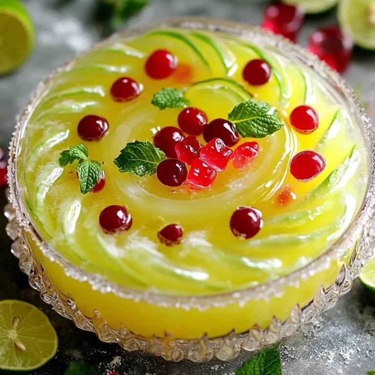 - 4 cups of lime sherbet - 2 liters of lemon-lime soda (like Sprite or 7Up) - 1 cup of cranberry juice - 1/2 cup of pineapple juice - 1 teaspoon of freshly squeezed lime juice - Fresh mint leaves for garnish - Lime slices for garnish The main stars of Grinch Punch are lime sherbet and lemon-lime soda. The sherbet adds a creamy base. The soda gives a fun fizz. Cranberry juice brings a sweet-tart flavor. Pineapple juice adds a tropical twist. Finally, lime juice boosts the taste. - Gummy candies - Fresh mint leaves For extra fun, add gummy candies. They make the punch playful and colorful. Fresh mint leaves also enhance the drink’s look and flavor. These extras make your Grinch Punch even more festive. {{ingredient_image_2}} 1. Start by scooping 4 cups of lime sherbet. Place it right in the center of your large punch bowl. This bright green sherbet makes your drink fun and festive. 2. Next, grab a separate pitcher. Mix 1 cup of cranberry juice, 1/2 cup of pineapple juice, and 1 teaspoon of freshly squeezed lime juice. Stir until all juices blend well together. 3. Slowly pour the juice mixture over the scooped lime sherbet. Let the juices flow around the sherbet without fully melting it. This keeps the punch creamy and delicious. 4. Now, gently add 2 liters of lemon-lime soda to the punch bowl. The soda brings a nice fizz. Stir lightly to mix but be careful not to lose that sparkle! 5. For a fun twist, add red and green gummy candies on top. You can let them float or place them right on the surface. They add a playful touch! 6. Just before serving, add fresh mint leaves and a slice of lime to each glass. This makes your punch look nice and adds extra flavor. When you mix Grinch Punch, gentle stirring is key. This helps keep the fizz from the soda. If you stir too hard, the bubbles will fade away. You want a punch that is both fizzy and creamy. To keep the carbonation, pour the soda slowly. This way, you maintain that bubbly texture. It’s all about balance. You want to combine flavors without losing the fun fizz. Get creative with your glassware! Use colorful cups or clear glasses. This makes the green and red hues pop. It adds to the festive feel of your drink. For garnishing, think whimsical! Add fresh mint leaves and lime slices to each glass. You can also float gummy candies on top. This makes your punch look fun and tasty. It’s all about making each sip a delight! Pro Tips Chill the Ingredients: For an extra refreshing punch, chill the juices and soda before mixing them. This way, the punch stays cold longer without needing too much ice, which can dilute the flavors. Experiment with Flavors: Feel free to mix in other fruit juices like orange or grapefruit for a unique twist. This can change the flavor profile and make it even more festive! Presentation Matters: Use fun and colorful cups or glasses to serve the punch. Adding whimsical straws or even festive drink stirrers can enhance the overall presentation. Garnish Wisely: Besides mint and lime slices, consider adding edible flowers or fruit skewers for garnishing. This not only adds to the visual appeal but also enhances the flavor with every sip! {{image_4}} You can make Grinch Punch without alcohol and still keep it fun. Here are some ideas: - Alternative juices and sweeteners: Swap cranberry juice for apple or grape juice. Use honey or agave for sweetness if you want less sugar. - Different sherbet flavors: Try raspberry or lemon sherbet instead of lime. Each flavor can give a new twist to the punch. If you want to add a little cheer, consider these options: - Adding vodka or rum: A splash of vodka makes the punch a bit stronger. Rum adds a sweet and warm flavor. Start with one cup and taste. - Flavor pairings with alcohol: Pair the vodka with a splash of orange juice for a fruity boost. Rum goes well with ginger ale for added spice. If you have leftover Grinch Punch, you can store it in the fridge. Pour any extra punch into a large pitcher. Cover it with a lid or plastic wrap. This will keep it fresh for a day or two. However, the punch may lose some fizz. To keep it bubbly, only store the punch without the soda. To keep the ingredients fresh, avoid mixing in the soda until you're ready to serve. Store the sherbet in the freezer. Keep the juices in the fridge. This way, everything stays tasty for your next gathering. If you want to make Grinch Punch ahead of time, it’s simple. Prepare the juice mixture first. Mix the cranberry, pineapple, and lime juices together. You can store this juice blend in the fridge. This keeps it fresh and cold. Add the sherbet just before serving for the best texture. If you add the soda too early, it will lose its fizz. You want that fun, fizzy feeling when your guests take a sip. For a pop of color, keep your gummy candies in a separate bowl. Add them to the punch right before serving. This keeps the punch looking festive and fun. Grinch Punch is a fun, festive drink perfect for holiday gatherings. It features a bright green color, thanks to lime sherbet. The drink combines different flavors like sweet and tangy. You mix lime sherbet with lemon-lime soda, cranberry juice, and pineapple juice. This mix creates a bubbly and creamy delight that everyone will love. You can also add gummy candies for a playful touch. Yes, you can prepare Grinch Punch ahead of time! To do this, mix the juices and keep them in the fridge. Wait until you are ready to serve to add the lime sherbet and soda. This keeps the punch fizzy and fresh. When serving, you can scoop the sherbet into a punch bowl and pour over the juice mix. Then, add the soda for that fun fizz right before serving. If lime sherbet isn't your favorite, you can easily swap it out. Try using lemon sherbet for a similar taste, or even rainbow sherbet for a colorful twist. You can also use vanilla ice cream for a creamy base. This gives you a different flavor while keeping the drink festive. Just remember, the key is to have something that mixes well with the juices! Grinch Punch combines vibrant flavors, festive colors, and easy preparation. You just mix lime sherbet, various juices, and soda for a fun drink. Don't forget to add gummy candies and fresh mint for flair. Whether you choose a non-alcoholic or boozy version, this punch will impress everyone. Store leftovers properly to keep them fresh. Making it ahead saves time and boosts the fun. Enjoy this delightful drink at your next gathering, and spread holiday cheer!