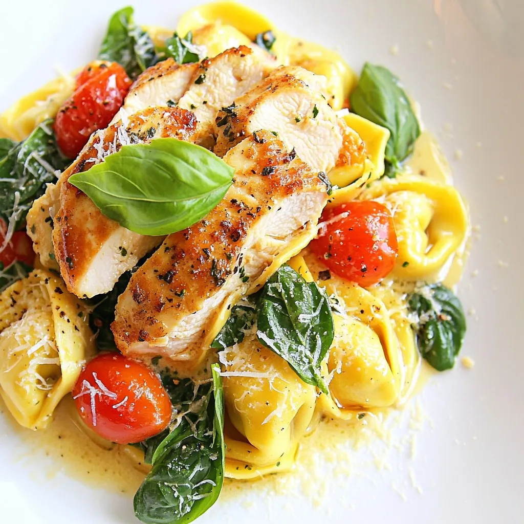 To create Marry Me Chicken Tortellini, you need fresh ingredients that make this dish shine. Here’s what you will need: - 2 boneless, skinless chicken breasts - 1 tablespoon olive oil - Salt and freshly ground pepper, to taste - 2 cloves garlic, finely minced - 1 cup cherry tomatoes, halved - 1 cup heavy cream - 1 cup low-sodium chicken broth - 1 cup fresh baby spinach - 1 teaspoon Italian seasoning - 8 ounces plain or cheese-filled tortellini - ½ cup freshly grated Parmesan cheese - Fresh basil leaves, for garnish Each ingredient plays a key role in building flavor and texture. The chicken forms the heart of the dish. The olive oil helps in cooking and adds richness. Salt and pepper bring out the flavors of the chicken. Garlic adds a lovely aroma; it’s essential for depth. Cherry tomatoes add sweetness and a pop of color. Heavy cream creates the luscious sauce, while chicken broth adds a savory base. Fresh baby spinach contributes nutrients and brightens the dish. Italian seasoning infuses a touch of herbaceous flavor. Tortellini adds a comforting element, and Parmesan gives a salty finish. Finally, fresh basil elevates the presentation and adds freshness. Gather these ingredients to set yourself up for success. Every bite will be a delightful mix of flavors, making this dinner a memorable one. {{ingredient_image_2}} To start, season both sides of the chicken breasts. Use salt and freshly ground pepper. Next, heat olive oil in a large skillet over medium heat. Once the oil is hot, add the chicken breasts. Cook them for about 6-7 minutes on each side. They should turn golden brown and reach an internal temperature of 165°F. After cooking, transfer the chicken to a cutting board. Let it rest for a few minutes before slicing it into bite-sized pieces. Now, let’s make the sauce! In that same skillet, reduce the heat to medium-low. Add the minced garlic and sauté it for about 30 seconds. Stir it often until it smells fragrant and turns lightly golden. Be careful not to burn it. Next, add the halved cherry tomatoes to the skillet. Stir them and cook for 2-3 minutes. This helps them soften and release their juices. After that, pour in the heavy cream and chicken broth. Sprinkle in the Italian seasoning and stir well. Increase the heat a bit and let it simmer for about 2 minutes. It's time to cook the tortellini! Add the tortellini to the sauce in the skillet. Follow the package instructions, which is usually about 3-5 minutes. Make sure the tortellini cooks until it is al dente. This means it should be firm when you bite into it. Stir gently to coat the tortellini with the sauce. Once the tortellini is cooked, fold in the fresh baby spinach and grated Parmesan cheese. Stir until the spinach wilts and the cheese melts. Then, slice the rested chicken into strips. Return the chicken to the skillet and gently mix everything together. Heat through for an additional minute. It’s time to plate the dish! Serve hot with creamy tortellini, chicken, and spinach. Top with fresh basil leaves for extra flavor. - Optimizing chicken tenderness: Start by seasoning your chicken well. Salt and pepper enhance flavor. Sear the chicken in olive oil over medium heat. Cook until golden brown, about 6-7 minutes per side. Let it rest before slicing. This keeps it juicy. - Perfectly sautéing garlic: Use medium-low heat for garlic. Add it to the skillet after cooking chicken. Stir it for around 30 seconds until fragrant. Watch closely; garlic can burn quickly. A light golden color is ideal. - Suggestions for additional herbs: Fresh herbs boost flavor. Try adding thyme or oregano for depth. You can also mix in some chopped parsley for freshness. These herbs complement the dish well. - Tips for seasoning: Taste your sauce as you cook. Adjust salt and pepper gradually to avoid over-seasoning. A pinch of red pepper flakes can add a nice kick. - Ideal pairings with side dishes: This dish pairs well with a simple green salad. Garlic bread also complements the creamy sauce. Roasted vegetables can add color and nutrition. - Creative plating ideas: Serve the tortellini in a shallow bowl. This lets you showcase the colorful ingredients. Garnish generously with fresh basil leaves. A sprinkle of extra Parmesan cheese can make it look fancy. Pro Tips Choose Quality Chicken: Opt for organic or free-range chicken breasts for better flavor and texture in your dish. Perfectly Sautéed Garlic: Keep a close eye on the garlic while sautéing to prevent burning; it should be fragrant and golden, not dark brown. Customize Your Tortellini: Feel free to use flavored tortellini, such as spinach or mushroom, to add an extra layer of flavor to your dish. Fresh Basil Addition: Add the fresh basil at the end for maximum flavor; it will wilt slightly but retain its vibrant color and aroma. {{image_4}} - Alternatives for chicken: You can use turkey or pork in place of chicken. They provide a similar taste and texture. If you want a lighter option, consider using grilled shrimp. - Vegetarian options: Swap the chicken for hearty mushrooms or eggplant. These options add rich flavors and a satisfying bite. You can also use tofu to make it a protein-packed meal. - Adding different vegetables: Try adding bell peppers or zucchini for extra color and crunch. You can also toss in broccoli or peas for a touch of sweetness. These veggies cook quickly and blend well with the sauce. - Changing sauce ingredients: Instead of heavy cream, use coconut milk for a dairy-free twist. You can also add a splash of white wine for a depth of flavor. Experimenting with different herbs can also enhance the taste. - Different types of tortellini to use: Choose from cheese-filled, spinach, or meat tortellini. Each type brings its own unique flavor to the dish. - Gluten-free alternatives: Look for gluten-free tortellini made from rice or corn flour. These options ensure everyone can enjoy this meal without worry. To keep your Marry Me Chicken Tortellini fresh, use airtight containers. Glass or plastic containers work well. Make sure the dish cools down before you put it in the fridge. Let it sit at room temperature for about 30 minutes. This step helps prevent moisture build-up. When you want to enjoy leftovers, the stove is best. Heat it in a pan over low heat. Stir often to warm it evenly. If you use a microwave, do it in short bursts. This way, you avoid overcooking the tortellini. If you want to save some for later, freezing works great. Place the dish in freezer-safe containers. Leave a little space at the top for expansion. To thaw, move it to the fridge overnight. Reheat on the stove or microwave until hot. Enjoy your delicious meal again! Marry Me Chicken Tortellini is a creamy pasta dish. It features tender chicken and delicious tortellini. The dish gets its name from its rich flavors, making it perfect for special occasions. The blend of garlic, tomatoes, and spinach adds fresh tastes. You will love the warmth and comfort it brings to your dinner table. Yes, you can prepare Marry Me Chicken Tortellini ahead. Cook the chicken and make the sauce in advance. Store them in separate containers in the fridge. When ready to serve, heat the sauce and add the tortellini. This method saves time and still tastes great. To lighten this dish, you can swap some ingredients. Use boneless chicken thighs instead of breasts for more flavor. Replace heavy cream with half-and-half or coconut milk for fewer calories. You can also use whole wheat tortellini for more fiber. Fresh herbs can give it great taste without extra calories. This dish pairs well with various sides. A simple green salad adds freshness. Garlic bread is great for dipping into the creamy sauce. Roasted vegetables also complement the flavors nicely. For a light option, steamed broccoli or asparagus works well too. This dish combines tender chicken, creamy sauce, and tortellini for a true delight. You learned how to prepare each ingredient and enhance flavors with simple tips. Variations allow you to customize the recipe based on your taste. Proper storage and reheating methods keep leftovers fresh. Whether you serve it to friends or family, this meal impresses every time. Enjoy your culinary creation, and feel free to make it your own!