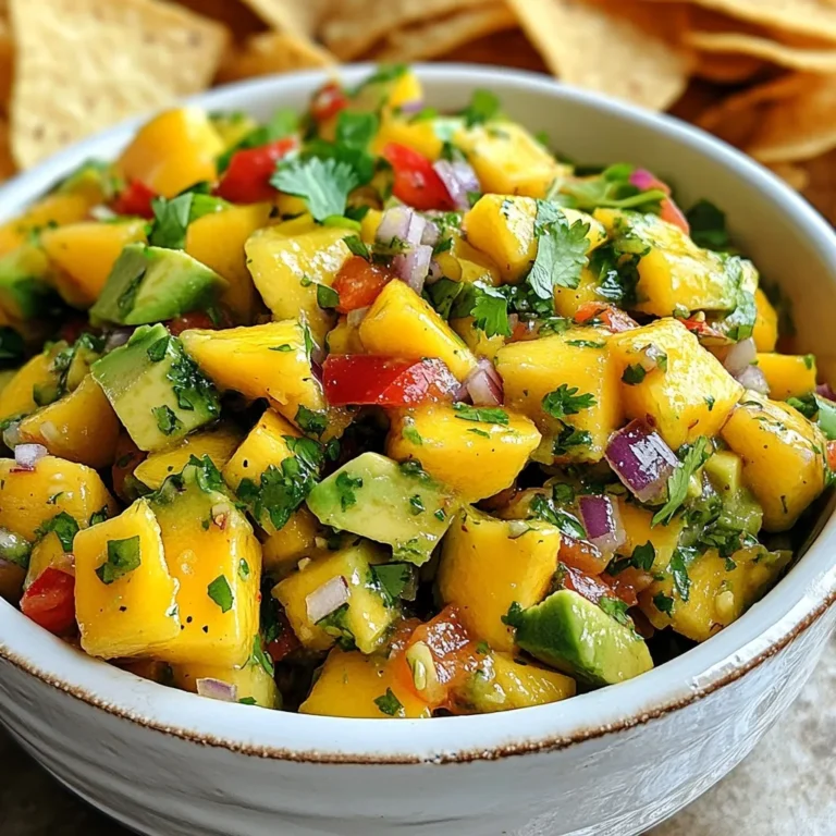 - 1 ripe mango, diced into small cubes - 2 ripe avocados, diced into bite-sized pieces - 1 red bell pepper, finely diced - 1 small red onion, finely chopped - 1 jalapeño, deseeded and minced (optional for added heat) - 2 tablespoons freshly squeezed lime juice - 1 tablespoon extra virgin olive oil - 1/4 cup fresh cilantro, roughly chopped - Salt and freshly ground pepper to taste When I create mango avocado salsa, I focus on fresh, vibrant ingredients. Each item adds its own flavor. The ripe mango brings sweetness. The avocado adds creaminess. The red bell pepper gives a nice crunch. I pick a ripe mango by looking for a slight give when I press it gently. It should smell sweet. For avocados, I choose ones that yield slightly under pressure. They should feel soft but not mushy. I also enjoy adding red onion for a sharp kick. The jalapeño is optional. If you want heat, keep it. If not, leave it out. Fresh lime juice brightens the dish and balances the flavors. Olive oil adds richness. I love using extra virgin for its fruity taste. Cilantro offers a fresh herbal note. Finally, I season with salt and pepper to enhance all the flavors. Each ingredient plays a role in making this salsa a fresh and flavorful delight. {{ingredient_image_2}} Start by prepping all your ingredients. First, peel and dice the ripe mango into small cubes. Make sure to keep the mango pieces separate so they stay pretty. Next, take two ripe avocados. Cut them in half, remove the pit, and scoop the flesh out. Dice the avocado into bite-sized pieces. Now, let’s chop the red bell pepper. Slice it in half and remove the seeds. Finely chop it into small pieces. Then, take a small red onion. Peel it and chop it finely as well. If you like heat, you can also prep a jalapeño. Just slice it, remove the seeds, and mince it up. If you want less spice, skip the jalapeño. In a large mixing bowl, combine the diced mango, avocado, red bell pepper, chopped red onion, and minced jalapeño. Look at the colors! They are bright and inviting. Next, drizzle 2 tablespoons of freshly squeezed lime juice over the mixture. Add 1 tablespoon of extra virgin olive oil too. This will make the salsa fresh and tasty. Gently toss all the ingredients together with a spatula. Be careful not to mash the avocado. You want it to stay chunky and delicious. Now, it’s time to season your salsa. Add salt and freshly ground pepper to taste. You can adjust the lime juice or other seasonings based on your preference. This is your salsa, after all! Let your salsa rest at room temperature for about 10-15 minutes. This step is key. It helps the flavors blend beautifully. The longer they sit, the better your salsa will taste! How to choose ripe mangoes To pick a ripe mango, gently squeeze it. A ripe mango feels slightly soft. Look for a mango with a rich color. The skin may have some wrinkles, which is a good sign. Avoid mangoes with large dark spots or hard areas. Picking the right avocados When choosing avocados, feel them for ripeness. They should yield slightly to gentle pressure. A dark green or black skin often means it’s ripe. If it feels too soft, it may be overripe. If it’s hard, it needs more time to ripen. Tips for maintaining chunky salsa To keep your salsa chunky, handle the ingredients gently. Dice the mango and avocado carefully. Mix everything slowly in the bowl. Avoid mashing the avocados to keep that nice texture. Adjusting heat levels with jalapeño If you like heat, add jalapeño to your salsa. For less heat, remove the seeds. You can skip it altogether if you prefer no spice. Always taste your salsa as you go, adjusting the heat to your liking. Serving ideas with tortilla chips Serve your salsa in a rustic bowl. Surround it with crispy tortilla chips. This makes a colorful and inviting display. Guests will love to dig in! Garnishing options for visual appeal Add a sprig of fresh cilantro on top. A lime wedge adds bright color, too. These small touches make your salsa look even more delicious. Enjoy the compliments! Pro Tips Choose Ripe Fruits: Ensure your mango and avocados are perfectly ripe for the best flavor and texture. A ripe mango should yield slightly to pressure, while avocados should also feel soft but not mushy. Customize Heat Level: Adjust the amount of jalapeño according to your heat preference. For a milder salsa, you can omit the jalapeño altogether or use a smaller portion. Let It Rest: Allowing the salsa to sit for 10-15 minutes before serving helps the flavors to meld together, resulting in a more delicious and harmonious dish. Experiment with Add-Ins: Feel free to add other ingredients like diced tomatoes, corn, or black beans to create a unique twist on this salsa that suits your taste. {{image_4}} You can switch up the fruit for fun. Try using pineapple or peach instead of mango. These fruits add a sweet twist to your salsa. You can also add black beans for a protein boost. This makes the salsa heartier and adds fiber. Want to deepen the flavor? Adding garlic or ginger can work wonders. A small amount goes a long way. You can also try different herbs. Mint can give your salsa a fresh taste that surprises the palate. This salsa is great for many diets. It’s naturally gluten-free and vegan, making it a safe choice. If you want to lower the calories, skip the olive oil. This keeps all the fresh flavors without adding extra fat. Enjoy your healthy and bright mango avocado salsa! To keep your mango avocado salsa fresh, store leftovers in an airtight container. This helps keep out air and moisture. Salsa stays good in the fridge for about three days. After that, the avocado may brown and the flavors fade. You can freeze mango avocado salsa, but it may change texture. To freeze, put it in a freezer-safe container. Leave some space at the top for expansion. When ready to use, thaw it in the fridge overnight. Stir gently to mix before serving. Check for signs of spoilage before eating. If the salsa smells sour or has an off-color, it's best to discard it. Also, if you see mold, throw it away. Practice good food handling by washing your hands and using clean utensils. This keeps your food safe and tasty! Mango avocado salsa offers many health benefits. First, mangoes are rich in vitamins A and C. These vitamins help boost your immune system and improve skin health. Avocados add healthy fats, which are good for your heart. They also provide fiber, which aids digestion. Together, these ingredients create a tasty and nutritious dish. You can prepare this salsa a few hours before serving. Start by chopping all the ingredients but keep the avocado separate until just before serving. This helps prevent browning. Store the salsa in an airtight container in the fridge. When you are ready to serve, mix in the avocado and season to taste. Yes, you can use canned ingredients if fresh ones are not available. Canned mango can work well, but it may taste sweeter. Canned peppers can replace fresh bell peppers. However, using fresh ingredients tends to give the salsa better flavor and texture. Keep this in mind when making your choice. Mango avocado salsa is fresh, flavorful, and fun to make. We've covered key ingredients like mangoes, avocados, and red bell peppers, plus helpful tips for selecting the best produce. Remember, mixing flavors and textures can elevate your dish. Whether you serve it with chips or add protein, feel free to experiment. Proper storage ensures freshness, and knowing when to throw away salsa helps keep you safe. Enjoy creating this versatile salsa that fits any meal or occasion.