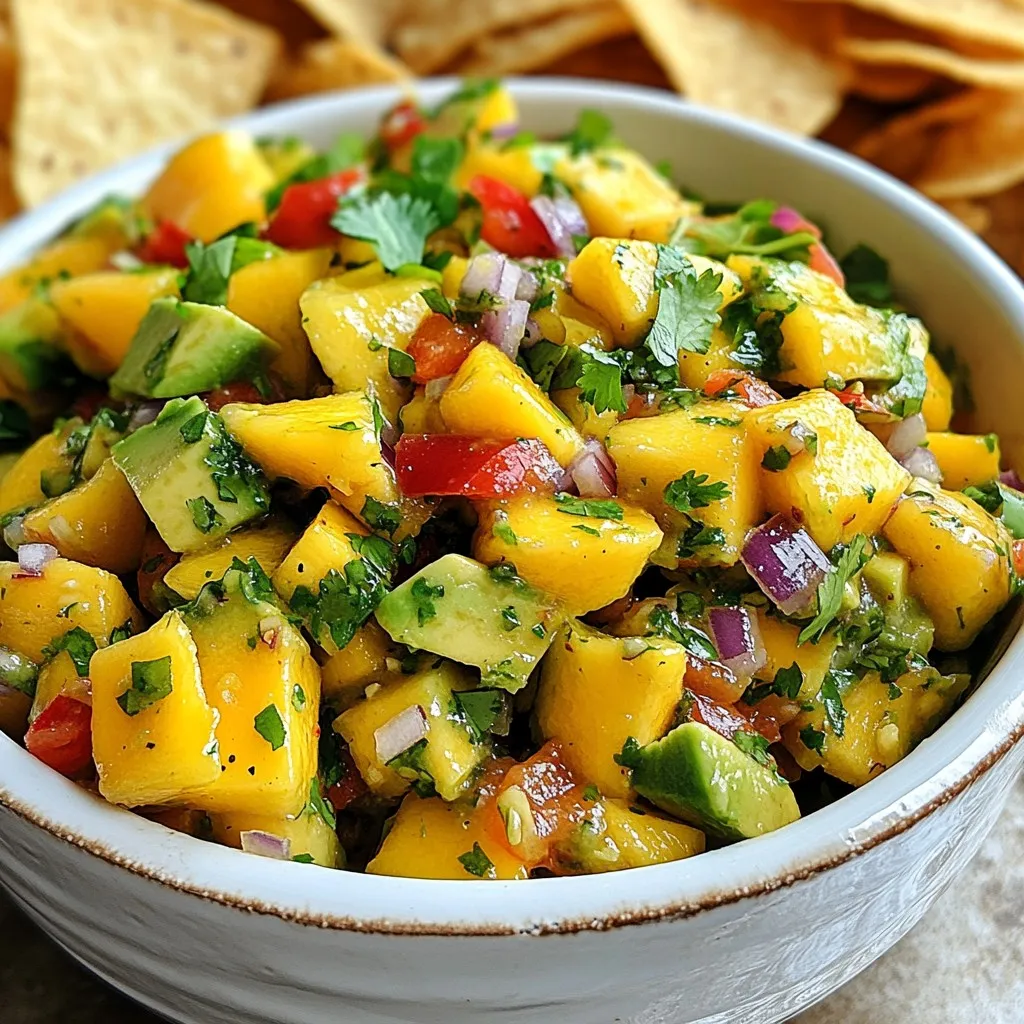 - 1 ripe mango, diced into small cubes - 2 ripe avocados, diced into bite-sized pieces - 1 red bell pepper, finely diced - 1 small red onion, finely chopped - 1 jalapeño, deseeded and minced (optional for added heat) - 2 tablespoons freshly squeezed lime juice - 1 tablespoon extra virgin olive oil - 1/4 cup fresh cilantro, roughly chopped - Salt and freshly ground pepper to taste When I create mango avocado salsa, I focus on fresh, vibrant ingredients. Each item adds its own flavor. The ripe mango brings sweetness. The avocado adds creaminess. The red bell pepper gives a nice crunch. I pick a ripe mango by looking for a slight give when I press it gently. It should smell sweet. For avocados, I choose ones that yield slightly under pressure. They should feel soft but not mushy. I also enjoy adding red onion for a sharp kick. The jalapeño is optional. If you want heat, keep it. If not, leave it out. Fresh lime juice brightens the dish and balances the flavors. Olive oil adds richness. I love using extra virgin for its fruity taste. Cilantro offers a fresh herbal note. Finally, I season with salt and pepper to enhance all the flavors. Each ingredient plays a role in making this salsa a fresh and flavorful delight. {{ingredient_image_2}} Start by prepping all your ingredients. First, peel and dice the ripe mango into small cubes. Make sure to keep the mango pieces separate so they stay pretty. Next, take two ripe avocados. Cut them in half, remove the pit, and scoop the flesh out. Dice the avocado into bite-sized pieces. Now, let’s chop the red bell pepper. Slice it in half and remove the seeds. Finely chop it into small pieces. Then, take a small red onion. Peel it and chop it finely as well. If you like heat, you can also prep a jalapeño. Just slice it, remove the seeds, and mince it up. If you want less spice, skip the jalapeño. In a large mixing bowl, combine the diced mango, avocado, red bell pepper, chopped red onion, and minced jalapeño. Look at the colors! They are bright and inviting. Next, drizzle 2 tablespoons of freshly squeezed lime juice over the mixture. Add 1 tablespoon of extra virgin olive oil too. This will make the salsa fresh and tasty. Gently toss all the ingredients together with a spatula. Be careful not to mash the avocado. You want it to stay chunky and delicious. Now, it’s time to season your salsa. Add salt and freshly ground pepper to taste. You can adjust the lime juice or other seasonings based on your preference. This is your salsa, after all! Let your salsa rest at room temperature for about 10-15 minutes. This step is key. It helps the flavors blend beautifully. The longer they sit, the better your salsa will taste! How to choose ripe mangoes To pick a ripe mango, gently squeeze it. A ripe mango feels slightly soft. Look for a mango with a rich color. The skin may have some wrinkles, which is a good sign. Avoid mangoes with large dark spots or hard areas. Picking the right avocados When choosing avocados, feel them for ripeness. They should yield slightly to gentle pressure. A dark green or black skin often means it’s ripe. If it feels too soft, it may be overripe. If it’s hard, it needs more time to ripen. Tips for maintaining chunky salsa To keep your salsa chunky, handle the ingredients gently. Dice the mango and avocado carefully. Mix everything slowly in the bowl. Avoid mashing the avocados to keep that nice texture. Adjusting heat levels with jalapeño If you like heat, add jalapeño to your salsa. For less heat, remove the seeds. You can skip it altogether if you prefer no spice. Always taste your salsa as you go, adjusting the heat to your liking. Serving ideas with tortilla chips Serve your salsa in a rustic bowl. Surround it with crispy tortilla chips. This makes a colorful and inviting display. Guests will love to dig in! Garnishing options for visual appeal Add a sprig of fresh cilantro on top. A lime wedge adds bright color, too. These small touches make your salsa look even more delicious. Enjoy the compliments! Pro Tips Choose Ripe Fruits: Ensure your mango and avocados are perfectly ripe for the best flavor and texture. A ripe mango should yield slightly to pressure, while avocados should also feel soft but not mushy. Customize Heat Level: Adjust the amount of jalapeño according to your heat preference. For a milder salsa, you can omit the jalapeño altogether or use a smaller portion. Let It Rest: Allowing the salsa to sit for 10-15 minutes before serving helps the flavors to meld together, resulting in a more delicious and harmonious dish. Experiment with Add-Ins: Feel free to add other ingredients like diced tomatoes, corn, or black beans to create a unique twist on this salsa that suits your taste. {{image_4}} You can switch up the fruit for fun. Try using pineapple or peach instead of mango. These fruits add a sweet twist to your salsa. You can also add black beans for a protein boost. This makes the salsa heartier and adds fiber. Want to deepen the flavor? Adding garlic or ginger can work wonders. A small amount goes a long way. You can also try different herbs. Mint can give your salsa a fresh taste that surprises the palate. This salsa is great for many diets. It’s naturally gluten-free and vegan, making it a safe choice. If you want to lower the calories, skip the olive oil. This keeps all the fresh flavors without adding extra fat. Enjoy your healthy and bright mango avocado salsa! To keep your mango avocado salsa fresh, store leftovers in an airtight container. This helps keep out air and moisture. Salsa stays good in the fridge for about three days. After that, the avocado may brown and the flavors fade. You can freeze mango avocado salsa, but it may change texture. To freeze, put it in a freezer-safe container. Leave some space at the top for expansion. When ready to use, thaw it in the fridge overnight. Stir gently to mix before serving. Check for signs of spoilage before eating. If the salsa smells sour or has an off-color, it's best to discard it. Also, if you see mold, throw it away. Practice good food handling by washing your hands and using clean utensils. This keeps your food safe and tasty! Mango avocado salsa offers many health benefits. First, mangoes are rich in vitamins A and C. These vitamins help boost your immune system and improve skin health. Avocados add healthy fats, which are good for your heart. They also provide fiber, which aids digestion. Together, these ingredients create a tasty and nutritious dish. You can prepare this salsa a few hours before serving. Start by chopping all the ingredients but keep the avocado separate until just before serving. This helps prevent browning. Store the salsa in an airtight container in the fridge. When you are ready to serve, mix in the avocado and season to taste. Yes, you can use canned ingredients if fresh ones are not available. Canned mango can work well, but it may taste sweeter. Canned peppers can replace fresh bell peppers. However, using fresh ingredients tends to give the salsa better flavor and texture. Keep this in mind when making your choice. Mango avocado salsa is fresh, flavorful, and fun to make. We've covered key ingredients like mangoes, avocados, and red bell peppers, plus helpful tips for selecting the best produce. Remember, mixing flavors and textures can elevate your dish. Whether you serve it with chips or add protein, feel free to experiment. Proper storage ensures freshness, and knowing when to throw away salsa helps keep you safe. Enjoy creating this versatile salsa that fits any meal or occasion.