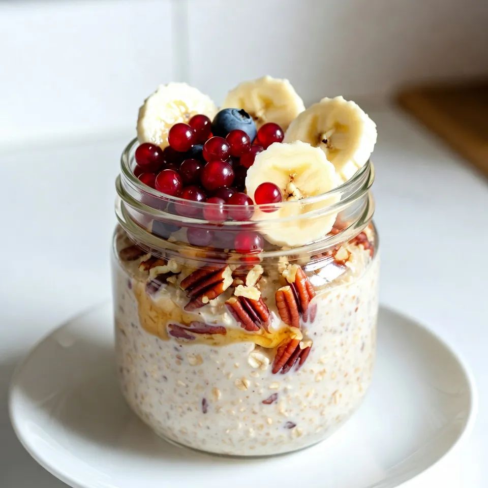 - 1 cup rolled oats - 2 cups almond milk (or any milk of your choice) - 2 tablespoons pure maple syrup - 1/2 teaspoon pure vanilla extract - 1/4 teaspoon ground cinnamon - 1/4 teaspoon sea salt - Fresh fruits for topping (like sliced banana or mixed berries) - 1/2 cup pecans, roughly chopped - Extra maple syrup for drizzling {{ingredient_image_2}} First, grab a big mixing bowl. Pour in 1 cup of rolled oats. Next, add 2 cups of almond milk, 2 tablespoons of pure maple syrup, 1/2 teaspoon of pure vanilla extract, 1/4 teaspoon of ground cinnamon, and 1/4 teaspoon of sea salt. Mix these ingredients well. Use a spoon or spatula to stir until everything blends together. You want the oats to soak up all those tasty flavors. Now it’s time to add some crunch. Take 1/2 cup of roughly chopped pecans. Gently fold them into the oat mixture. Make sure the pecans spread evenly throughout. This adds a nice texture and nutty taste. Next, spoon your oat mixture into jars or containers with lids. This makes it easy to store in the fridge. Seal the jars tightly and place them in the refrigerator. Let them sit overnight or at least for 4-6 hours. This soaking time helps the oats soften and absorb all the liquid. In the morning, your oats will be ready to enjoy! To make your oats creamy, adjust the milk. If you like thicker oats, use less milk. For a lighter texture, add more milk. Stir well before serving. This helps mix in any ingredients that settled overnight. A good stir ensures each bite is full of flavor. You can boost the taste with spices. Try adding a pinch of nutmeg or cardamom. These spices bring warmth and depth. If you want more creaminess, mix in a spoonful of yogurt. This adds tanginess and richness to your oats. Top your oats with the best fruits. Sliced bananas, strawberries, or blueberries work great. They add color and freshness. For extra sweetness, drizzle on more maple syrup. This little step makes your breakfast feel special. Pro Tips Customize Your Oats: Feel free to switch up the nuts and seeds. Almonds, walnuts, or sunflower seeds can add different textures and flavors. Soak Time Matters: For the best texture, aim for at least 6 hours of soaking. Overnight is ideal for perfectly creamy oats. Fruit Freshness: Add fresh fruits just before serving to maintain their texture and flavor. Consider seasonal fruits for the best taste! Sweetness Adjustment: Adjust the sweetness by varying the amount of maple syrup. Taste the mixture before refrigerating to find your perfect balance. {{image_4}} If you're allergic to nuts or just want to skip them, use seeds instead. Chia seeds or sunflower seeds work great. They add good crunch and protein. You can use about 1/4 cup of seeds in place of pecans. This keeps your oats tasty and healthy. You can use any milk you like. Almond milk is popular, but you can try oat milk or coconut milk too. Each type gives a different flavor and texture. Just remember, choose unsweetened versions if you want to control the sugar. Want to mix it up? Swap maple syrup for honey. Honey adds sweetness but with a different taste. You can also add some cocoa powder or chocolate chips for a rich twist. Just a tablespoon of cocoa makes it feel like dessert! To keep your maple pecan overnight oats fresh, store them in jars. Use airtight containers for the best results. Seal the lids tightly after filling. This way, your oats stay moist and delicious. It’s best to eat them within 3 to 5 days. The oats soak up the milk and flavors, making them even tastier each day. Can you freeze overnight oats? Yes, you can! Freezing works well for busy mornings. Just spoon the oats into freezer-safe containers. Leave some space at the top since they expand when frozen. They will stay fresh for up to 3 months. When ready to eat, thaw them overnight in the fridge. How long can you store prepared oats? If kept in the fridge, your oats can last for about 5 days. After that, they may lose their taste and texture. If you freeze them, remember to consume the oats within 3 months. For the best flavor, enjoy them sooner rather than later. Yes, you can! Use yogurt or plant-based alternatives like almond or coconut yogurt. You can also use water or fruit juice for a lighter taste. Just mix the oats with your chosen liquid until well combined. Remember, the oats still need moisture to soak and soften. Overnight oats should soak for at least 4 to 6 hours. This allows the oats to absorb the liquid and become creamy. If you have more time, soaking them overnight works best. You get a rich, smooth texture that’s hard to resist. You can get creative with your toppings! Try sliced bananas, strawberries, or blueberries for freshness. Nuts like almonds or walnuts add crunch. Seeds like chia or flax give a healthy boost. You can also add a dollop of yogurt or a sprinkle of chocolate chips for fun. This blog post covers everything you need to make tasty overnight oats. We explored the main ingredients like oats and maple syrup, with tips for mixing and storing. You learned ways to enhance flavors and achieve great texture. Also, we shared variations for dietary needs and stored information for best results. Now, it's your turn to create your own flavor combinations. Enjoy the fun of mixing and matching toppings to make each bowl your own! Turn oats into a quick, delicious breakfast you can love every day.