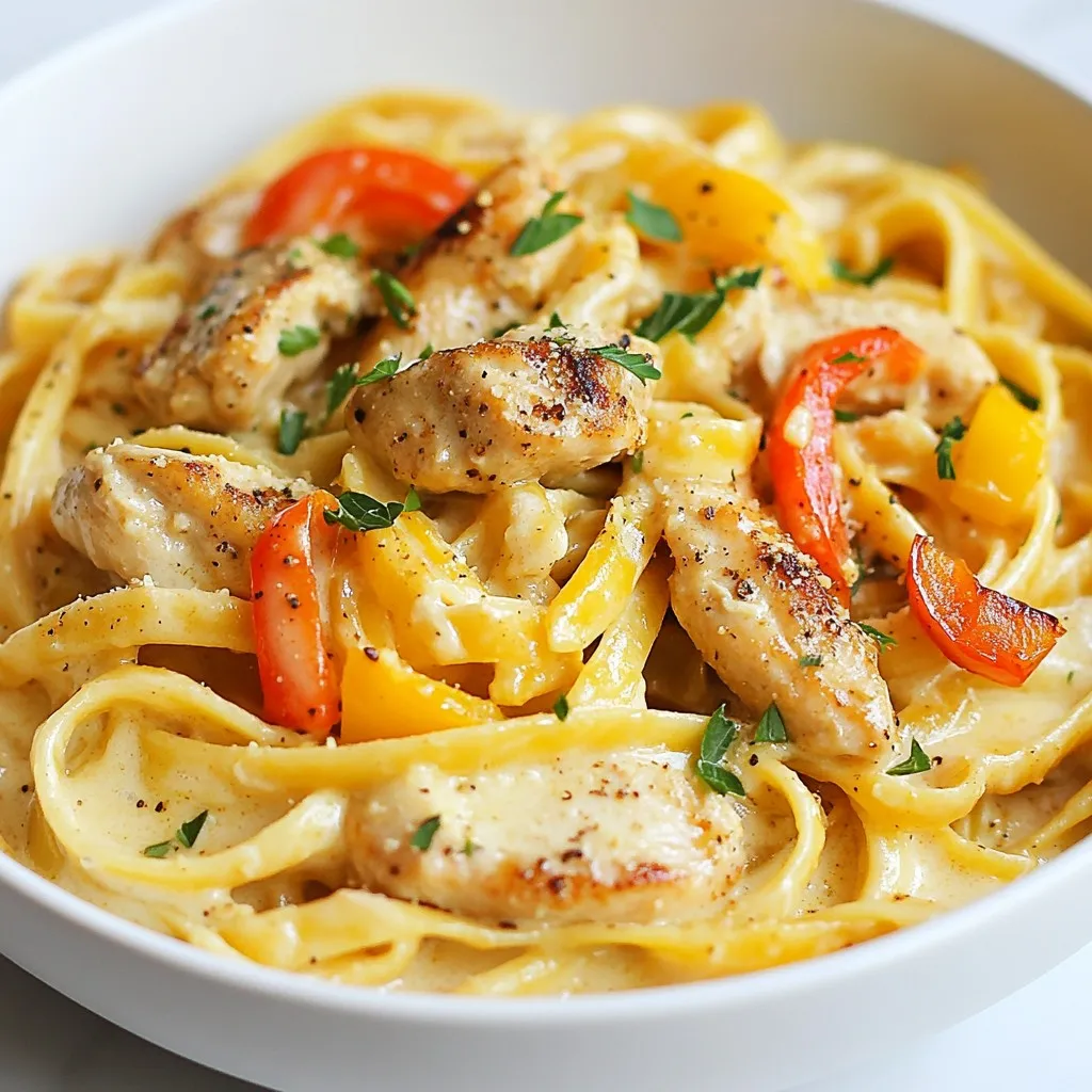- 2 boneless, skinless chicken breasts, thinly sliced - 8 oz fettuccine pasta - 2 tablespoons Cajun seasoning, or to taste - 1 tablespoon olive oil - 1 small onion, finely chopped - 3 cloves garlic, minced - 1 bell pepper (your choice of red or green), diced - 1 cup heavy cream - 1 cup chicken broth - 1 cup freshly grated Parmesan cheese - Salt and black pepper, to taste - Fresh parsley, chopped, for garnishing - 1 teaspoon smoked paprika - 1 teaspoon red pepper flakes - ½ cup cherry tomatoes, halved - 1 tablespoon lemon juice You can add these items to enhance the flavor. The smoked paprika gives a deeper taste. Red pepper flakes will bring heat. Cherry tomatoes add freshness. Lemon juice brightens the dish. - Large pot for boiling pasta - Large skillet for sautéing - Colander for draining pasta - Mixing bowl for chicken - Wooden spoon for stirring - Measuring cups and spoons Having the right tools makes cooking easier. Use a large skillet for even cooking. A colander helps drain pasta quickly. Keep your measuring tools handy for accuracy. {{ingredient_image_2}} Start by filling a large pot with water. Add salt to the water to enhance flavor. Bring the water to a rolling boil. Once boiling, add the fettuccine pasta. Cook it according to the package directions, usually about 8-10 minutes. Check for al dente texture. Drain the pasta in a colander and set it aside. Reserve a cup of pasta water if you want to adjust sauce thickness later. Take two boneless, skinless chicken breasts and slice them thinly. Place the chicken slices in a mixing bowl. Sprinkle Cajun seasoning over the chicken. Make sure each piece is well coated to get the best flavor. You can adjust the amount of seasoning to your taste. In a large skillet, heat one tablespoon of olive oil over medium heat. When the oil is hot, add the seasoned chicken slices. Cook them for about 5-7 minutes. Turn the chicken slices occasionally until they turn golden brown and are cooked through. Once done, transfer the chicken to a plate and set it aside. Using the same skillet, reduce the heat to medium-low. Add one finely chopped onion and one diced bell pepper. Sauté these vegetables for about 3-4 minutes until they soften. Add three minced garlic cloves and cook for another minute. Stir until the garlic becomes fragrant but does not burn. Pour one cup of chicken broth into the skillet. Bring the mixture to a gentle simmer. Then, add one cup of heavy cream. Let it bubble softly for 2-3 minutes. This will help thicken the sauce. Gradually stir in one cup of freshly grated Parmesan cheese. Keep stirring until the cheese melts completely. The sauce should now be rich and creamy. Now, return the cooked chicken to the skillet. Add the cooked fettuccine as well. Gently toss everything together to coat the pasta and chicken in the creamy Cajun sauce. If the sauce seems too thick, add some of the reserved pasta water. Taste the dish and season with salt, black pepper, or more Cajun seasoning if needed. To make a rich, creamy sauce, start with heavy cream. It gives the sauce a nice thickness. When you add the chicken broth, let it simmer gently. This helps blend the flavors well. Stir in the Parmesan cheese slowly. This keeps the cheese from clumping. If the sauce is too thick, add some pasta water. It helps make a silky finish. For juicy chicken, slice it thinly. This helps it cook fast and evenly. Sprinkle Cajun seasoning on both sides. Let it sit for a few minutes to soak up the flavor. Use a hot skillet with olive oil. Cook until golden brown, about 5-7 minutes. Always check that the chicken is cooked through. Use a meat thermometer if needed; it should reach 165°F. Want to kick up the flavor? Try adding a pinch of cayenne pepper for heat. Fresh herbs like thyme or basil can add depth. If you love garlic, add more minced garlic while sautéing the veggies. You can also toss in some spinach for color and nutrition. Taste your sauce before serving. Adjust the salt and pepper as needed for the best flavor. Pro Tips Perfect Pasta Texture: Always cook your pasta until al dente, which means it should be firm to the bite. This will prevent it from becoming mushy when mixed with the sauce. Seasoning the Chicken: Don’t be shy with the Cajun seasoning. Marinating the chicken slices for at least 30 minutes can enhance the flavor even more. Adjusting Sauce Consistency: If your sauce is too thick, gradually add some of the reserved pasta water until you reach your desired creaminess without losing flavor. Garnishing for Flavor: Fresh parsley not only adds color but also a fresh flavor to the dish. Consider using other herbs like basil or cilantro for a unique twist! {{image_4}} You can boost the health of your creamy Cajun chicken pasta by adding vegetables. I love using spinach or kale for extra greens. Just toss them in with the sautéed onions and bell peppers. You can also add tomatoes for a burst of flavor. Zucchini works well too. Slice it thin and add it to the skillet. This way, you get added color and nutrients without changing the dish too much. While fettuccine is my go-to, you can use other pasta types. Penne or rigatoni can hold the sauce well. If you prefer whole grain or gluten-free options, those work, too. Just remember to adjust the cooking time based on the pasta type you choose. This way, you can customize your dish to fit your taste and dietary needs. You can swap out chicken for shrimp or tofu if you want variety. Shrimp cooks fast and adds a nice seafood twist. Just sauté it until it turns pink, then follow the same sauce steps. For a vegetarian option, use firm tofu. Cube it and sauté until golden. This keeps all the creamy goodness while fitting different diets. Enjoy experimenting with these protein swaps! Store your leftover creamy Cajun chicken pasta in an airtight container. This keeps it fresh. Make sure to cool the pasta to room temperature before sealing it. It will stay good in the fridge for up to three days. If you want to keep it longer, consider freezing it. To reheat, you can use the microwave or stovetop. If using a microwave, place the pasta in a bowl. Add a splash of water or chicken broth to keep it moist. Heat for 1-2 minutes, stirring halfway. On the stovetop, warm over medium heat in a pan. Stir often and add liquid as needed until heated through. To freeze, portion the pasta into freezer-safe bags or containers. Remove as much air as possible to avoid freezer burn. It will last up to three months. When ready to eat, thaw it overnight in the fridge. Reheat as directed above. This way, you can enjoy your Cajun delight later! Yes, you can make this dish ahead of time. Just follow the recipe and let it cool down. Store it in an airtight container in the fridge. When you’re ready to eat, reheat it on the stove or in the microwave. You may need to add a splash of chicken broth to help it stay creamy. If you want a lighter option, you can use half-and-half or whole milk. For a dairy-free choice, coconut cream works well too. Just remember that these substitutes may change the flavor and texture a bit. To spice things up, add more Cajun seasoning. You can also include diced jalapeños or red pepper flakes. If you like heat, try using hot sauce in the creamy sauce. Adjust it to fit your taste! Yes, you can easily make this dish gluten-free. Just swap the fettuccine for gluten-free pasta. Many brands offer great options that taste good. Always check the labels to ensure they fit your needs. Creamy Cajun Chicken Pasta is simple and tasty. We covered the main ingredients and cooking steps. I shared tips for a great sauce and ways to make it unique. Remember, you can add veggies or try different proteins to mix it up. Storing leftovers is easy, and reheating is quick. This dish is fun to make and delightfully satisfying. Enjoy creating your own version!