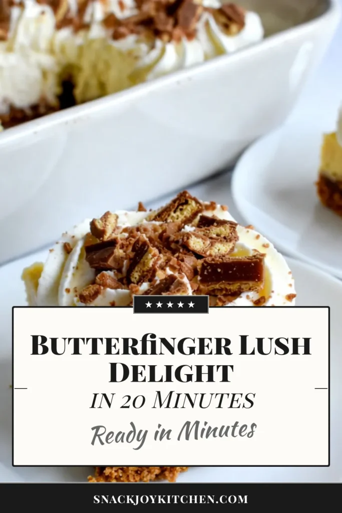 Indulge in this creamy Butterfinger lush dessert that's absolutely irresistible! This no-bake Butterfinger dessert features layers of rich cream cheese, smooth pudding, and crunchy Butterfinger candy, making it an easy Butterfinger recipe perfect for any occasion. Impress your guests with this delicious layered Butterfinger dessert that's quick to prepare and even quicker to disappear. Save this recipe for a delightful treat! #ButterfingerDessert #NoBakeTreats #EasyRecipes #LayeredDesserts