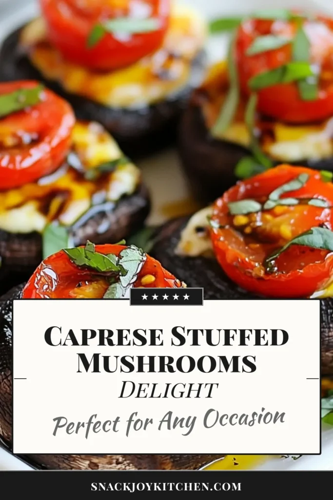Indulge in these delicious Caprese stuffed mushrooms, a perfect portobello mushroom recipe for any occasion! Filled with fresh mozzarella, cherry tomatoes, and basil, these baked portobello mushrooms are an ideal Italian appetizer recipe. Easy to prepare and bursting with flavor, they make a delightful addition to your next gathering. Try this mozzarella stuffed mushrooms recipe today! Save and share! #CapreseMushrooms #PortobelloRecipe #ItalianAppetizer #BakedMushrooms