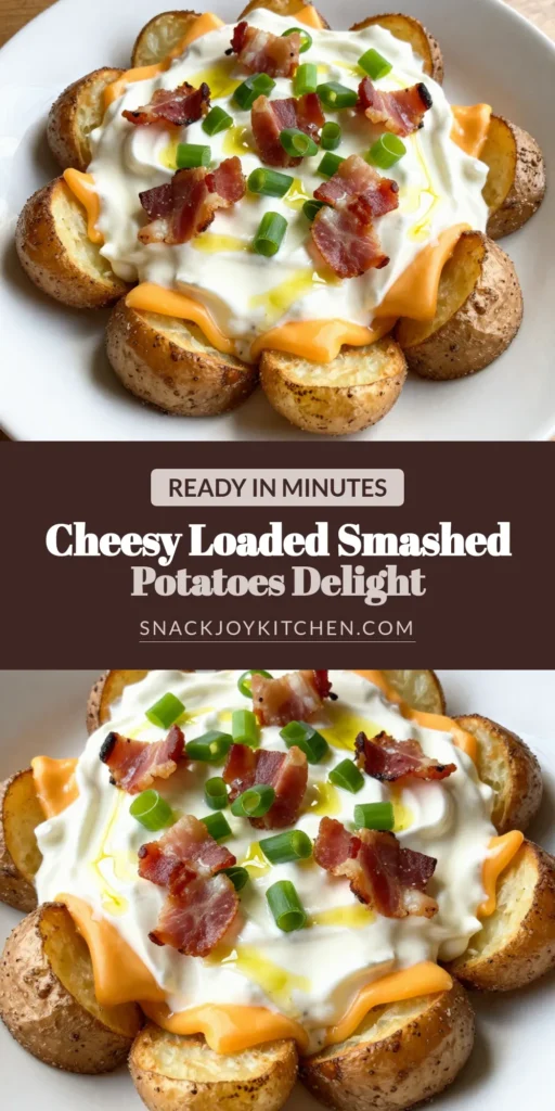 Discover the ultimate cheesy smashed potatoes recipe with our Loaded Smashed Potatoes! This creamy potato side dish features savory bacon cheddar potatoes or a delightful vegetarian version with green onions. Perfect for gatherings, these loaded smashed potatoes are a must-try! Bake until golden and bubbly for a crowd-pleasing appetizer or side. Save this recipe and impress your guests! #LoadedSmashedPotatoes #CheesySmashedPotatoes #CreamyPotatoSideDish #BaconCheddarPotatoes