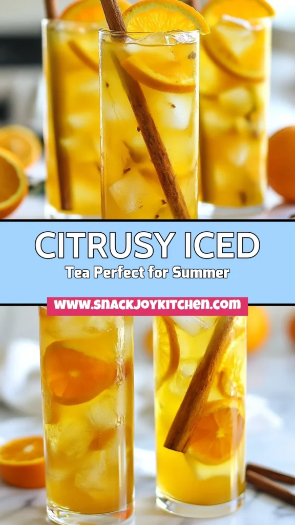 Sip on this refreshing citrus iced tea recipe featuring a delightful blend of black tea with orange and warming cinnamon. This homemade citrus tea combines the zest and juice of fresh oranges with honey for the perfect sweetener, creating a revitalizing cinnamon tea drink. Ideal for hot days, this iced tea is sure to impress! Save this easy recipe for your next gathering or summer refreshment. Enjoy the citrusy goodness! #CitrusIcedTea #CinnamonTeaDrink #RefreshingIcedTea #HomemadeCitrusTea