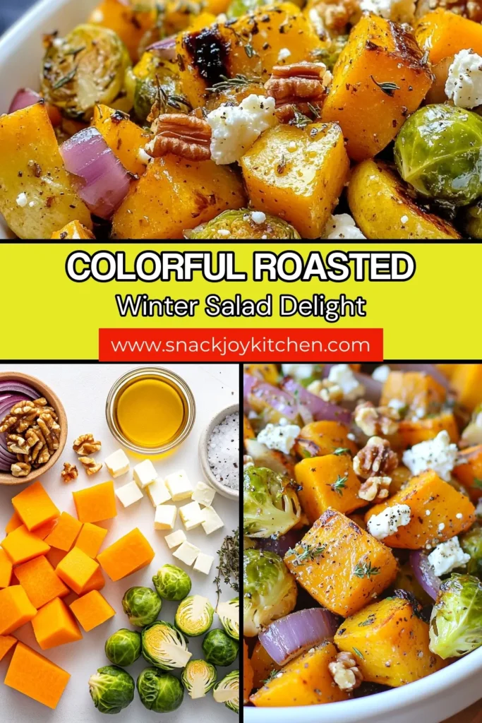 Warm up your winter with a delicious roasted winter vegetable salad that's bursting with flavor! This butternut squash salad features crispy Brussels sprouts, tender carrots, and tangy feta cheese, making it an ideal fall vegetable salad recipe. Toss in walnuts for added crunch and drizzle with balsamic glaze for the perfect finish. Perfect as a side or main dish! Save this delightful feta and walnut salad recipe to impress your guests! #RoastedVegetables #WinterSalad #HealthyRecipes #FallFood