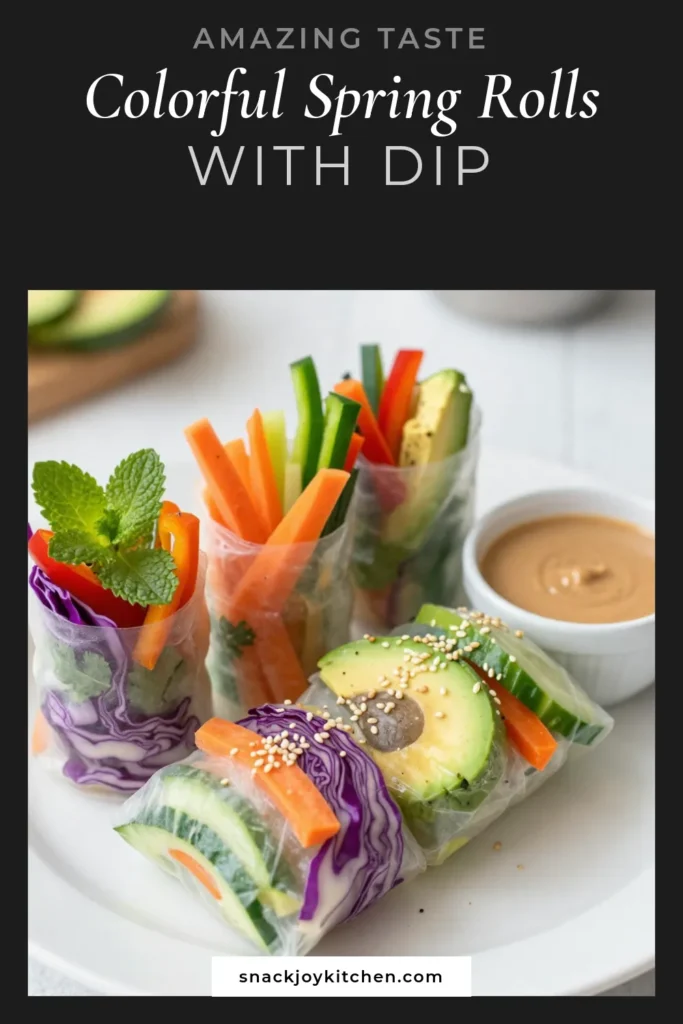 Make colorful and delicious rainbow veggie spring rolls using this easy rice paper spring rolls recipe! Packed with fresh vegetables like red cabbage, carrots, bell peppers, and avocado, these vegan spring rolls are healthy and perfect for any meal. Serve them with a creamy peanut sauce for a tasty dipping experience. Ideal for parties or a light snack, give this recipe a try today! #RainbowVeggieSpringRolls #HealthyVegetableSpringRolls #FreshSpringRolls #VeganSpringRollsWithDippingSauce
