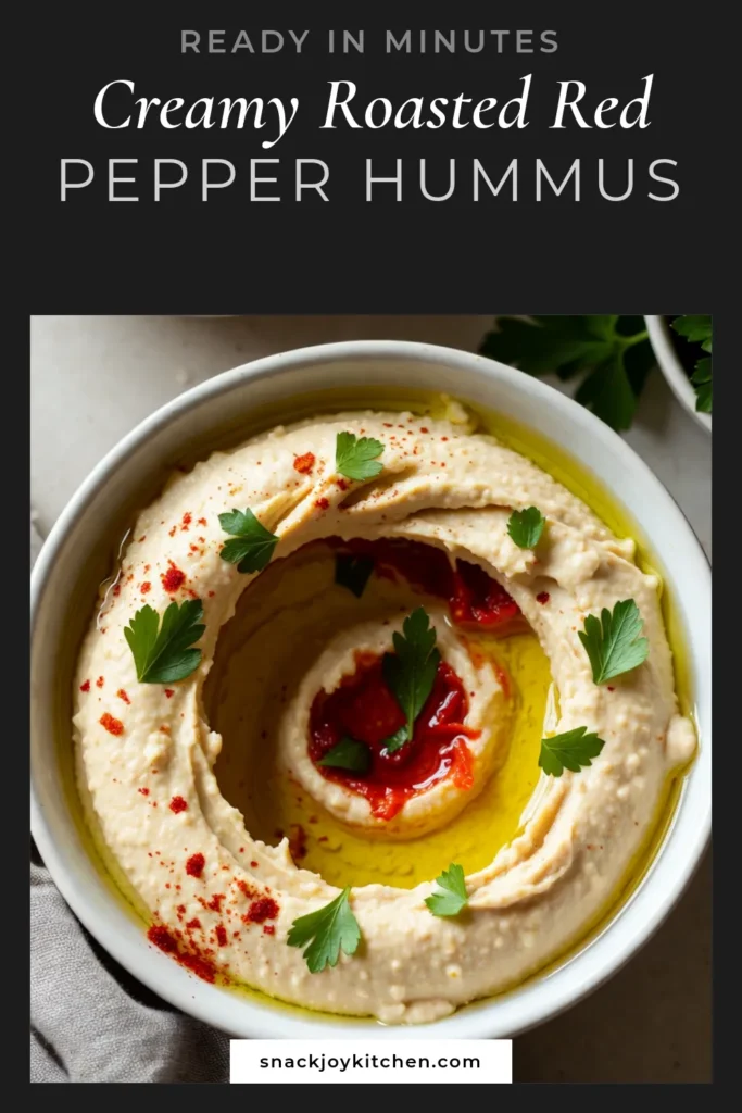 Discover the deliciousness of Roasted Red Pepper Hummus with this easy chickpea dip recipe! This homemade hummus recipe is not only simple to prepare but also a crowd-pleaser. Enjoy a creamy and flavorful vegan hummus recipe that's perfect for dipping or spreading. Impress your friends and family with this tahini hummus dip. Save this recipe for your next gathering! #RoastedRedPepperHummus #VeganRecipes #Hummus #HealthyDips