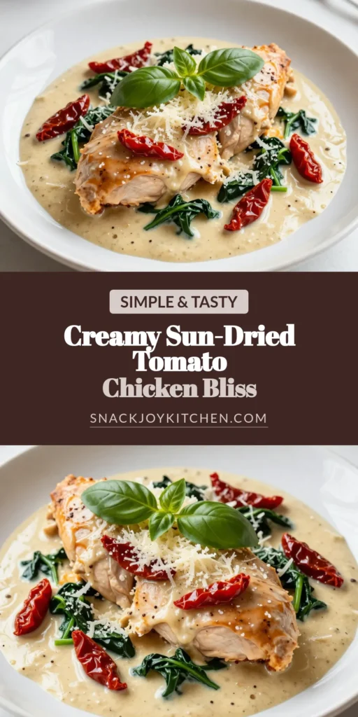Looking for an easy and delicious dinner option? Try this Creamy Sun-Dried Tomato Chicken recipe! Perfect for busy weeknights, this dish features juicy chicken breasts simmered in a luxurious creamy sauce with sun-dried tomatoes and fresh spinach. Ideal for lovers of Italian chicken dishes, it’s a must-try among sun-dried tomato recipes. Save this creamy chicken dinner for your next meal! #EasyChickenRecipes #CreamyDinner #ItalianRecipes #SunDriedTomato