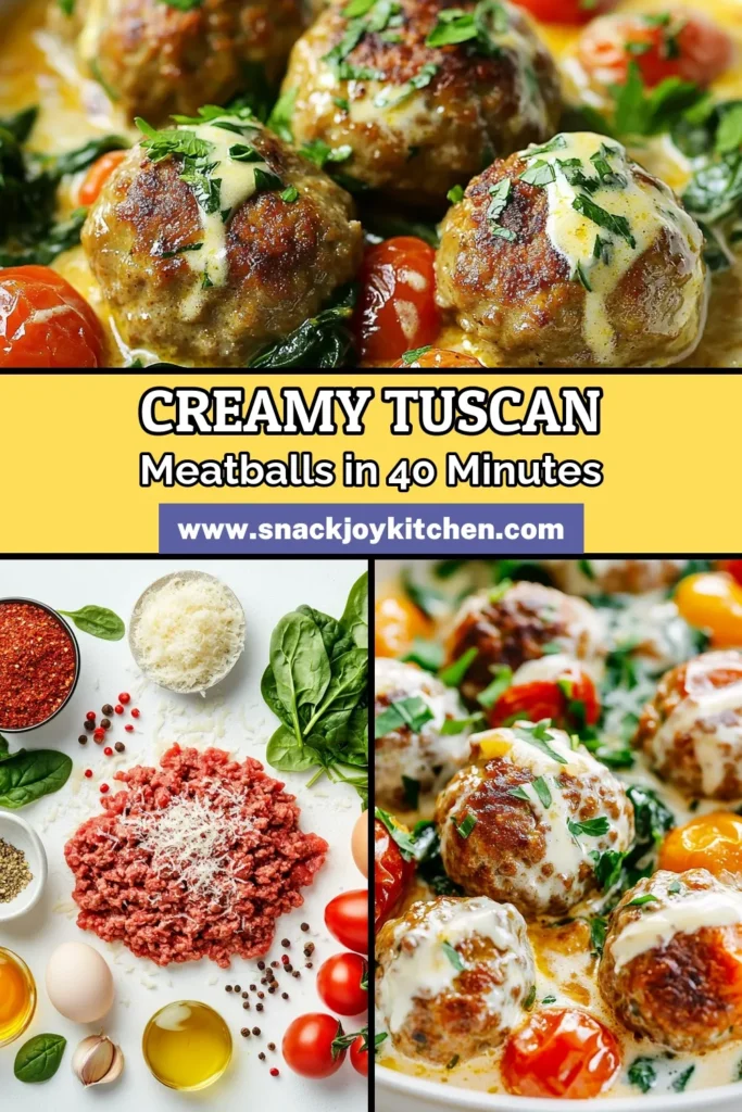 Discover the delightful taste of Creamy Tuscan meatballs with this easy Italian meatball recipe! Perfectly seasoned ground turkey meatballs are nestled in a rich cream sauce, loaded with spinach and cherry tomatoes. These hearty meatballs with spinach are not only delicious but also simple to prepare. Elevate your weeknight dinners with this creamy dish! Save this recipe for a taste of Italy tonight! #CreamyTuscanMeatballs #EasyMeatballs #ItalianRecipe #GroundTurkeyMeatballs