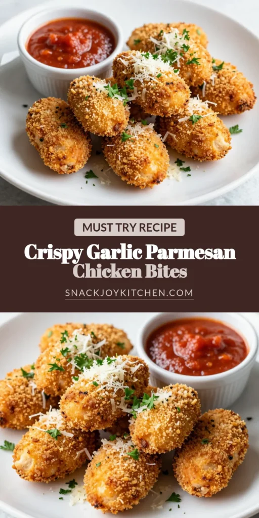 Indulge in these delicious Garlic Parmesan Chicken Bites, the perfect solution for your next gathering! This easy chicken appetizer features a crispy panko coating and rich Parmesan flavor that everyone will love. Try this baked chicken bites recipe for a healthier twist on snacks that never disappoint. Serve them warm with marinara for dipping. Save this recipe and impress your guests! #GarlicParmesanChickenBites #EasyChickenAppetizers #PankoChickenBites #ParmesanCrustedChickenSnacks