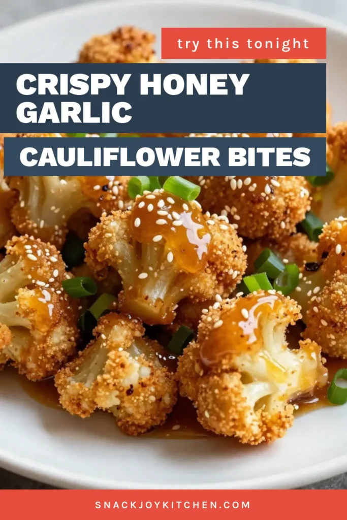 Discover the perfect snack with these Honey Garlic Cauliflower Bites! These crispy cauliflower bites are a healthy choice that everyone will love. Easy to make, they're a fantastic vegan cauliflower appetizer and a must-try oven-baked cauliflower recipe. Drizzled with a sweet and savory honey garlic sauce, they make for delicious healthy cauliflower snacks. Click to save this recipe now and elevate your snack game! #HoneyGarlicCauliflower #CrispyCauliflowerBites #HealthySnacks #VeganAppetizer