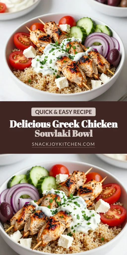 Discover the deliciousness of Greek Chicken Souvlaki Bowls! This easy Chicken Souvlaki Bowl Recipe combines marinated grilled chicken with fluffy quinoa and fresh veggies, drizzled with homemade Tzatziki Sauce. Perfect for a healthy meal, these Quinoa Bowls with Chicken are packed with flavor and nutrition. Enjoy this vibrant dish with your family today! Save this recipe for your next healthy Greek recipes adventure! #GreekChickenSouvlaki #HealthyEating #MealPrep #TzatzikiSauce