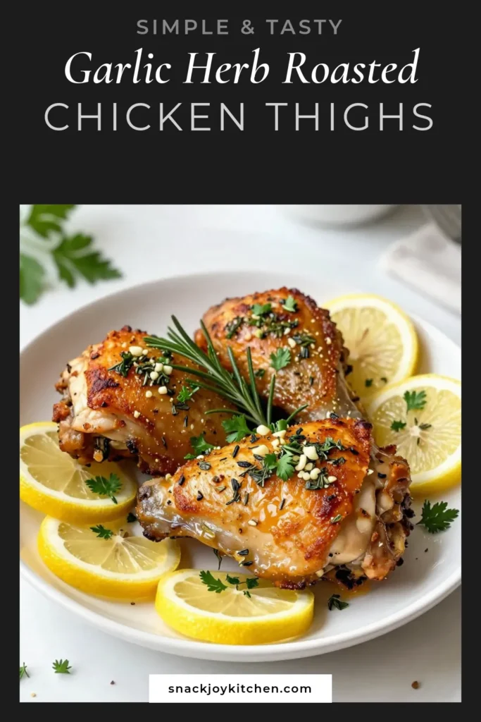 Savor the deliciousness of Garlic Herb Chicken Thighs, perfect for an easy chicken dinner! This roasted chicken recipe features crispy chicken thighs infused with a fragrant blend of garlic, rosemary, and thyme. With a golden, herb-crusted skin and juicy meat, it's a family favorite. Try this simple dish tonight and elevate your weeknight meals! Save this recipe for your next dinner! #GarlicHerbChickenThighs #RoastedChickenRecipe #CrispyChickenThighs #EasyChickenDinner