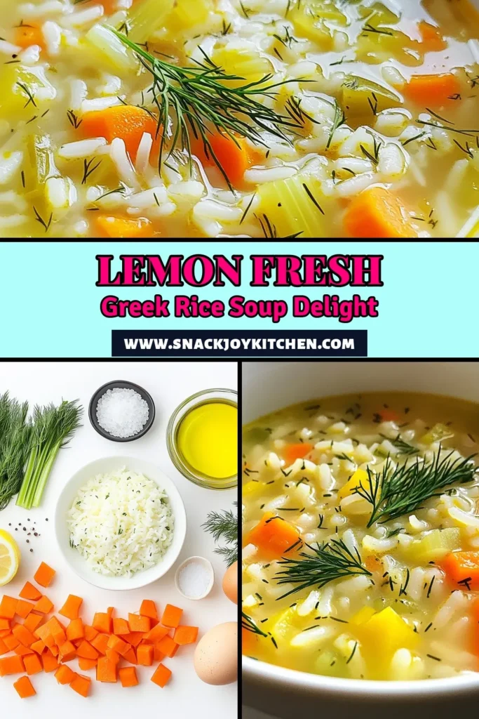 Discover how to make the perfect Lemony Greek Rice Soup with this easy Greek rice soup recipe! This delicious vegetarian lemon soup is creamy and healthy, making it the ideal comfort food. Packed with fresh ingredients like carrots, celery, and zesty lemon, it's a wholesome dish you'll love. Try this creamy lemon soup today and warm up your soul! Save this recipe for later! #GreekRiceSoup #HealthyRiceSoup #VegetarianLemonSoup #CreamyLemonSoup