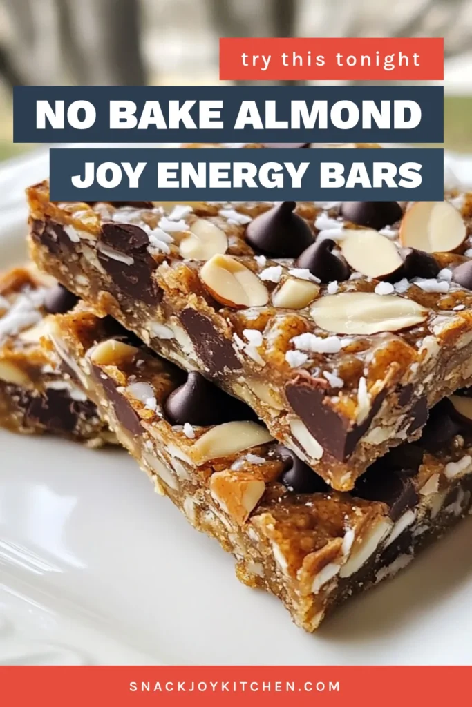 Indulge in the delicious simplicity of Almond Joy energy bars with this healthy snack bars recipe! These no-bake energy bars are packed with wholesome ingredients like creamy almond butter, rolled oats, and dark chocolate chips. Perfect for on-the-go munching, these homemade granola bars are an easy almond butter recipe to satisfy your cravings. Try them today and enjoy a nutritious treat that’s sure to be a hit! Save and share! #HealthySnacks #NoBakeRecipes #GranolaBars #AlmondButterRecipes
