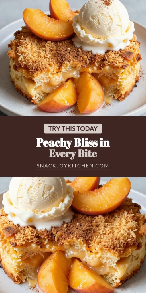 Indulge in this delightful Peach Dump Cake, the perfect easy peach dessert for summer! This yellow cake mix recipe combines fresh peaches and simple ingredients for a sweet and juicy peach dessert recipe that's a cinch to make. Bake it up and serve warm with ice cream or whipped cream. Try this summer peach cake today and impress your guests! Save this recipe for a delicious treat! #PeachCobbler #EasyDessert #DumpCake #SummerRecipes