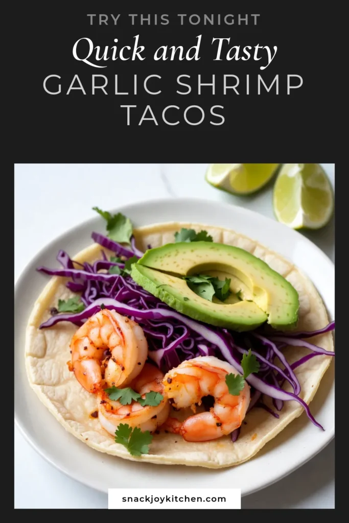 Looking for a quick and easy taco recipe? These Garlic Shrimp Tacos are perfect for a delicious weeknight meal! In just 10 minutes, whip up juicy shrimp tossed with garlic, chili powder, and cumin, all nestled in warm corn tortillas. This shrimp taco recipe features fresh toppings like avocado and cilantro for a burst of flavor. Try these minute tacos with shrimp tonight and enjoy a crowd-pleasing dish! Save this easy recipe now! #GarlicShrimpTacos #QuickShrimpTacos #EasyTacoRecipe #MinuteTacosWithShrimp