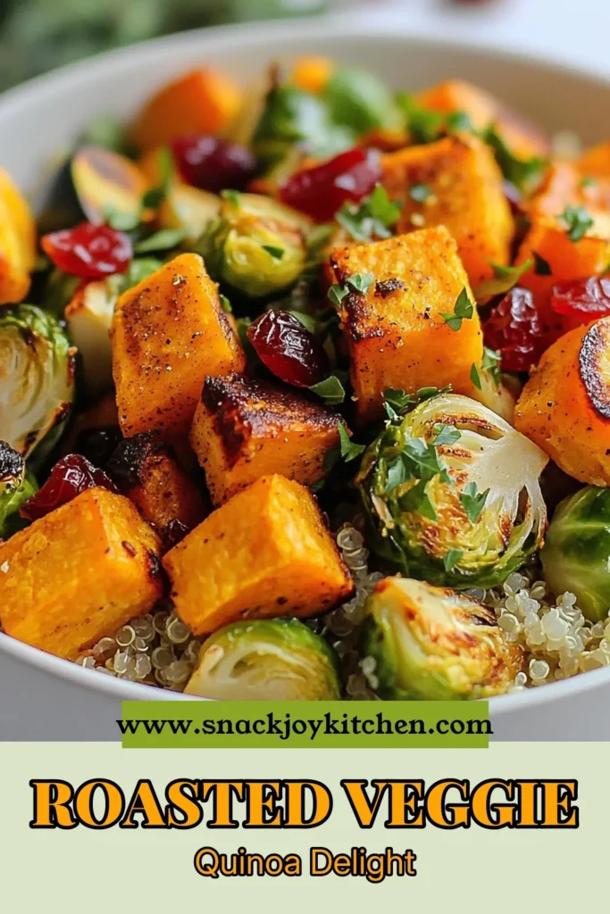 Enjoy the vibrant flavors of autumn with this Autumn Glow Roasted Veggie Quinoa Bowl. Perfect for a healthy meal, this vegetarian quinoa bowl recipe features sweet potatoes, Brussels sprouts, and zesty cranberries. Packed with nutrients from roasted vegetables, it’s one of the best healthy quinoa recipes you’ll find. Try this fall recipe with quinoa for a delicious and nutritious dinner. Save it now and elevate your autumn meals! #HealthyEating #QuinoaRecipes #Vegetarian #FallRecipes