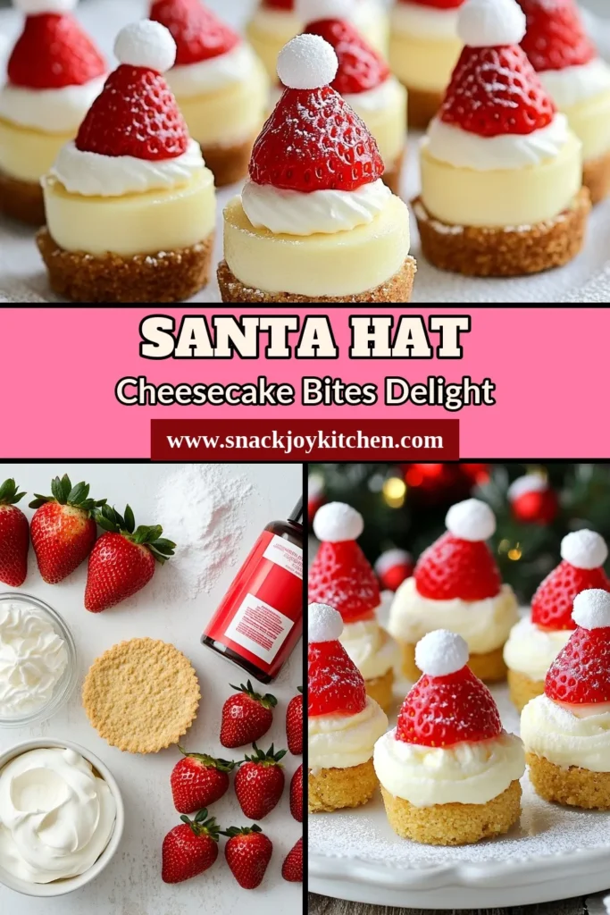 Looking for the perfect holiday treat? Try these delightful Santa Hat Cheesecake Bites! This no-bake cheesecake bites recipe is a fun and festive addition to your Christmas dessert recipes. They’re easy to make and perfect for parties, adding a charming touch to your holiday table. Impress your guests with these amazing bites that resemble Santa hats! Save this festive cheesecake recipe for your celebrations! #SantaHatCheesecakeBites #ChristmasDessertRecipes #NoBakeCheesecakeBites #HolidayTreats