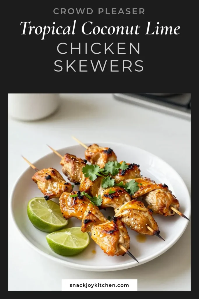 Savor the taste of summer with these delicious Coconut Lime Chicken Skewers! This easy chicken skewers recipe features a mouthwatering tropical chicken marinade that infuses your grilled chicken skewers with vibrant flavors. Garnish with fresh lime and cilantro for a tropical twist. Perfect for BBQs or weeknight dinners, these skewers are a must-try! Click for the full recipe and save for later! #CoconutLimeChickenSkewers #GrilledChicken #EasyChickenSkewers #TropicalFlavors