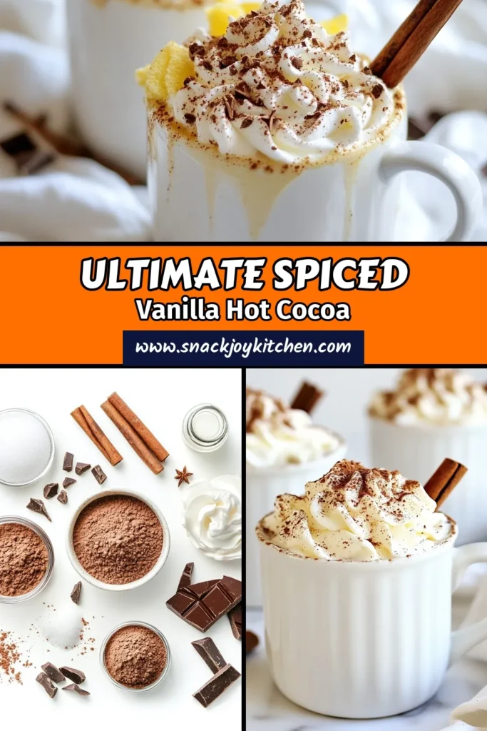 Indulge in this decadent hot chocolate recipe featuring spiced vanilla hot cocoa that’s perfect for chilly evenings. This creamy hot cocoa with spices includes rich cocoa powder, aromatic cinnamon, and nutmeg for that cozy touch. Top it off with a luscious whipped cream topping for hot cocoa, and savor the bliss. Discover how to make homemade spiced hot chocolate and delight in every sip. Try it today! #HotCocoa #DecadentChocolate #SpicedVanilla #WinterDrinks