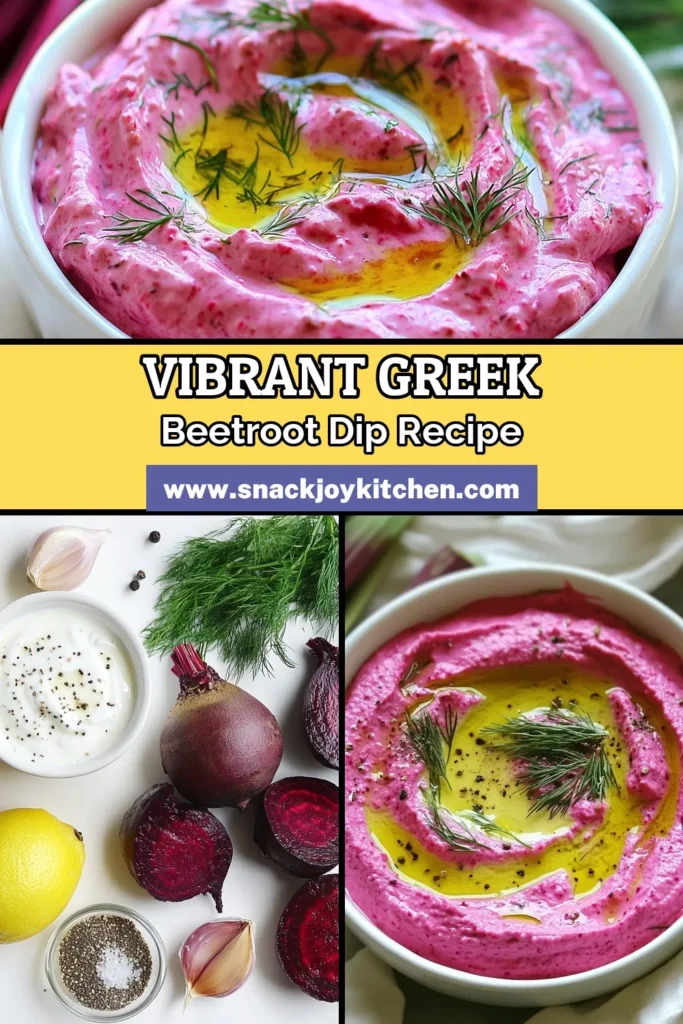 Discover how to make a delicious Greek Beetroot Yogurt Dip that's perfect for healthy snacking or entertaining! This roasted beetroot yogurt dip combines creamy Greek yogurt, tahini, and fresh garlic for an irresistible flavor. Ideal for a healthy mezze dip or as part of your favorite Greek yogurt recipes, it’s a vibrant addition to any table. Try this easy, wholesome recipe and impress your guests! Save it for later! #GreekBeetrootDip #HealthyMezzeDip #GreekYogurtRecipes #TahiniAndBeetrootDip
