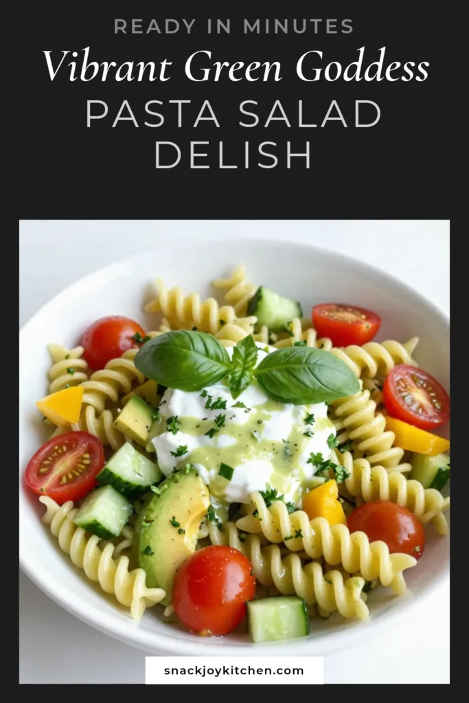 Discover the deliciousness of this Green Goddess Pasta Salad, a healthy pasta salad recipe that combines vibrant veggies and a creamy Greek yogurt pasta dressing. Perfect for warm days, this fresh vegetable pasta salad is easy to prepare and serves as a delightful cold pasta salad. Make it for picnics, gatherings, or meal prep. Save this recipe and impress your family with a burst of flavor! #GreenGoddessPastaSalad #HealthyRecipes #PastaSalad #EasyRecipes