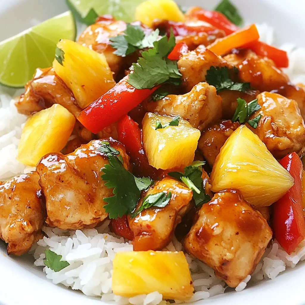 - 2 boneless chicken breasts, cut into bite-sized pieces - 1 cup fresh pineapple, diced into small chunks - 1 bell pepper (red or yellow), sliced into thin strips - 1 medium onion, chopped into medium pieces - 2 cloves garlic, minced finely - 1 tablespoon fresh ginger, grated The main ingredients create a mix of flavors. The chicken gives protein and a nice texture. Pineapple adds a sweet and juicy touch. Bell pepper brings color and crunch. Onion offers a savory base. Garlic and ginger enhance the dish with warmth. - 3 tablespoons low-sodium soy sauce - 2 tablespoons honey, preferably raw - 1 tablespoon cornstarch - 1 cup chicken broth The marinade is key to flavor. Soy sauce adds umami. Honey brings sweetness that balances the saltiness. Cornstarch helps thicken the sauce later. Chicken broth gives depth and moisture. - 2 cups jasmine rice - 2 tablespoons vegetable oil - Salt and freshly ground black pepper to taste - Fresh cilantro leaves for garnish - Lime wedges for an extra zesty serving The rice serves as a perfect base for the chicken. Jasmine rice has a lovely aroma and fluffiness. Vegetable oil ensures the chicken cooks well. Salt and pepper round out the taste. Fresh cilantro adds brightness, while lime juice lifts the whole dish. {{ingredient_image_2}} First, mix the marinade ingredients. In a bowl, whisk together the soy sauce, honey, minced garlic, grated ginger, and a bit of salt and pepper. This blend gives the chicken a sweet and tangy flavor. Next, add the bite-sized chicken pieces. Make sure they are well-coated in the marinade. Cover the bowl and place it in the refrigerator for at least 30 minutes. This step is key for infusing the chicken with flavor. While the chicken marinates, rinse the jasmine rice. Rinse it under cold running water, swirling gently until the water runs clear. This helps remove excess starch, making the rice fluffier. In a pot, combine the rinsed rice with 3 cups of water. Bring it to a boil over high heat. Once it boils, cover the pot, reduce the heat, and let it simmer for 18-20 minutes. After cooking, let it sit, covered, for another 5 minutes. This allows the rice to steam and become perfect. Now, heat the vegetable oil in a large skillet over medium-high heat. Once the oil is hot, add the marinated chicken in a single layer. Cook the chicken for about 5-7 minutes, turning it occasionally. The goal is to achieve a golden color and to ensure it is cooked through. Once done, transfer the chicken to a plate and set it aside. In the same skillet, add the chopped onion and bell pepper. Sauté for about 3-4 minutes until they soften. Then, add the diced pineapple. Continue to stir-fry everything for another 2-3 minutes. You want the pineapple to caramelize slightly and get warm. This adds a nice sweetness to the dish. In a small bowl, mix the cornstarch with chicken broth until dissolved. Pour this mixture over the sautéed vegetables and pineapple in the skillet. Stir constantly for about 2-3 minutes. This helps thicken the sauce and ensures it coats all the vegetables evenly. Finally, return the cooked chicken to the skillet. Gently toss everything together to combine. Cook for another minute until all ingredients are heated through. This step blends all the flavors beautifully, making every bite a delight. What spices can I add for more flavor? You can use a pinch of red pepper flakes for heat. A dash of smoked paprika gives a nice touch too. For a warm flavor, try adding a bit of cumin. What are some sweetener alternatives? If you want to change the sweetness, use maple syrup or agave nectar. Both can add a unique taste to the dish. How should I marinate the chicken? Mix the marinade well, ensuring every piece gets coated. Let it sit in the fridge for at least 30 minutes. This time allows the flavors to soak in deeply. How can I make perfect rice? Rinse the jasmine rice until the water runs clear. This removes extra starch and helps prevent clumping. Cook with the right water ratio for fluffier rice. What are some garnishing ideas? Sprinkle fresh cilantro on top for color and flavor. You can also add lime wedges on the side for a zesty kick. How can I serve this dish for family or guests? Serve the rice on plates first, then top with the pineapple chicken. This makes it look appealing and ready to enjoy! Pro Tips Marinating Time: The longer you marinate the chicken, the more flavorful it will be. For best results, marinate for at least 1-2 hours or overnight if you have the time. Choosing Pineapple: Fresh pineapple will provide the best sweetness and texture. If using canned, ensure it’s packed in juice, not syrup, for a healthier option. Vegetable Variations: Feel free to add other vegetables like snap peas or carrots for added color and nutrition. Just ensure they are cut into similar sizes for even cooking. Perfect Rice: To enhance the flavor of jasmine rice, consider cooking it in chicken broth instead of water for an extra depth of taste. {{image_4}} You can swap chicken for shrimp or tofu. Both options work well and add unique flavors. Shrimp cooks fast, so add it last during the stir-fry. Just sauté it until it turns pink. For tofu, press it first to remove excess water. Cut it into cubes and fry until golden. This adds a nice texture. Feel free to mix in other vegetables. Broccoli, snap peas, or carrots could add great crunch and color. If you like heat, add chili peppers. Slice them thinly and toss them in with the onions. This will make your dish spicy and exciting. If you want a change from jasmine rice, use quinoa or brown rice. Quinoa cooks fast and adds protein. For brown rice, it takes longer to cook, about 30 to 40 minutes. Rinse both grains well before cooking. Follow their package directions for the best results. To store your pineapple chicken with rice, choose airtight containers. Glass containers work well. They keep food fresh and safe. You can also use plastic containers. Just ensure they seal tightly. Refrigerate your leftovers within two hours of cooking. This helps prevent bacteria growth. You can keep the dish in the fridge for up to three days. If you want to save it longer, freeze it. It can last up to three months in the freezer. When reheating, use the microwave or stovetop. The microwave is quick but can dry out the rice. Add a splash of water to keep it moist. A stovetop works well too. Heat on low and stir often to avoid burning. To keep rice fluffy, use a fork to fluff it up before serving. This helps separate the grains. You can also add a bit of water while reheating to bring back moisture. In the fridge, leftover pineapple chicken with rice lasts about three days. Check for signs of spoilage before eating. If it smells off or looks discolored, throw it away. Signs of spoilage include a sour smell, slimy texture, or mold. Always trust your senses. If in doubt, it’s best to discard the food. Enjoy your delicious meal safely! You should marinate the chicken for at least 30 minutes. This time allows the flavors to soak in. For even better taste, you can marinate it for up to 2 hours. Just keep it in the fridge while it soaks. The more time it has, the better it will taste. You can use canned pineapple, but it will change the dish a bit. Canned pineapple is softer and sweeter than fresh. Fresh pineapple adds a nice crunch and bright flavor. If you use canned, rinse it first to remove extra syrup. This step helps reduce sweetness. Pineapple chicken goes well with jasmine rice. You can also serve it with steamed vegetables. A fresh salad adds a nice touch too. For a tropical feel, try coconut rice. The flavors will blend beautifully together, creating a balanced meal. Yes, you can make this dish ahead of time. Cook the chicken and vegetables, then store them in the fridge. Reheat when you are ready to eat. Just make sure to cook the rice fresh. It tastes best when made right before serving. This dish is great for meal prep. You can portion it into containers for easy lunches. Store the chicken and rice separately to keep the rice fluffy. It will last in the fridge for up to four days. You can also freeze portions for later use. To add heat, you can add red pepper flakes or diced jalapeños. Mixing in some sriracha or hot sauce works well too. If you like a smoky flavor, try adding chipotle powder. Adjust the spice to your taste, and enjoy a kick in every bite! This recipe combines tasty chicken, fresh pineapple, and colorful veggies. You learned how to marinate chicken and cook jasmine rice perfectly. We also explored many variations, cooking tips, and storage methods. Don’t forget to try different proteins and spices to suit your taste. With these easy steps, you can enjoy a delicious meal any day. Dive into this recipe, and make it your own!