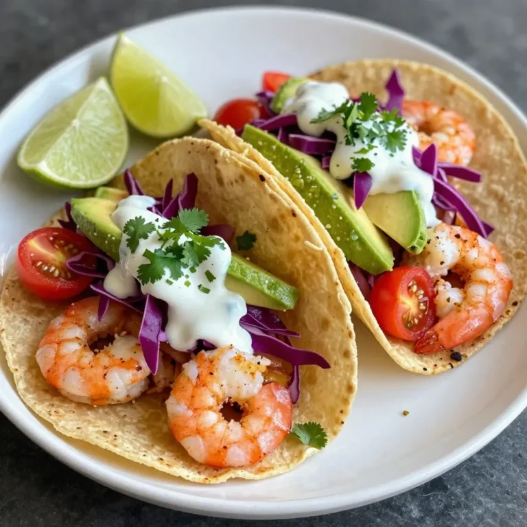 To make these tasty tacos, gather these main ingredients: - 1 pound large shrimp, peeled and deveined - 8 small corn tortillas - 1 cup red cabbage, finely shredded - 1 ripe avocado, sliced - ½ cup cherry tomatoes, halved - ¼ cup fresh cilantro, roughly chopped - ¼ cup sour cream These ingredients come together for a flavorful meal. The shrimp provides the main protein. The corn tortillas offer a nice base. The veggies add crunch and freshness. The seasoning is key to the flavor. Use these components: - 2 tablespoons Cajun seasoning - 1 tablespoon olive oil - 1 tablespoon fresh lime juice - Salt and freshly ground black pepper to taste Mix the shrimp with Cajun seasoning, olive oil, lime juice, and some salt and pepper. This mix gives the shrimp a zesty kick. Letting it marinate for ten minutes helps the flavors blend. You can customize your tacos with these optional toppings: - Lime wedges for serving - Extra cilantro for garnish These additions can enhance taste. Squeezing fresh lime juice right before eating adds a bright flavor. More cilantro can give a fresh finish. Feel free to get creative with your toppings! {{ingredient_image_2}} First, gather your shrimp and Cajun seasoning. In a medium bowl, mix the shrimp with two tablespoons of Cajun seasoning. Add one tablespoon of olive oil and one tablespoon of fresh lime juice. Toss the shrimp until they are well-coated. Sprinkle in a pinch of salt and freshly ground black pepper. Let the shrimp sit for ten minutes. This time helps the flavors blend. Heat a large skillet over medium-high heat. Once hot, add the shrimp in a single layer. Cook the shrimp for about two to three minutes on each side. They are done when they turn pink and opaque. Remove the skillet from the heat once cooked. This step is quick, but it makes a big difference in taste. To warm your corn tortillas, use a dry skillet over low heat. Heat each tortilla until it is warm and pliable. You can also microwave them for about thirty seconds. Now, it’s time to assemble your tacos! Place a good portion of shrimp on each tortilla. Add a layer of shredded red cabbage for crunch. Next, add slices of creamy avocado and halved cherry tomatoes. Drizzle sour cream on top and sprinkle fresh cilantro for extra flavor. Serve with lime wedges on the side for a zesty finish. Enjoy your delicious meal! To cook shrimp well, start with fresh or frozen shrimp. If using frozen, thaw them first. Peel and devein the shrimp for a clean bite. Use a hot skillet to sear them quickly. This helps keep shrimp tender. Overcooking makes them tough. Cook shrimp for just 2-3 minutes on each side. When they turn pink and opaque, they are done. Always cook shrimp in a single layer. This ensures even cooking. Marinating shrimp adds great flavor. For Cajun shrimp tacos, mix Cajun seasoning, olive oil, and lime juice. Toss shrimp in this mix and let them sit for about 10 minutes. This short marinating time is key. It helps the shrimp absorb the spices without overpowering them. Feel free to add garlic or hot sauce for extra kick. Always taste your marinade. Adjust seasoning to suit your taste before adding shrimp. Presentation makes tacos more appealing. Use colorful ingredients to brighten your dish. Start with the shrimp on warmed corn tortillas. Then, layer on red cabbage for crunch. Add creamy avocado slices for richness. Scatter halved cherry tomatoes for color. Drizzle sour cream on top for creaminess. Finish with fresh cilantro for a pop of green. Arrange tacos on a vibrant plate. Garnish with lime wedges and extra cilantro. This adds a fresh touch and makes them look gourmet. Pro Tips Marination Magic: Allow the shrimp to marinate for at least 10 minutes to let the Cajun seasoning fully penetrate the shrimp for maximum flavor. Cooking Technique: Ensure the skillet is hot before adding the shrimp; this prevents them from steaming and helps achieve a nice sear. Tortilla Warm-Up: Warming the tortillas enhances their flavor and makes them more pliable, preventing them from cracking when filled. Serving Zest: Serve with lime wedges and encourage guests to squeeze fresh lime juice over their tacos for a bright, fresh finish. {{image_4}} You can switch shrimp for other proteins. Chicken, fish, or tofu work great. For chicken, use boneless and skinless pieces. Season and cook them like shrimp. For fish, choose firm types like cod or tilapia. If you prefer plant-based, tofu absorbs flavors well. Corn tortillas are classic, but you can try flour tortillas too. Whole wheat tortillas add a nutty taste. Lettuce wraps make a fresh, low-carb option. Each type of tortilla changes the taco's texture and flavor. Toppings can make your tacos unique. Try different veggies like diced bell peppers or radishes. You can use pico de gallo for a fresh kick. Add cheese for richness or hot sauce for heat. Don't forget lime juice for brightness! Each topping brings its own taste, so mix and match to find your favorite. You can store leftover Cajun shrimp tacos in the fridge. First, separate the shrimp from the tortillas and toppings. Place each in airtight containers. The shrimp will stay fresh for up to three days. Corn tortillas can become soggy, so store them separately. If you want to freeze the shrimp, place it in a freezer-safe bag. Remove as much air as possible before sealing. The shrimp can be frozen for up to three months. You can freeze the tortillas too, but it’s best to stack them with parchment paper in between. To reheat the shrimp, thaw it in the fridge overnight. Heat a skillet over medium-high heat and add the shrimp. Cook until warmed through, about 3-4 minutes. For tortillas, warm them in a dry skillet or microwave for about 30 seconds. This will keep them soft and tasty. Enjoy your tacos as if they were fresh! You should marinate shrimp for at least 10 minutes. This allows the Cajun seasoning to soak in. If you have time, marinating for up to 30 minutes will boost the flavor even more. Just don’t leave them too long, or they can become mushy. Many side dishes go well with Cajun shrimp tacos. Here are some tasty options: - Black bean salad - Cilantro lime rice - Grilled corn on the cob - Mango salsa - Simple green salad These sides will add color and balance to your meal. Yes, you can make these tacos gluten-free! Choose corn tortillas instead of flour ones. Most Cajun seasonings are gluten-free, but check the label to be sure. This way, everyone can enjoy these delicious tacos. Cajun shrimp tacos are a tasty and fun meal. We covered what makes these tacos great, from the main ingredients to the best cooking tips. Remember to play with flavors and toppings to match your taste. You can add your own twist with different proteins and tortillas. Storing and reheating leftovers is easy with the right methods. Enjoy crafting these delicious tacos and sharing them with friends or family. There’s always room for creativity in the kitchen, so have fun!
