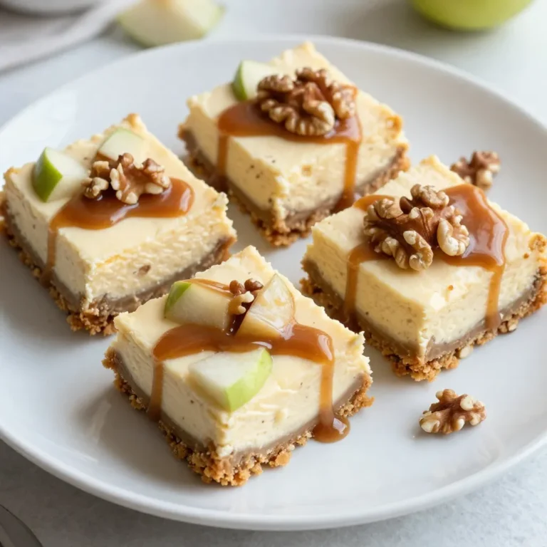 - 1 ½ cups graham cracker crumbs - ½ cup unsalted butter, melted - 2 cups cream cheese, softened - 1 cup granulated sugar - 2 large eggs, at room temperature - 1 teaspoon pure vanilla extract - 2 cups Granny Smith or Honeycrisp apples, peeled and diced - 1 teaspoon ground cinnamon - ½ teaspoon ground nutmeg - 1 cup caramel sauce (store-bought or homemade) - ½ cup walnuts, chopped (optional) To make these caramel apple cheesecake bars, you will need simple yet key ingredients. The graham cracker crumbs form a tasty crust. You will melt butter to mix with the crumbs. Use cream cheese to make the filling rich and creamy. Granulated sugar adds sweetness, while eggs help set the cheesecake. Don't forget the vanilla extract for flavor. For the apple filling, choose Granny Smith or Honeycrisp apples. They add a nice tartness. Ground cinnamon and nutmeg bring warmth to the dish. The caramel sauce gives a sweet touch, and walnuts add a nice crunch if you choose to include them. Each ingredient plays a big role in creating a sweet and creamy treat that everyone will love. {{ingredient_image_2}} 1. First, preheat your oven to 325°F (160°C). This step is key for a good bake. 2. In a medium bowl, mix 1 ½ cups of graham cracker crumbs with ½ cup of melted butter. Stir until the crumbs are fully coated. 3. Press this mixture firmly into the bottom of a lined 9x13 inch baking pan. This will form your crust. 4. Bake the crust in the oven for 10 minutes. It should look lightly golden. Remove it and let it cool slightly. 1. In a large bowl, beat 2 cups of softened cream cheese with 1 cup of granulated sugar. Use an electric mixer on medium speed until it becomes smooth. 2. Next, add 2 large eggs one at a time. Mix well after each egg until fully combined. 3. Now add 1 teaspoon of pure vanilla extract, 1 teaspoon of ground cinnamon, and ½ teaspoon of ground nutmeg. Stir until mixed. 4. Gently fold in 2 cups of diced apples. If you like, add ½ cup of chopped walnuts for extra texture. 1. Pour the creamy filling over the cooled crust. Spread it out evenly with a spatula. 2. Drizzle 1 cup of caramel sauce over the top. Use a knife to swirl it into the cheesecake for a marbled look. 3. Bake in the preheated oven for 40-45 minutes. The edges should be golden, and the center should be set. 4. Allow the bars to cool at room temperature. Then, transfer them to the fridge to chill for at least 3 hours. 5. Once chilled, lift the bars out using the parchment paper. Cut into squares and drizzle with more caramel before serving. To get smooth, creamy cheesecake bars, I have some key tips for you. - Preventing Cracks: Always mix the cream cheese and sugar until smooth. Over-mixing can add too much air, causing cracks. Bake at a lower temperature, like 325°F, to help keep the bars moist. - Ensuring Even Baking: Place your baking pan in the center of the oven. This helps heat circulate evenly. If you can, use an oven thermometer to make sure of the right temperature. - How to Tell When Bars Are Ready: Look for a slight jiggle in the center when you gently shake the pan. The edges should be firm and lightly golden. Now, let’s make those bars shine when you serve them! - Presentation Tips: Use a nice platter. Place the bars in neat rows. Add fresh apple slices and sprinkle chopped walnuts on top for extra flair. A drizzle of caramel adds a delicious touch. - Pairing with Beverages: Serve these bars with a warm cup of spiced cider or a sweet dessert wine. The flavors will blend beautifully. - Ideal Garnishes: A dollop of whipped cream on the side works wonders. You can also add a sprinkle of cinnamon or a light dusting of powdered sugar for a sweet finish. Pro Tips Use Room Temperature Ingredients: Ensure that your cream cheese, eggs, and butter are at room temperature. This will help create a smoother, more homogeneous batter without lumps. Choose the Right Apples: Granny Smith apples provide a tart contrast to the sweetness of the cheesecake and caramel. Honeycrisp apples are also a great choice for their crisp texture and balanced sweetness. Swirl the Caramel Effectively: When swirling the caramel into the cheesecake mixture, use a gentle hand to avoid overmixing. This will create a beautiful marbled effect while keeping the caramel distinct. Chill for Best Results: Allowing the cheesecake bars to chill thoroughly in the refrigerator not only helps them set properly but also enhances the flavors, making each bite more delicious. {{image_4}} You can change the flavors of your Caramel Apple Cheesecake Bars in fun ways. - Alternative fruits: Try pears or peaches for a twist. These fruits add a different sweetness and texture. - Different nut options: Swap walnuts with pecans or almonds. Each nut gives a unique crunch and taste. - Using flavored caramel or chocolate: Experiment with salted caramel or dark chocolate. These flavors can add depth to your dessert. You can also make these bars fit your diet. - Gluten-free options for crust: Use gluten-free graham cracker crumbs. This makes the crust safe for those with gluten issues. - Dairy alternatives for filling: Replace cream cheese with cashew or coconut cream. These options still create a creamy filling. - Low-sugar variations: Use sugar substitutes or applesauce. It helps cut down the sugar while keeping the taste. Feel free to mix and match these ideas. Your bars can be unique to your taste and needs! To keep your caramel apple cheesecake bars fresh, store them properly. First, let the bars cool completely after baking. Then, place them in an airtight container. This helps keep moisture out. If you want to save them for later, you can freeze them. Cut them into squares before freezing for easy serving. Wrap each piece in plastic wrap and place them in a freezer bag. Make sure to remove as much air as possible. In the fridge, these bars last about five to seven days. Always check for signs of spoilage. If you see any mold, or if they smell off, it's time to toss them. If you store them in the freezer, they can last up to three months. Just remember to thaw them in the fridge before serving. This helps keep their texture nice and creamy. Can I use other types of apples? Yes, you can use other apples. Honeycrisp and Fuji apples work well. They add sweetness and a nice crunch. Just make sure they are firm. This keeps your cheesecake bars from getting mushy. How do I prevent the crust from getting soggy? To keep the crust firm, bake it before adding the filling. Bake for 10 minutes at 325°F. This helps set the crust. Make sure to let it cool slightly before adding the cheesecake mix. Can I make these cheesecake bars ahead of time? Yes, you can make these bars a day ahead. Just bake and chill them as per the recipe. They taste even better after sitting in the fridge. What if I don’t have graham cracker crumbs? If you lack graham cracker crumbs, you have options! Use crushed cookies like Oreos or vanilla wafers. You can even use crushed pretzels for a salty twist. Just mix them with melted butter as you would with graham crackers. You’ve learned how to make delicious cheesecake bars from scratch. The ingredients are simple, like graham crackers, cream cheese, and apples. I shared how to prepare the crust and filling, plus tips to bake them perfectly. Consider variations for different flavors and dietary needs too. Store your bars well and enjoy them fresh. Remember, these treats are fun to make and great to share. Now, gather your ingredients and start baking! Enjoy every bite of your creation.