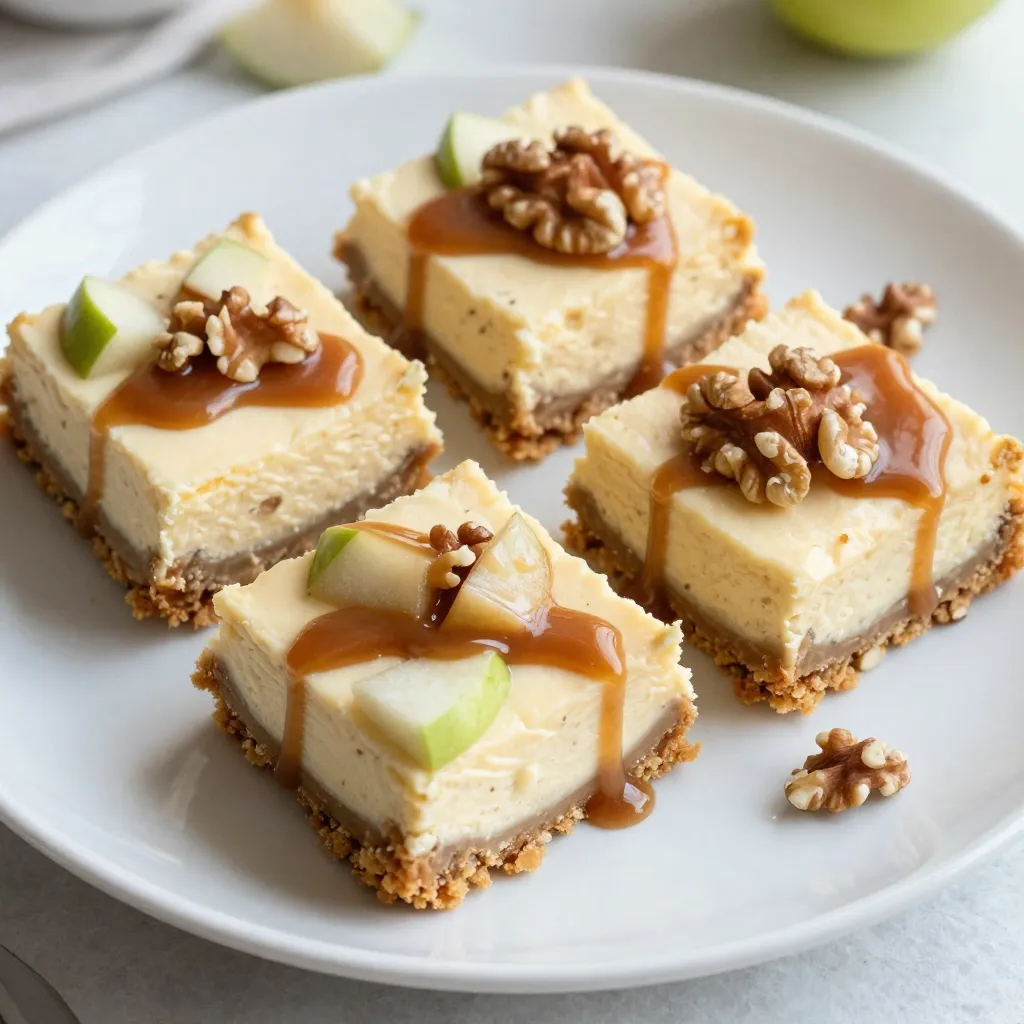 - 1 ½ cups graham cracker crumbs - ½ cup unsalted butter, melted - 2 cups cream cheese, softened - 1 cup granulated sugar - 2 large eggs, at room temperature - 1 teaspoon pure vanilla extract - 2 cups Granny Smith or Honeycrisp apples, peeled and diced - 1 teaspoon ground cinnamon - ½ teaspoon ground nutmeg - 1 cup caramel sauce (store-bought or homemade) - ½ cup walnuts, chopped (optional) To make these caramel apple cheesecake bars, you will need simple yet key ingredients. The graham cracker crumbs form a tasty crust. You will melt butter to mix with the crumbs. Use cream cheese to make the filling rich and creamy. Granulated sugar adds sweetness, while eggs help set the cheesecake. Don't forget the vanilla extract for flavor. For the apple filling, choose Granny Smith or Honeycrisp apples. They add a nice tartness. Ground cinnamon and nutmeg bring warmth to the dish. The caramel sauce gives a sweet touch, and walnuts add a nice crunch if you choose to include them. Each ingredient plays a big role in creating a sweet and creamy treat that everyone will love. {{ingredient_image_2}} 1. First, preheat your oven to 325°F (160°C). This step is key for a good bake. 2. In a medium bowl, mix 1 ½ cups of graham cracker crumbs with ½ cup of melted butter. Stir until the crumbs are fully coated. 3. Press this mixture firmly into the bottom of a lined 9x13 inch baking pan. This will form your crust. 4. Bake the crust in the oven for 10 minutes. It should look lightly golden. Remove it and let it cool slightly. 1. In a large bowl, beat 2 cups of softened cream cheese with 1 cup of granulated sugar. Use an electric mixer on medium speed until it becomes smooth. 2. Next, add 2 large eggs one at a time. Mix well after each egg until fully combined. 3. Now add 1 teaspoon of pure vanilla extract, 1 teaspoon of ground cinnamon, and ½ teaspoon of ground nutmeg. Stir until mixed. 4. Gently fold in 2 cups of diced apples. If you like, add ½ cup of chopped walnuts for extra texture. 1. Pour the creamy filling over the cooled crust. Spread it out evenly with a spatula. 2. Drizzle 1 cup of caramel sauce over the top. Use a knife to swirl it into the cheesecake for a marbled look. 3. Bake in the preheated oven for 40-45 minutes. The edges should be golden, and the center should be set. 4. Allow the bars to cool at room temperature. Then, transfer them to the fridge to chill for at least 3 hours. 5. Once chilled, lift the bars out using the parchment paper. Cut into squares and drizzle with more caramel before serving. To get smooth, creamy cheesecake bars, I have some key tips for you. - Preventing Cracks: Always mix the cream cheese and sugar until smooth. Over-mixing can add too much air, causing cracks. Bake at a lower temperature, like 325°F, to help keep the bars moist. - Ensuring Even Baking: Place your baking pan in the center of the oven. This helps heat circulate evenly. If you can, use an oven thermometer to make sure of the right temperature. - How to Tell When Bars Are Ready: Look for a slight jiggle in the center when you gently shake the pan. The edges should be firm and lightly golden. Now, let’s make those bars shine when you serve them! - Presentation Tips: Use a nice platter. Place the bars in neat rows. Add fresh apple slices and sprinkle chopped walnuts on top for extra flair. A drizzle of caramel adds a delicious touch. - Pairing with Beverages: Serve these bars with a warm cup of spiced cider or a sweet dessert wine. The flavors will blend beautifully. - Ideal Garnishes: A dollop of whipped cream on the side works wonders. You can also add a sprinkle of cinnamon or a light dusting of powdered sugar for a sweet finish. Pro Tips Use Room Temperature Ingredients: Ensure that your cream cheese, eggs, and butter are at room temperature. This will help create a smoother, more homogeneous batter without lumps. Choose the Right Apples: Granny Smith apples provide a tart contrast to the sweetness of the cheesecake and caramel. Honeycrisp apples are also a great choice for their crisp texture and balanced sweetness. Swirl the Caramel Effectively: When swirling the caramel into the cheesecake mixture, use a gentle hand to avoid overmixing. This will create a beautiful marbled effect while keeping the caramel distinct. Chill for Best Results: Allowing the cheesecake bars to chill thoroughly in the refrigerator not only helps them set properly but also enhances the flavors, making each bite more delicious. {{image_4}} You can change the flavors of your Caramel Apple Cheesecake Bars in fun ways. - Alternative fruits: Try pears or peaches for a twist. These fruits add a different sweetness and texture. - Different nut options: Swap walnuts with pecans or almonds. Each nut gives a unique crunch and taste. - Using flavored caramel or chocolate: Experiment with salted caramel or dark chocolate. These flavors can add depth to your dessert. You can also make these bars fit your diet. - Gluten-free options for crust: Use gluten-free graham cracker crumbs. This makes the crust safe for those with gluten issues. - Dairy alternatives for filling: Replace cream cheese with cashew or coconut cream. These options still create a creamy filling. - Low-sugar variations: Use sugar substitutes or applesauce. It helps cut down the sugar while keeping the taste. Feel free to mix and match these ideas. Your bars can be unique to your taste and needs! To keep your caramel apple cheesecake bars fresh, store them properly. First, let the bars cool completely after baking. Then, place them in an airtight container. This helps keep moisture out. If you want to save them for later, you can freeze them. Cut them into squares before freezing for easy serving. Wrap each piece in plastic wrap and place them in a freezer bag. Make sure to remove as much air as possible. In the fridge, these bars last about five to seven days. Always check for signs of spoilage. If you see any mold, or if they smell off, it's time to toss them. If you store them in the freezer, they can last up to three months. Just remember to thaw them in the fridge before serving. This helps keep their texture nice and creamy. Can I use other types of apples? Yes, you can use other apples. Honeycrisp and Fuji apples work well. They add sweetness and a nice crunch. Just make sure they are firm. This keeps your cheesecake bars from getting mushy. How do I prevent the crust from getting soggy? To keep the crust firm, bake it before adding the filling. Bake for 10 minutes at 325°F. This helps set the crust. Make sure to let it cool slightly before adding the cheesecake mix. Can I make these cheesecake bars ahead of time? Yes, you can make these bars a day ahead. Just bake and chill them as per the recipe. They taste even better after sitting in the fridge. What if I don’t have graham cracker crumbs? If you lack graham cracker crumbs, you have options! Use crushed cookies like Oreos or vanilla wafers. You can even use crushed pretzels for a salty twist. Just mix them with melted butter as you would with graham crackers. You’ve learned how to make delicious cheesecake bars from scratch. The ingredients are simple, like graham crackers, cream cheese, and apples. I shared how to prepare the crust and filling, plus tips to bake them perfectly. Consider variations for different flavors and dietary needs too. Store your bars well and enjoy them fresh. Remember, these treats are fun to make and great to share. Now, gather your ingredients and start baking! Enjoy every bite of your creation.
