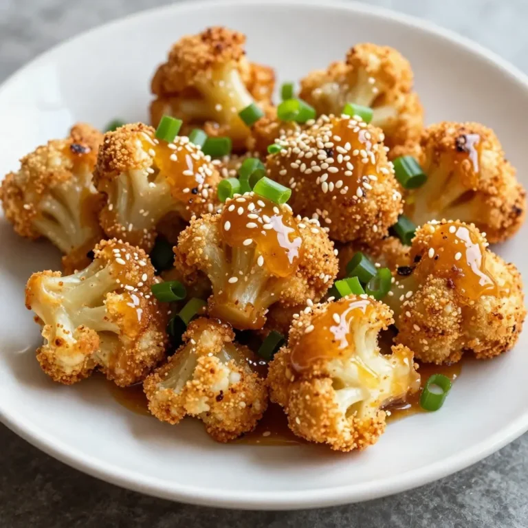 To make honey garlic cauliflower bites, you need a few main items. Here’s what you’ll need: - 1 medium head of cauliflower, cut into bite-sized florets - 1/2 cup all-purpose flour - 1/2 cup Panko breadcrumbs - 1/2 cup honey - 3 tablespoons soy sauce - 2 cloves garlic, minced These ingredients work together to create a delightful dish. The cauliflower provides a great base, while the honey and soy sauce add sweet and savory notes. Spices and seasonings play a big role in flavor. For this recipe, you will need: - 1 teaspoon garlic powder - 1 teaspoon onion powder - 1/2 teaspoon smoked paprika - Salt and pepper, to taste These spices add depth and warmth. Garlic powder enhances the garlic flavor, while smoked paprika gives a hint of smokiness. Garnishes make your dish look and taste better. Here are some tasty options: - Sesame seeds - Chopped green onions These garnishes add a nice crunch and fresh flavor. They also make your honey garlic cauliflower bites look stunning for serving. {{ingredient_image_2}} First, preheat your oven to 425°F (220°C). This step is key for crispy bites. While the oven heats, line a baking sheet with parchment paper. This helps the cauliflower not stick and makes cleanup easy. In a large bowl, add your cauliflower florets. Sprinkle in the flour, garlic powder, onion powder, smoked paprika, salt, and pepper. Toss gently until every floret is coated well. Next, move the cauliflower to the Panko breadcrumbs. Toss again to make sure each piece is fully covered. Spread the coated florets evenly on the lined baking sheet. Make sure they have space between them for the best crunch. While your cauliflower bakes, let’s make the sauce. In a small saucepan, mix honey, soy sauce, apple cider vinegar, and minced garlic over medium heat. Whisk until combined. Bring this mix to a gentle simmer. Lower the heat and let it simmer for about 5-7 minutes. Stir occasionally until it thickens slightly. Once the cauliflower is golden and crispy, take it out of the oven. Drizzle the warm honey garlic sauce over the bites. Toss gently to coat them well in the sauce. Enjoy your flavorful treat! To get the best crispiness, follow these steps: - Use Panko breadcrumbs. They add a great crunch. - Do not overcrowd the baking sheet. Space between florets helps air flow. - Flip the cauliflower halfway through baking. This ensures even cooking. Baking at 425°F (220°C) also helps achieve that golden brown look. You can easily adjust this recipe for different diets: - For gluten-free, swap all-purpose flour with chickpea flour. - Use tamari instead of soy sauce for a gluten-free option. - Replace honey with maple syrup for a vegan choice. These swaps keep the flavor while meeting your needs. Here are some common mistakes to watch out for: - Skipping the flour coating. This step helps the breadcrumbs stick better. - Not preheating the oven. A hot oven helps the cauliflower cook right. - Overcooking the sauce. It should thicken slightly, not burn. Avoiding these mistakes will lead to tasty, crispy bites every time! Pro Tips Choose Fresh Cauliflower: Select a medium head of cauliflower that is firm and free of blemishes for the best flavor and texture. Adjust the Sauce Sweetness: Feel free to adjust the amount of honey in the sauce to suit your taste preferences; add more for sweeter bites or less for a savory touch. Experiment with Spices: Enhance the flavor by adding spices such as cayenne pepper or Italian seasoning to the breadcrumb mixture for a unique twist. Serve Immediately: For the best texture, serve the cauliflower bites right after coating them in the sauce to maintain their crispiness. {{image_4}} If you like heat, you can make spicy honey garlic cauliflower. Start by adding red pepper flakes to the honey garlic sauce. Use about half a teaspoon for a mild kick. For more heat, add more flakes to suit your taste. You may also use a dash of hot sauce in the sauce mix. This adds flavor and heat without changing the recipe much. For a gluten-free twist, swap the all-purpose flour with rice flour. Panko breadcrumbs can be replaced with crushed gluten-free crackers. Both changes keep the crunch while making the dish safe for gluten-sensitive eaters. The flavor remains rich and sweet, just like the original. You can add more veggies to this dish for extra color and taste. Try using bell peppers, broccoli, or carrots. Cut them into similar sizes to the cauliflower florets. Toss them in the same flour mixture before coating. This mix not only adds nutrients but also makes the dish more vibrant and fun to eat. To keep your honey garlic cauliflower bites fresh, let them cool first. Place the bites in an airtight container. You can store them in the fridge for up to three days. Make sure the container is sealed well. This will help retain their flavor and texture. When you're ready to enjoy your leftovers, preheat the oven to 350°F (175°C). Spread the cauliflower bites on a baking sheet. Reheat them for about 10-15 minutes. This will help them regain their crispness. You can also use an air fryer for a quicker option. Just heat them at 350°F (175°C) for 5-7 minutes. If you want to freeze your honey garlic cauliflower bites, make sure they are fully cooled. Place them in a single layer on a baking sheet. Freeze them until firm, then transfer to a freezer bag. They can last for up to three months. When you're ready to eat, just reheat them directly from the freezer. Yes, you can use other sweeteners. Maple syrup or agave nectar works well. These options give a different taste but still taste great. Adjust the amount based on your taste. If you prefer a less sweet flavor, try using less sweetener. To make this dish vegan, swap honey for maple syrup or agave nectar. This keeps the flavor while making it plant-based. Check that your soy sauce is vegan, as some brands may add fish. You can also use a gluten-free soy sauce if needed. These bites are great with rice or quinoa. They also work well as a side with stir-fried vegetables. For a full meal, serve them with tofu or a veggie burger. Try them with a fresh salad for a light option. The flavors blend well with many dishes. This blog post covered everything you need for Honey Garlic Cauliflower Bites. We looked at key ingredients, the steps to cook it, and tips for the best results. Remember, you can spice things up with heat or make a gluten-free version. Plus, storing leftovers is easy. Now that you're ready to try this recipe, enjoy the tasty rewards. Happy cooking!