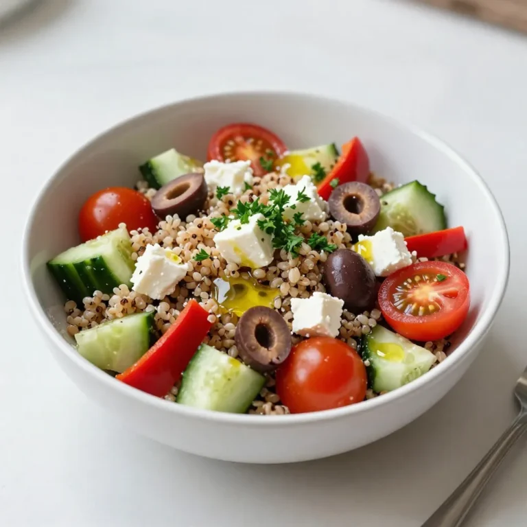 To make a tasty Mediterranean quinoa salad, you need these main ingredients: - 1 cup quinoa, thoroughly rinsed - 2 cups vegetable broth for cooking - 1 cup cherry tomatoes, halved for sweetness - 1 cucumber, diced into bite-sized pieces - 1 red bell pepper, diced for crunch - 1/2 red onion, finely chopped for a bit of zing - 1/2 cup Kalamata olives, pitted and sliced for a salty bite - 1/4 cup feta cheese, crumbled for creaminess - 1/4 cup fresh parsley, chopped for brightness - 1/4 cup extra virgin olive oil for rich flavor - 2 tablespoons fresh lemon juice for a zesty kick - 1 teaspoon dried oregano for the Mediterranean touch - Salt and pepper to taste These ingredients create a mix of flavors and textures. The quinoa gives your salad a hearty base. The fresh veggies add crunch and sweetness. Feta cheese brings creaminess, while olives offer saltiness. To make the salad even better, consider these optional add-ins: - Avocado for creaminess - Chickpeas for protein - Spinach for extra greens - Artichoke hearts for a unique taste These add-ins can boost the nutrition and flavor of your dish. Feel free to mix and match based on what you have at home. Presentation matters! Here are some toppings to make your salad look great: - Extra parsley, chopped for color - Whole Kalamata olives for a classy touch - Crumbled feta cheese on top for visual appeal - Drizzle of olive oil for shine These toppings not only enhance the look but also add flavor. A beautiful dish makes every meal feel special. Enjoy your Mediterranean quinoa salad! {{ingredient_image_2}} To start, you must rinse the quinoa. This step helps remove any bitter taste. Next, add 1 cup of rinsed quinoa to a medium saucepan with 2 cups of vegetable broth. Place it on medium-high heat and bring the mixture to a boil. Once it bubbles, lower the heat to low. Cover the pot and let it simmer for about 15 minutes. After the liquid absorbs, take it off the heat. Keep it covered for another 5 minutes. Finally, fluff the quinoa gently with a fork. This makes it light and fluffy. While the quinoa cooks, you can prepare the vegetables. Grab a large mixing bowl. Toss in 1 cup of halved cherry tomatoes, 1 diced cucumber, and 1 diced red bell pepper. Add 1/2 finely chopped red onion and 1/2 cup of sliced Kalamata olives. Finally, sprinkle in 1/4 cup of crumbled feta cheese. This colorful mix adds both flavor and crunch to your salad. Now, let’s make the dressing. In a small bowl, whisk together 1/4 cup of extra virgin olive oil and 2 tablespoons of fresh lemon juice. Add 1 teaspoon of dried oregano and a pinch of salt and pepper. Whisk until it combines well. This dressing will bring all the flavors together beautifully. Once your quinoa has cooled slightly, add it to the vegetable medley. Drizzle the dressing over the top and gently toss everything together. Make sure each piece gets a nice coating. Finally, fold in 1/4 cup of chopped parsley for a fresh touch. To achieve the perfect fluffy quinoa, rinse it well. This removes any bitter coating. Use two cups of vegetable broth for one cup of quinoa. Bring it to a boil first, then lower the heat. Cover it and let it simmer for about fifteen minutes. When the liquid is gone, let it sit for five more minutes. Finally, fluff it gently with a fork to separate the grains. The Mediterranean Quinoa Salad shines with vibrant flavors. Pair sweet cherry tomatoes with crunchy cucumber for freshness. Add red bell pepper for a delightful crunch. Kalamata olives bring a salty bite, while feta cheese adds creaminess. For extra zest, use fresh lemon juice and dried oregano. Mixing these flavors creates a well-rounded dish you will love. Serve this salad in a large, beautiful bowl. Garnish it with chopped parsley and whole Kalamata olives on top. For a complete meal, pair it with warm pita bread. This makes the dish more enjoyable and adds a nice touch. Refrigerate it for at least thirty minutes before serving. This enhances the flavors, making every bite a delight. Pro Tips Use High-Quality Olive Oil: A good extra virgin olive oil enhances the flavor of your dish, making it richer and more aromatic. Chill Before Serving: Allowing the salad to chill for at least 30 minutes helps the flavors meld together, providing a more delicious experience. Customize Your Veggies: Feel free to swap out vegetables according to your preference or seasonality, like adding bell peppers or zucchini for extra crunch. Fresh Herbs Matter: Using fresh parsley instead of dried adds a burst of flavor and a pop of color, elevating the overall presentation. {{image_4}} You can boost this salad by adding protein. Grilled chicken or shrimp works well. You can also use chickpeas or lentils for a plant-based option. Just mix them in after cooking your quinoa. This makes the salad filling and satisfying. Seasonal veggies can change the flavor. In summer, add zucchini or bell peppers. In fall, try roasted butternut squash or sweet potatoes. This keeps the dish fresh and exciting. You can mix and match based on what's available. Always aim for bright colors to make your salad pop. To make this salad vegan, skip the feta cheese. Use avocado instead for creaminess. You can also add hemp seeds or sunflower seeds for texture. These swaps keep the dish tasty while fitting a vegan diet. Don't forget to check your broth; make sure it's vegetable-based! To store your leftover Mediterranean quinoa salad, place it in an airtight container. This helps keep it fresh and tasty. Make sure to seal it well. You can store it in the fridge for up to three days. If you want to keep it longer, consider freezing it. However, the texture may change slightly after freezing. To keep your salad ingredients fresh, store them separately if possible. For example, keep the quinoa and dressing apart from the veggies. This prevents sogginess. You can also store chopped veggies in a sealed bag with a paper towel. The towel absorbs extra moisture and keeps them crisp. Always use fresh ingredients to enhance the salad's flavor and look. You typically do not need to heat this salad. It tastes best cold. If you prefer your quinoa warm, you can reheat it gently. Place the quinoa in a pot over low heat. Add a splash of water to avoid drying it out. Stir often until warm. Do not reheat the veggies or dressing, as they lose their crunch and flavor. Yes, you can make this salad ahead of time. It tastes even better after resting. Prepare the salad and store it in the fridge for up to 24 hours. The flavors blend nicely, making each bite more delicious. Just remember to give it a gentle toss before serving. If you want to skip feta cheese, try using goat cheese or a dairy-free option. Crumbled tofu also works well for a vegan choice. These alternatives can give a similar creamy texture and flavor. You can even use nutritional yeast for a cheesy taste without dairy. Yes, this recipe is gluten-free. Quinoa is a naturally gluten-free grain. It’s a great choice for those with gluten sensitivities or celiac disease. Just make sure your vegetable broth is also gluten-free to keep the salad safe for everyone. The salad lasts about 3 to 5 days in the fridge. Store it in an airtight container to keep it fresh. If you notice any excess moisture, gently drain it before serving. This keeps the salad crisp and enjoyable for days. Mediterranean Quinoa Salad is simple and full of flavor. We covered key ingredients, cooking tips, and tasty variations. You can customize it with your favorite add-ins and toppings. Remember, store leftovers properly for fresh meals later. I hope you feel inspired to make this dish. It combines healthy foods with vibrant flavors. Enjoy making and sharing this salad with family and friends. You’ll love its endless possibilities!