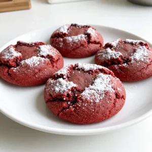- 1 and 1/2 cups all-purpose flour - 1/2 cup unsweetened cocoa powder - 1 teaspoon baking powder - 1/2 teaspoon baking soda - 1/4 teaspoon salt - 1/2 cup unsalted butter, softened to room temperature - 1 cup granulated sugar - 1 large egg - 2 teaspoons pure vanilla extract - 1 tablespoon red food coloring - 1/2 cup powdered sugar (for dusting and coating) To help you measure ingredients easily: - 1 cup = 240 ml - 1/2 cup = 120 ml - 1 tablespoon = 15 ml - 1 teaspoon = 5 ml - 1 cup of all-purpose flour = about 120 grams - 1 cup of granulated sugar = about 200 grams - 1 cup of unsweetened cocoa powder = about 100 grams If you're missing some items, here are swaps: - Use coconut oil for unsalted butter. - Replace red food coloring with beet juice for natural color. - Use gluten-free flour mix instead of all-purpose flour. - Swap granulated sugar with coconut sugar for a healthier option. - Use egg substitute like applesauce for a vegan version. These swaps keep the cookies tasty while fitting your needs. Feel free to experiment with flavors and textures! {{ingredient_image_2}} - Preheating the Oven First, preheat your oven to 350°F (175°C). This ensures that your cookies bake evenly. - Preparing the Baking Sheet Line a baking sheet with parchment paper. This helps prevent sticking and makes cleanup easy. - Creaming Butter and Sugar In a large bowl, cream together 1/2 cup unsalted butter and 1 cup granulated sugar. Use an electric mixer on medium speed. Beat until the mixture is light and fluffy, about 3 to 4 minutes. - Incorporating Wet and Dry Ingredients Add 1 large egg, 2 teaspoons pure vanilla extract, and 1 tablespoon red food coloring to the butter-sugar mix. Blend on low speed until all the ingredients are combined. Next, sift together 1 and 1/2 cups all-purpose flour, 1/2 cup cocoa powder, 1 teaspoon baking powder, 1/2 teaspoon baking soda, and 1/4 teaspoon salt in another bowl. Gradually mix in the dry ingredients. Be gentle to keep the dough soft. - Chilling the Dough Cover the dough with plastic wrap and chill it in the fridge for 30 minutes. This step makes the dough easier to handle. - Rolling and Coating Cookies After chilling, use a cookie scoop or your hands to roll the dough into 1-inch balls. Roll each ball in 1/2 cup powdered sugar until coated well. This gives the cookies their crinkle look. - Baking Time and Temperature Place the coated dough balls on the prepared baking sheet, spacing them about 2 inches apart. Bake in the preheated oven for 10 to 12 minutes. The edges should look set, but the centers can stay soft. Let the cookies cool on the baking sheet for 5 minutes before moving them to a wire rack. To get the right texture for your Red Velvet Crinkle Cookies, you need to chill the dough. Chilling makes the dough firm. This helps the cookies hold their shape while baking. Aim for a soft, slightly sticky dough. If the dough is too dry, your cookies may turn out tough. Remember, gentle mixing is key. Overmixing can lead to dense cookies. One common mistake is skipping the chilling step. This can cause your cookies to spread too much. Also, avoid using too much flour. Measuring flour incorrectly can lead to dry cookies. Use the spoon-and-level method when measuring. Finally, don’t forget to coat your dough balls in powdered sugar. This gives them their signature crinkle look! For a stunning presentation, serve your cookies on a colorful platter. A decorative box also works great. Just before serving, dust them lightly with more powdered sugar. This adds a nice touch. Consider pairing these cookies with a glass of milk or coffee. They are even better when shared with friends! Pro Tips Chill the Dough: Chilling the dough for at least 30 minutes helps to firm it up, making it easier to roll and shape while preventing excessive spreading during baking. Use Quality Ingredients: Using high-quality cocoa powder and pure vanilla extract will enhance the flavor of your cookies, giving them a rich and delightful taste. Don’t Overbake: Keep an eye on the cookies while baking; they should be set at the edges but still soft in the center. This ensures a chewy texture that everyone loves. Dust Generously: Coat the dough balls thoroughly in powdered sugar before baking to achieve the classic crinkle appearance and a sweet contrast to the rich cookie. {{image_4}} To make gluten-free red velvet crinkle cookies, swap the all-purpose flour with a gluten-free blend. Look for a blend that includes xanthan gum. This will help the cookies hold their shape and texture. You can find these blends in most grocery stores. The other ingredients can stay the same. Just follow the same steps, and you'll enjoy delicious cookies without gluten. You can add fun flavors to your red velvet crinkle cookies. Consider mixing in chocolate chips for a tasty twist. Use semi-sweet or white chocolate chips to enhance the cookie's sweetness and richness. You can also add nuts like pecans or walnuts for extra crunch. These additions will surprise your friends and family with a new flavor in every bite. Red velvet crinkle cookies are perfect for any holiday. For Valentine's Day, use heart-shaped cookie cutters. You can even sprinkle some edible glitter on top for a festive look. For Christmas, add a dash of peppermint extract to the dough. You could also color the powdered sugar with green or red food coloring. These small changes can make your cookies fit the season while keeping the same delightful taste. To keep your red velvet crinkle cookies fresh, store them in an airtight container. Place a piece of parchment paper between layers to avoid sticking. This method helps keep them soft. You can enjoy cookies for up to a week at room temperature. If you want to keep them longer, refrigeration is a good option. Just remember to seal them well. Freezing cookies is easy. First, let the cookies cool completely. Then, place them in a single layer on a baking sheet and freeze for about an hour. This step prevents them from sticking together. Once frozen, transfer the cookies to a freezer-safe bag. You can freeze them for up to three months. To defrost, leave them at room temperature for about 30 minutes before enjoying. These cookies shine at any gathering. Serve them on a pretty platter for a festive look. Dust some extra powdered sugar on top for a touch of elegance. Pair them with milk or coffee for a tasty treat. You can also stack them in a decorative box for a lovely gift. Enjoy sharing these delightful cookies with friends and family! To stop your cookies from spreading, chill the dough before baking. After mixing, wrap the dough in plastic wrap. Place it in the fridge for about 30 minutes. This cools the butter, helping the cookies keep their shape. Also, make sure you space the dough balls correctly on the baking sheet. Leave about 2 inches between each ball. You can use liquid food coloring, but it may change the cookie's texture. Liquid food coloring has more water content. This extra moisture can make the dough too wet. If you use it, you might need to add a bit more flour to balance it out. Gel food coloring is thicker and gives a richer color without changing the dough much. If your dough feels too sticky, add a bit more flour. Start with one tablespoon at a time. Mix it in until the dough becomes manageable. Another option is to chill the dough longer. Cool dough helps it firm up. This makes it easier to roll into balls without sticking to your hands. You now have a solid understanding of making delicious cookies. We covered all the key steps, from gathering ingredients to storage tips. You learned about ingredient swaps, preparation, and baking methods. Plus, I shared common mistakes and fun variations. Remember, practice makes perfect. Don't hesitate to experiment with flavors or decorations. Enjoy your baking journey, and share these treats with friends and family! They will love your results.