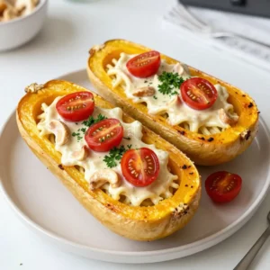 To make a delicious Spaghetti Squash Alfredo, you'll need these simple ingredients: - 1 medium spaghetti squash - 1 tablespoon olive oil - 3 cloves garlic, minced - 1 cup raw cashews (soaked in water for at least 3 hours) - 1 cup vegetable broth - 1/4 cup nutritional yeast - 1 tablespoon fresh lemon juice - Kosher salt and freshly cracked black pepper to taste - Fresh parsley, finely chopped (for garnish) - Cherry tomatoes, halved (for garnish) These ingredients work together to create a creamy and satisfying dish. The spaghetti squash serves as a light base, while the cashews add creaminess. Nutritional yeast gives that cheesy flavor without any dairy. Don't forget the garlic and lemon juice for a burst of flavor! The parsley and cherry tomatoes make the dish visually appealing and fresh. {{ingredient_image_2}} 1. Preheat your oven. Set it to 400&deg;F (200&deg;C). This helps cook the squash evenly. 2. Cut the squash. Carefully slice the spaghetti squash in half lengthwise. Use a spoon to scoop out the seeds. 3. Drizzle with olive oil. Pour one tablespoon of olive oil on the cut sides. Spread it to coat well. 4. Season the squash. Sprinkle kosher salt and black pepper evenly on the cut sides. 5. Roast the squash. Place the squash halves cut-side down on a lined baking sheet. Roast for 40-50 minutes. The flesh should be tender. 1. Blend the sauce. In a blender, add soaked cashews, minced garlic, vegetable broth, nutritional yeast, and lemon juice. 2. Adjust the consistency. Blend until smooth. If it's too thick, add more vegetable broth. Blend until you reach the right texture. 3. Season the sauce. Taste the sauce and add salt and pepper as needed. This will enhance the flavors. 1. Scrape the strands. Once the squash cools, use a fork to scrape the flesh into spaghetti-like strands. 2. Mix with the sauce. In a large bowl, combine the squash strands with the Alfredo sauce. Toss gently to coat. 3. Serve and garnish. Dish it out warm, adding chopped parsley and halved cherry tomatoes on top. These add color and taste. This dish is not only easy to make, but it's also packed with flavor and nutrients! - Roasting Spaghetti Squash: Cut the squash in half. Remove the seeds. Drizzle with olive oil. Add salt and pepper. Place cut-side down on parchment. Roast at 400&deg;F for 40-50 minutes. The flesh should be tender and easy to shred. - Creamy Sauce Texture: Soak cashews for at least three hours. Blend with garlic, broth, and nutritional yeast until smooth. If too thick, add more vegetable broth until creamy. Taste and adjust seasoning with salt and pepper. - Plating for Presentation: Use individual pasta bowls for a nice touch. Top with extra olive oil for richness. Sprinkle with parsley and add halved cherry tomatoes for color. - Pairing Ideas: Pair this dish with a fresh salad or some crusty bread. A light white wine can complement the flavors well. - Alternative Vegetables: You can try zucchini or butternut squash instead of spaghetti squash. Both give a similar texture and taste. - Dairy-Free Options: For a dairy-free Alfredo, use cashews as the base. You can also use almond or coconut milk to add creaminess. Pro Tips Choose the Right Squash: Look for a spaghetti squash that feels heavy for its size and has a firm skin, indicating ripeness and flavor. Soak Cashews Properly: Soaking cashews for at least three hours softens them and ensures a creamy texture in your Alfredo sauce. Adjust Sauce Consistency: If your Alfredo sauce is too thick, gradually add more vegetable broth until you reach the desired creaminess. Add Depth of Flavor: Incorporate additional spices like nutmeg or smoked paprika into the Alfredo sauce for a unique flavor twist. {{image_4}} You can make your Spaghetti Squash Alfredo even better with some tasty add-ins. Cooked veggies add color and nutrients. Try adding: - Spinach - Broccoli - Bell peppers These veggies blend well with the creamy sauce. They also give a nice texture. You can also add protein to make it heartier. Consider: - Grilled chicken - Shrimp - Tofu Adding protein makes the dish more filling. Each option adds flavor and a personal touch. Changing garnishes can reflect the seasons. In spring, fresh herbs like basil or chives work well. In summer, try adding bright cherry tomatoes for color. In fall, consider roasted pumpkin seeds. In winter, add warm spices like nutmeg or cinnamon for a cozy touch. For holidays, you can adapt flavors too. For Thanksgiving, add sage or thyme. For Christmas, a sprinkle of cranberries can add a festive twist. Feel free to switch up the sauce. While the Alfredo is creamy and rich, you can try: - Pesto for a fresh taste - Marinara for a classic twist Adding spices can also enhance the flavor. A pinch of red pepper flakes adds heat. Fresh herbs like parsley or basil can brighten the dish too. Experiment with different combinations to find your favorite! To keep your Spaghetti Squash Alfredo fresh, store it in an airtight container. Place it in the fridge right after it cools. It stays good for about 3-4 days. For best taste, eat it within this time frame. Always check for any signs of spoilage before eating leftover dishes. When reheating, I recommend using the stovetop. This method helps keep the texture smooth. Heat on low, stirring often until hot. You can also use the microwave. If you do, cover the dish and heat in short bursts. Avoid overcooking, as this can dry out your meal. You can freeze Spaghetti Squash Alfredo, but keep a few things in mind. First, let it cool completely before freezing. Use a freezer-safe container to prevent freezer burn. It&rsquo;s best to eat it within 2-3 months for full flavor. When ready to eat, thaw it in the fridge overnight. Reheat it gently on the stovetop or in the microwave. To cook spaghetti squash in the microwave, first, cut it in half. Remove the seeds. Place the halves cut-side down in a microwave-safe dish with a little water. Cover with a lid or plastic wrap. Microwave on high for about 10 to 12 minutes. Check for tenderness; it should easily shred with a fork. This method is quick and saves time. Yes, you can make Spaghetti Squash Alfredo ahead of time. Cook the squash and prepare the Alfredo sauce separately. Store them in airtight containers in the fridge. They stay fresh for about three days. When ready to serve, heat both the squash and sauce. Combine them just before serving to keep the texture nice. Spaghetti squash is low in calories and carbs. It has more fiber than regular pasta. One cup has about 42 calories and 10 grams of carbs. It is rich in vitamins A and C, which support your immune system. This makes it a healthier choice for meals, especially for those watching their weight. Yes, you can use other nuts for the Alfredo sauce. Almonds or walnuts are great options. They add a different flavor but still keep the sauce creamy. Just remember to soak them like cashews for a smooth texture. Each nut brings its unique taste, so feel free to experiment! This blog post covered how to make a tasty Spaghetti Squash Alfredo. You learned about the key ingredients, step-by-step instructions, and helpful tips. We explored different variations and storage methods to keep your dish fresh. In closing, cooking can be simple and fun. Using spaghetti squash offers a healthy twist on a classic favorite. Give it a try, and enjoy your delicious meal!