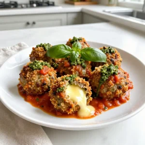To make the meatballs, you need some basic items. Gather these for a tasty base: - 1 lb ground beef - 1/2 lb ground pork (optional; or use more beef) - 1/2 cup breadcrumbs - 1/4 cup freshly grated Parmesan cheese - 1/4 cup basil pesto (homemade is best) - 1 tsp garlic powder - 1 tsp onion powder - 1/2 tsp salt - 1/2 tsp black pepper - 1 large egg, lightly beaten These ingredients mix together to create a flavorful meatball that holds up well to baking. The heart of these meatballs is the cheese. For a gooey surprise, use: - 8 small mozzarella balls (bocconcini) These little cheese balls melt perfectly inside the meat, making each bite delightful. Seasonings bring the meatballs to life. You will need: - 1/4 cup fresh basil pesto for flavor - Marinara sauce, about 1 cup, for serving With these ingredients, you'll have a dish that's not only tasty but also comforting. The pesto adds freshness, while the marinara sauce gives a rich, warm touch. {{ingredient_image_2}} To start, set your oven to 375&deg;F (190&deg;C). This heat is perfect for cooking the meatballs. Next, grab a large bowl for mixing your meat. You will need 1 pound of ground beef and, if you like, a half-pound of ground pork. If you skip the pork, just use more beef. Add 1/2 cup of breadcrumbs and 1/4 cup of freshly grated Parmesan cheese. Now, stir in 1/4 cup of basil pesto. This gives the meatballs a great flavor. Add 1 teaspoon of garlic powder, 1 teaspoon of onion powder, 1/2 teaspoon of salt, and 1/2 teaspoon of black pepper. Finally, add 1 large beaten egg to help the meat hold together. Now, take a handful of the meat mixture. It should be about the size of a golf ball. Flatten it in your palm. Place an 8 small mozzarella ball in the center. Fold the meat around the cheese, sealing it inside. Make sure the cheese is fully enclosed. This will keep it from leaking. Keep forming and stuffing the meatballs until you use all the meat mixture. Line a baking sheet with parchment paper. Place the meatballs on the sheet. Make sure they are not touching, so they cook evenly. Bake in the preheated oven for 20 to 25 minutes. The meatballs should be golden brown and cooked through. Use a meat thermometer to check if they reach 160&deg;F (70&deg;C) inside. While the meatballs bake, heat 1 cup of marinara sauce in a small pan over low heat. Stir it often so it doesn&rsquo;t stick. Once the meatballs are done, let them rest for a few minutes. This helps them set. When ready to serve, drizzle the warm marinara sauce over the meatballs. Add fresh basil leaves on top for color and flavor. Enjoy your tasty pesto mozzarella stuffed meatballs! To get meatballs that are juicy and tasty, follow these steps. First, mix your meat gently. Overworking it can make them tough. Make sure you keep the cheese inside. Always cover the mozzarella fully with meat. This helps it melt evenly. Bake the meatballs until they reach 160&deg;F (70&deg;C). A meat thermometer is a great tool for this. Let them rest for a few minutes after baking. This helps keep the juices inside. Homemade pesto is simple and adds great flavor. Use fresh basil, garlic, nuts, and olive oil. Here&rsquo;s a quick recipe: - 2 cups fresh basil leaves - 1/2 cup extra virgin olive oil - 1/3 cup pine nuts (or walnuts) - 2 cloves garlic - 1/2 cup grated Parmesan cheese - Salt to taste Blend all the ingredients in a food processor. Adjust the salt to your taste. Homemade pesto tastes fresh and bright. You can store it for a week in the fridge. For a beautiful presentation, serve the meatballs on a rustic wooden board. This adds charm to your table. Drizzle warm marinara sauce over the meatballs. A small bowl of extra sauce is great for dipping. Garnish with fresh basil leaves. This adds a pop of color. Use a nice plate to make it look special. Enjoy your meal with friends or family! Pro Tips Use Fresh Ingredients: Opt for fresh basil and homemade pesto for a more vibrant flavor that elevates your meatballs. Don&rsquo;t Overmix: When combining the meat mixture, mix just until combined to maintain a tender texture in the meatballs. Experiment with Cheese: Try different types of cheese like provolone or fontina for varied flavor profiles in your stuffed meatballs. Serve with Fresh Herbs: Garnish with not just basil but also parsley or oregano for added freshness and visual appeal. {{image_4}} You can switch ground beef for ground turkey or chicken. This change makes the meatballs lighter. Ground turkey has less fat than beef, but it still tastes great. When you use turkey or chicken, keep the spices and pesto the same. You will still enjoy the rich flavor. Just remember to check the cooking time. Leaner meats may cook a bit faster. If you want a vegetarian option, skip the meat and use a mix of grains and beans. For the cheese stuffing, you can use ricotta or a blend of cream cheese and herbs. This adds a creamy texture and is packed with flavor. You can also add spinach or sun-dried tomatoes for extra taste. Just ensure that all ingredients are well mixed. You can enhance the flavor of your meatballs with herbs. Try adding fresh parsley, oregano, or thyme to the meat mixture. Each herb brings its unique taste. You can also mix in some crushed red pepper for a bit of heat. For a fresh twist, add lemon zest to brighten up the dish. Experimenting with herbs helps you find your favorite combination. These variations give you many ways to enjoy pesto mozzarella stuffed meatballs. Each option offers a new taste while keeping the dish fun and delicious. To keep your leftover meatballs fresh, place them in an airtight container. Make sure to let them cool first. You can store them in the fridge for up to three days. If you want to enjoy them later, freezing is a great option. When you're ready to eat the leftovers, you can quickly reheat them. Place the meatballs on a baking sheet. Preheat your oven to 350&deg;F (175&deg;C) and bake for about 10-15 minutes. This method keeps them moist and tasty. You can also microwave them for two to three minutes. Just cover them to avoid drying out. Freezing these meatballs is simple and smart. After they cool, place them in a single layer on a baking sheet. Freeze them for about an hour or until firm. Then, transfer them to a freezer bag. Be sure to label the bag with the date. They can stay in the freezer for up to three months. When you want to eat them, thaw in the fridge overnight before reheating. This way, you have a quick meal ready anytime! Yes, you can make the meatballs ahead of time. Shape them and store them in the fridge for up to 24 hours. This saves time on busy days. You can also freeze them for later. Just place the uncooked meatballs on a baking sheet, freeze them until solid, then transfer to a bag. They last up to three months in the freezer. You can serve these meatballs with many sides. Here are some great options: - Pasta: Spaghetti or penne with marinara sauce pairs well. - Salad: A fresh green salad adds crunch. - Bread: Garlic bread or crusty rolls are perfect for dipping. - Rice: Fluffy rice absorbs the sauce nicely. - Veggies: Roasted or steamed veggies add color and nutrition. To check if the meatballs are done, use a meat thermometer. Insert it into the center of a meatball. It should read 160&deg;F (70&deg;C). You can also cut one open. The meat should be no longer pink inside, and the cheese should be melty. If using frozen meatballs, add a few extra minutes to the cooking time. In this blog post, I covered how to make pesto mozzarella stuffed meatballs. We talked about choosing the right meat, creating a cheesy center, and adding tasty seasonings. I walked you through each step, from oven prep to serving. I shared tips for perfect meatballs, homemade pesto, and fun presentation ideas. We also explored different variations, like turkey alternatives and vegetarian options. Finally, I gave you storage tips to keep meals fresh. Enjoy trying this recipe and making it your own! Happy cooking!