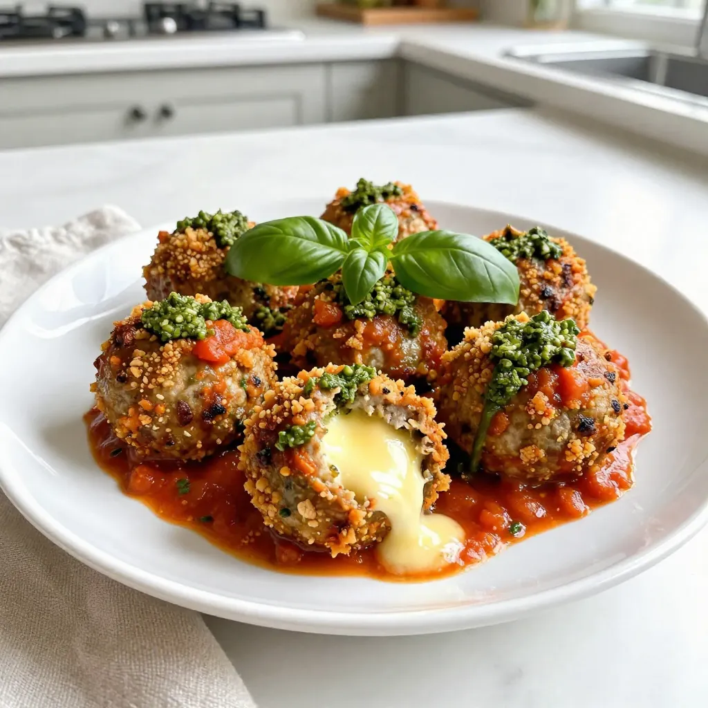 To make the meatballs, you need some basic items. Gather these for a tasty base: - 1 lb ground beef - 1/2 lb ground pork (optional; or use more beef) - 1/2 cup breadcrumbs - 1/4 cup freshly grated Parmesan cheese - 1/4 cup basil pesto (homemade is best) - 1 tsp garlic powder - 1 tsp onion powder - 1/2 tsp salt - 1/2 tsp black pepper - 1 large egg, lightly beaten These ingredients mix together to create a flavorful meatball that holds up well to baking. The heart of these meatballs is the cheese. For a gooey surprise, use: - 8 small mozzarella balls (bocconcini) These little cheese balls melt perfectly inside the meat, making each bite delightful. Seasonings bring the meatballs to life. You will need: - 1/4 cup fresh basil pesto for flavor - Marinara sauce, about 1 cup, for serving With these ingredients, you'll have a dish that's not only tasty but also comforting. The pesto adds freshness, while the marinara sauce gives a rich, warm touch. {{ingredient_image_2}} To start, set your oven to 375°F (190°C). This heat is perfect for cooking the meatballs. Next, grab a large bowl for mixing your meat. You will need 1 pound of ground beef and, if you like, a half-pound of ground pork. If you skip the pork, just use more beef. Add 1/2 cup of breadcrumbs and 1/4 cup of freshly grated Parmesan cheese. Now, stir in 1/4 cup of basil pesto. This gives the meatballs a great flavor. Add 1 teaspoon of garlic powder, 1 teaspoon of onion powder, 1/2 teaspoon of salt, and 1/2 teaspoon of black pepper. Finally, add 1 large beaten egg to help the meat hold together. Now, take a handful of the meat mixture. It should be about the size of a golf ball. Flatten it in your palm. Place an 8 small mozzarella ball in the center. Fold the meat around the cheese, sealing it inside. Make sure the cheese is fully enclosed. This will keep it from leaking. Keep forming and stuffing the meatballs until you use all the meat mixture. Line a baking sheet with parchment paper. Place the meatballs on the sheet. Make sure they are not touching, so they cook evenly. Bake in the preheated oven for 20 to 25 minutes. The meatballs should be golden brown and cooked through. Use a meat thermometer to check if they reach 160°F (70°C) inside. While the meatballs bake, heat 1 cup of marinara sauce in a small pan over low heat. Stir it often so it doesn’t stick. Once the meatballs are done, let them rest for a few minutes. This helps them set. When ready to serve, drizzle the warm marinara sauce over the meatballs. Add fresh basil leaves on top for color and flavor. Enjoy your tasty pesto mozzarella stuffed meatballs! To get meatballs that are juicy and tasty, follow these steps. First, mix your meat gently. Overworking it can make them tough. Make sure you keep the cheese inside. Always cover the mozzarella fully with meat. This helps it melt evenly. Bake the meatballs until they reach 160°F (70°C). A meat thermometer is a great tool for this. Let them rest for a few minutes after baking. This helps keep the juices inside. Homemade pesto is simple and adds great flavor. Use fresh basil, garlic, nuts, and olive oil. Here’s a quick recipe: - 2 cups fresh basil leaves - 1/2 cup extra virgin olive oil - 1/3 cup pine nuts (or walnuts) - 2 cloves garlic - 1/2 cup grated Parmesan cheese - Salt to taste Blend all the ingredients in a food processor. Adjust the salt to your taste. Homemade pesto tastes fresh and bright. You can store it for a week in the fridge. For a beautiful presentation, serve the meatballs on a rustic wooden board. This adds charm to your table. Drizzle warm marinara sauce over the meatballs. A small bowl of extra sauce is great for dipping. Garnish with fresh basil leaves. This adds a pop of color. Use a nice plate to make it look special. Enjoy your meal with friends or family! Pro Tips Use Fresh Ingredients: Opt for fresh basil and homemade pesto for a more vibrant flavor that elevates your meatballs. Don’t Overmix: When combining the meat mixture, mix just until combined to maintain a tender texture in the meatballs. Experiment with Cheese: Try different types of cheese like provolone or fontina for varied flavor profiles in your stuffed meatballs. Serve with Fresh Herbs: Garnish with not just basil but also parsley or oregano for added freshness and visual appeal. {{image_4}} You can switch ground beef for ground turkey or chicken. This change makes the meatballs lighter. Ground turkey has less fat than beef, but it still tastes great. When you use turkey or chicken, keep the spices and pesto the same. You will still enjoy the rich flavor. Just remember to check the cooking time. Leaner meats may cook a bit faster. If you want a vegetarian option, skip the meat and use a mix of grains and beans. For the cheese stuffing, you can use ricotta or a blend of cream cheese and herbs. This adds a creamy texture and is packed with flavor. You can also add spinach or sun-dried tomatoes for extra taste. Just ensure that all ingredients are well mixed. You can enhance the flavor of your meatballs with herbs. Try adding fresh parsley, oregano, or thyme to the meat mixture. Each herb brings its unique taste. You can also mix in some crushed red pepper for a bit of heat. For a fresh twist, add lemon zest to brighten up the dish. Experimenting with herbs helps you find your favorite combination. These variations give you many ways to enjoy pesto mozzarella stuffed meatballs. Each option offers a new taste while keeping the dish fun and delicious. To keep your leftover meatballs fresh, place them in an airtight container. Make sure to let them cool first. You can store them in the fridge for up to three days. If you want to enjoy them later, freezing is a great option. When you're ready to eat the leftovers, you can quickly reheat them. Place the meatballs on a baking sheet. Preheat your oven to 350°F (175°C) and bake for about 10-15 minutes. This method keeps them moist and tasty. You can also microwave them for two to three minutes. Just cover them to avoid drying out. Freezing these meatballs is simple and smart. After they cool, place them in a single layer on a baking sheet. Freeze them for about an hour or until firm. Then, transfer them to a freezer bag. Be sure to label the bag with the date. They can stay in the freezer for up to three months. When you want to eat them, thaw in the fridge overnight before reheating. This way, you have a quick meal ready anytime! Yes, you can make the meatballs ahead of time. Shape them and store them in the fridge for up to 24 hours. This saves time on busy days. You can also freeze them for later. Just place the uncooked meatballs on a baking sheet, freeze them until solid, then transfer to a bag. They last up to three months in the freezer. You can serve these meatballs with many sides. Here are some great options: - Pasta: Spaghetti or penne with marinara sauce pairs well. - Salad: A fresh green salad adds crunch. - Bread: Garlic bread or crusty rolls are perfect for dipping. - Rice: Fluffy rice absorbs the sauce nicely. - Veggies: Roasted or steamed veggies add color and nutrition. To check if the meatballs are done, use a meat thermometer. Insert it into the center of a meatball. It should read 160°F (70°C). You can also cut one open. The meat should be no longer pink inside, and the cheese should be melty. If using frozen meatballs, add a few extra minutes to the cooking time. In this blog post, I covered how to make pesto mozzarella stuffed meatballs. We talked about choosing the right meat, creating a cheesy center, and adding tasty seasonings. I walked you through each step, from oven prep to serving. I shared tips for perfect meatballs, homemade pesto, and fun presentation ideas. We also explored different variations, like turkey alternatives and vegetarian options. Finally, I gave you storage tips to keep meals fresh. Enjoy trying this recipe and making it your own! Happy cooking!