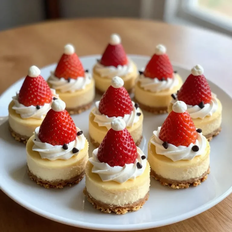 - 1 cup finely crushed graham crackers - 3 tablespoons unsalted butter, melted - 8 oz cream cheese, softened to room temperature - 1/2 cup powdered sugar - 1 teaspoon pure vanilla extract - 1 cup heavy whipped cream (plus extra for topping) - 1 cup strawberries, hulled and tops removed - Mini chocolate chips for garnish These ingredients make a tasty treat. The crust uses graham crackers and butter for a sweet base. Cream cheese gives the filling a creamy texture. Powdered sugar adds sweetness, while vanilla enhances the flavor. Heavy whipped cream makes the filling light and fluffy. Strawberries are the stars, acting as Santa hats. You can add more fun toppings. Consider: - More whipped cream for extra fluffiness - Fresh mint leaves for a pop of color - Chocolate sauce drizzled around the bites - Crushed nuts for added crunch These garnishes make your cheesecake bites even more festive and fun. They also add flavor and texture. If you need swaps, here are some ideas: - Use almond flour instead of graham crackers for a gluten-free crust. - Swap cream cheese for a dairy-free cream cheese if needed. - Replace strawberries with raspberries or blueberries for a different look. These substitutions help you customize the recipe. You can make it fit your taste or dietary needs. {{ingredient_image_2}} To start, gather your ingredients. You need graham crackers and melted butter. In a bowl, mix 1 cup of crushed graham crackers with 3 tablespoons of melted butter. Stir well until the crumbs look sandy. This mixture is your crust. Next, line a muffin tin with mini cupcake liners. Press a tablespoon of the crumb mixture into each liner. Make sure the base is even and compact. Once done, place the muffin tin in the fridge for 15 to 20 minutes. This helps the crust set and hold its shape. Now for the filling! Grab a large bowl and use an electric mixer to beat 8 ounces of softened cream cheese. Mix until it is creamy and lump-free. Slowly add in 1/2 cup of powdered sugar and 1 teaspoon of vanilla extract. Keep mixing until smooth. Next, fold in 1 cup of heavy whipped cream. Use a spatula to gently combine the cream with the cheese mixture. You want a light and fluffy filling. Don’t overmix, or your filling may lose its airy texture. Take the chilled muffin tin from the fridge. Spoon or pipe the cheesecake filling into each liner. Fill them generously to the top. Now it’s time to make the hats! Take hulled strawberries and place them upside down on top of the filling. This mimics Santa’s hat. Add a small dollop of whipped cream at the base of each strawberry. This looks like the fluffy part of the hat. For a fun touch, sprinkle a few mini chocolate chips on the whipped cream. This adds a cute decorative detail to your Santa hats. Finally, cover the muffin tin with plastic wrap or foil. Chill the bites in the fridge for at least 2 hours. This helps everything set and makes them easier to serve. Enjoy your festive treat! To make a great cheesecake filling, start with softened cream cheese. This helps mix smoothly. Beat the cream cheese until creamy and free of lumps. Gradually add powdered sugar and vanilla for flavor. Fold in whipped cream gently. This keeps the filling light and fluffy. Use heavy whipping cream for the best results. Chill your bowl and beaters before whipping. This helps the cream whip faster. Beat on medium speed until soft peaks form. Be careful not to over-whip. Over-whipping can turn the cream grainy. Make your cheesecake bites pop with fun decorations. Use hulled strawberries as Santa hats. Add a dollop of whipped cream at the base for a fluffy look. Sprinkle mini chocolate chips on top for a cute touch. Arrange them on a bright platter for a festive display. Drizzle chocolate sauce around for extra flair. Pro Tips Keep Ingredients Room Temperature: Ensure your cream cheese is softened to room temperature before mixing to achieve a smooth and creamy filling without lumps. Chill for Optimal Texture: Allow the cheesecake bites to chill for at least 2 hours. This helps them set properly and makes for easier serving. Use Fresh Strawberries: Choose ripe and firm strawberries for the best presentation and flavor. They should be bright red and free of blemishes. Experiment with Toppings: Feel free to get creative with toppings! Try using different types of chocolate chips, crushed nuts, or even edible glitter for a festive touch. {{image_4}} You can mix up the flavor of your cheesecake filling. Try adding a splash of lemon juice for a refreshing twist. You can also use different extracts, like almond or peppermint, to change the taste. For a richer flavor, fold in melted chocolate or caramel sauce. Each option gives your cheesecake bites a unique flair. While strawberries are fun, you can use other fruits too. Raspberries or blueberries make great choices. Their colors pop and add a burst of flavor. You can even slice bananas for a tropical hint. Just be careful with bananas, as they brown quickly. Use citrus juice to keep them fresh. To make these bites gluten-free, switch the graham crackers for gluten-free crumbs. You can find these at most stores. For a dairy-free option, use vegan cream cheese and coconut whipped cream. These swaps keep the bites tasty and festive for everyone. Always check ingredient labels to ensure they meet your needs. Storing leftover cheesecake bites is easy. First, place them in an airtight container. Make sure to separate layers with parchment paper. This keeps them from sticking together. Store the container in the fridge. They will stay fresh and tasty this way. You can freeze these cheesecake bites for later. Wrap each bite in plastic wrap. Then, place them in a freezer-safe bag or container. This helps prevent freezer burn. They will stay good in the freezer for about three months. When you want to enjoy them, just thaw in the fridge overnight. Santa hat cheesecake bites last about five days in the fridge. Their taste may change after that, but they are still safe to eat. For the best flavor and texture, enjoy them within the first few days. Yes, you can make these cheesecake bites a day ahead. This gives them time to chill and set. The flavors will blend well overnight. Just cover them tightly with plastic wrap. This keeps them fresh in the fridge. If you want a different topping, try raspberries or cherries. Both fruits look great on top of the cheesecake. You could also use mini marshmallows for a fun twist. Just make sure they fit well on the filling. If you don't have liners, grease the muffin tin well with cooking spray. This helps the bites come out easily. After they chill, use a small knife to gently loosen the edges. Then, carefully pop them out. A spoon can help lift them out without breaking. In this post, we explored how to make Santa Hat Cheesecake Bites, from the key ingredients to step-by-step instructions. I shared tips for a creamy filling and ideas for festive flair. With various flavor options and storage tips, you can enjoy these treats anytime. Remember, getting creative with toppings can make them even more special. Keep practicing, and soon you'll master this delicious dessert! Enjoy every bite you create!