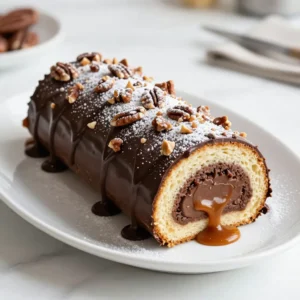 - 4 large eggs - 1 cup granulated sugar - 1 teaspoon vanilla extract - 1 cup all-purpose flour - 1/3 cup unsweetened cocoa powder - 1 teaspoon baking powder - 1/2 teaspoon salt - 1/2 cup unsalted butter, melted - 1 cup heavy cream - 1 cup dark chocolate, chopped (at least 60% cocoa) - 1/2 cup caramel sauce - 1/2 cup crushed praline pecans (store-bought or homemade) - Powdered sugar for dusting - Fresh mint leaves for garnish - Extra chocolate shavings for decoration - For a gluten-free option, use a gluten-free all-purpose flour blend. - Replace eggs with flax eggs (1 tablespoon ground flaxseed mixed with 2.5 tablespoons water per egg) for a vegan version. - Use coconut cream instead of heavy cream for a dairy-free alternative. - If you want a nut-free dessert, skip the praline pecans and use crushed cookies instead. This list of ingredients keeps things simple, yet each adds to the rich flavor of the Yule log. The substitutions allow you to adapt this recipe to suit various dietary needs. Enjoy experimenting! {{ingredient_image_2}} Start by preheating your oven to 350&deg;F (175&deg;C). Grab a 15x10 inch jelly roll pan. Line it with parchment paper and lightly grease the paper. This step helps with easy removal later. In a large bowl, beat together 4 large eggs and 1 cup of granulated sugar. Use an electric mixer on high speed. Mix for about 5 to 7 minutes until the mixture is thick and pale. Then, stir in 1 teaspoon of vanilla extract. In another bowl, sift together 1 cup of all-purpose flour, 1/3 cup of unsweetened cocoa powder, 1 teaspoon of baking powder, and 1/2 teaspoon of salt. Gradually add the dry mix to the egg mixture. Fold gently with a spatula. This helps keep the cake light. Next, fold in 1/2 cup of melted unsalted butter until the batter is smooth. Pour the batter into your prepared pan. Spread it evenly with a spatula. Bake for 12 to 15 minutes. The cake should spring back when pressed gently. Once baked, prepare a clean kitchen towel. Generously dust it with powdered sugar. When the cake is done, invert it onto the towel. Carefully peel away the parchment paper. Roll the cake up tightly in the towel from one end. Let it cool completely while it stays rolled up. While the cake cools, make the chocolate filling. Heat 1 cup of heavy cream in a saucepan over medium heat. Heat it until it just begins to simmer, then take it off the heat. Add 1 cup of chopped dark chocolate. Stir until it melts and is smooth. Allow the mixture to cool slightly. Whisk until it holds soft peaks. Once the cake is cool, gently unroll it. Spread the chocolate ganache evenly over the cake. Leave a small border around the edges. Drizzle 1/2 cup of caramel sauce over the ganache. Then, sprinkle 1/2 cup of crushed praline pecans on top for texture. Carefully roll the cake back up, this time without the towel. Make sure to roll it tightly. Place the seam-side down on a serving platter. For the final touch, reheat any leftover ganache until it is pourable. Pour it generously over the Yule log, allowing it to cascade down the sides. Sprinkle more crushed praline pecans on top, then dust with powdered sugar. This gives the log a snowy look. When making a Chocolate Praline Yule Log, avoid overmixing the batter. Overmixing can lead to a tough cake. Also, ensure your oven is preheated. A cold oven can cause uneven baking. Remember to roll the cake while it is warm. This helps it hold its shape better. For a light and airy cake, beat the eggs and sugar well. This step is key to achieving volume. Use a fine sieve to sift the dry ingredients. This ensures no lumps remain in your batter. When folding in the melted butter, do it gently. This keeps your batter from deflating. To present your Yule log beautifully, use a rustic wooden board. Drizzle extra ganache over the top for a glossy finish. Sprinkle crushed praline pecans for texture and flair. Dust the log with powdered sugar to mimic fresh snow. Add fresh mint leaves for a pop of color. These small touches make your dessert shine at any holiday gathering! Pro Tips Use Room Temperature Eggs: For better volume and texture, ensure your eggs are at room temperature before whipping them with sugar. This helps to incorporate more air into the batter, resulting in a fluffier cake. Don&rsquo;t Overmix the Batter: When combining your dry ingredients with the egg mixture, fold gently until just combined. Overmixing can lead to a dense cake, so be careful to maintain the lightness. Chill the Ganache: After preparing the chocolate ganache, let it cool slightly before spreading it on the cake. A thicker ganache will create a more defined layer and will be easier to roll without spilling out. Perfectly Dust with Powdered Sugar: To achieve a snowy effect, use a fine mesh sieve to dust powdered sugar over the Yule log. This technique creates an even distribution and a beautiful presentation. {{image_4}} You can make this Yule log even more special. Try adding different fillings. For a fruity twist, use raspberry jam or lemon curd. Nut butter can also add a nice touch. Spread almond or hazelnut butter for a richer taste. When it comes to toppings, think outside the box. Add fresh berries, candied citrus, or even a drizzle of white chocolate. These changes can make your dessert unique and fun. Many people want options that fit their diets. To make this dessert gluten-free, swap in a gluten-free flour blend. Be sure to check that the cocoa powder is also gluten-free. For a vegan version, use flax eggs instead of real eggs. Mix 1 tablespoon of ground flaxseed with 2.5 tablespoons of water for each egg. Replace the heavy cream with coconut cream and use dairy-free chocolate. These swaps keep the treat tasty for everyone! You can easily boost the flavor of your Yule log. Add spices like cinnamon or nutmeg for warmth. Just a pinch can change the whole dessert. You might also want to try flavor extracts. A few drops of almond or orange extract will give your log a new vibe. Mix in some coffee for a mocha touch. These small changes can make your Yule log even more delightful! Once you finish enjoying your Chocolate Praline Yule Log, store the leftovers. Wrap the log tightly in plastic wrap. This keeps the cake moist and fresh. You can also place it in an airtight container. Store it in the fridge for up to four days. If you want to keep it longer, consider freezing. To freeze your Yule Log, wrap it well in plastic wrap. Then, place it in a freezer bag. Remove as much air as possible to prevent freezer burn. You can freeze it for up to two months. When you&rsquo;re ready to enjoy it, thaw the log in the fridge overnight. If you want to serve the Yule Log warm, you can gently reheat it. Preheat your oven to 300&deg;F (150&deg;C). Place the log on a baking sheet. Heat it for about 10 minutes, just until warm. Avoid overheating to keep the cake's texture. Serve it with a drizzle of fresh ganache for a delightful taste. It takes about two hours to make this dessert. This includes 30 minutes for prep and about 1.5 hours for baking and cooling. It&rsquo;s a fun task that will reward you with a stunning treat! Yes! You can make this Yule log ahead of time. I recommend making it one day before serving. Just store it in the fridge, covered with plastic wrap. This will let the flavors meld nicely. To slice your Yule log, use a sharp, serrated knife. Warm the knife under hot water, then dry it off. This helps the knife glide through nicely. Make clean cuts with gentle pressure to avoid tearing. This blog post covered how to make a delicious Chocolate Praline Yule Log. I shared the key ingredients, step-by-step instructions, and helpful tips. You can customize your log with various fillings and dietary options. Remember to avoid common mistakes and consider presentation for a stunning look. Storage tips ensure your Yule Log stays fresh. Making this dessert can be fun and rewarding. Enjoy your baking journey and impress your friends and family with this delightful treat!