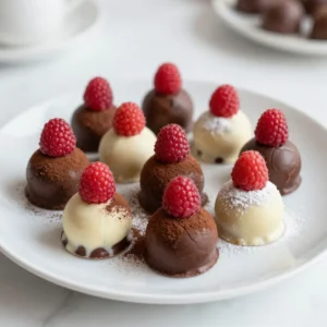 To make these tasty truffles, gather the following items: - 8 oz dark chocolate, finely chopped - 4 oz white chocolate, finely chopped - 1 cup heavy cream - 1 cup fresh raspberries, pureed - 2 tablespoons raspberry extract - 1 tablespoon unsweetened cocoa powder - 1 tablespoon powdered sugar - Fresh raspberries for garnishing - Cocoa powder for dusting You will need a few tools to make these truffles: - A saucepan - A mixing bowl - A whisk or spoon - A small scoop or spoon for shaping - Parchment paper for the tray You can change some ingredients if needed: - Use semi-sweet chocolate instead of dark chocolate for a sweeter taste. - If you cannot find fresh raspberries, use frozen ones. Just thaw and puree them. - For a dairy-free option, try coconut cream in place of heavy cream. - You can swap raspberry extract for another flavor, like vanilla, if you prefer. {{ingredient_image_2}} To start, I heat one cup of heavy cream with one cup of raspberry puree. I stir gently so it warms up, but I avoid boiling it. After the mixture is warm, I take it off the heat. I then add eight ounces of finely chopped dark chocolate to the warm cream. I let it sit for two minutes without stirring. This helps the chocolate melt perfectly. After two minutes, I stir it until it is smooth. I set the ganache aside to cool at room temperature for about 30 minutes. While the ganache cools, I prepare the white chocolate mixture. In a separate bowl, I combine four ounces of finely chopped white chocolate with two tablespoons of raspberry extract. Once the dark chocolate ganache has cooled, I scoop out half of it. I gently fold this into the white chocolate mixture. This creates a beautiful marbled effect. I mix it carefully to keep the colors swirled together. Next, I transfer the truffle mix to the refrigerator. I chill it for 1 to 2 hours until it is firm enough to scoop. Once it is ready, I use a small scoop or spoon to form individual truffles. I alternate between the dark chocolate ganache and the raspberry-white chocolate mix to create fun shapes. After forming the truffles, I roll each one gently between my palms. This smooths them out nicely. Then, I place them on a parchment-lined plate. For the final touch, I roll half of the truffles in unsweetened cocoa powder. The rest get a dusting of powdered sugar for sweetness. To make them look even better, I add a fresh raspberry on top of each truffle. These steps turn simple ingredients into delightful treats! When making dark and white chocolate raspberry truffles, a few mistakes can spoil your fun. Here are some to watch for: - Overheating the cream: Heating the cream too much can cause it to boil. This will ruin the smooth texture. Heat it gently until warm. - Not letting chocolate melt enough: After adding dark chocolate to the cream, let it sit. This helps it melt fully. Stir too soon, and it can become grainy. - Skipping cooling time: If you don't let the ganache cool, it will be too soft to scoop. Be patient, and let it rest for 30 minutes. A smooth finish makes your truffles look great. Here are some tips to help: - Use high-quality chocolate: Good chocolate melts better. It will create a silkier texture in your truffles. - Stir gently: When mixing the chocolate and cream, stir slowly. This prevents air bubbles and keeps it smooth. - Chill properly: After forming your truffles, chill them well. This helps set the chocolate and keeps the shape. Presentation is key to impressing your guests. Here are ideas to make your truffles shine: - Use a nice platter: Choose a decorative plate or tray. This adds elegance to your display. - Mix your coatings: Alternate between cocoa powder and powdered sugar. This creates visual interest. - Add fresh raspberries: Scatter fresh raspberries around the truffles. They add color and a touch of freshness. By following these tips, your dark and white chocolate raspberry truffles will not only taste amazing but also look stunning! Pro Tips Chill for Better Texture: Ensure that the truffle mixture is properly chilled before scooping. This will make it easier to handle and shape the truffles without them becoming too sticky. Quality Chocolate Matters: Use high-quality chocolate for both the dark and white chocolate components. The better the chocolate, the richer and more decadent your truffles will taste. Experiment with Flavors: Feel free to add a splash of different extracts or flavored liqueurs to the ganache for a unique twist. Try orange or almond extract for a delightful variation. Stay Organized: Set up a truffle-making station with all your tools and ingredients prepped. This will streamline the process and make it more enjoyable to create these sweet treats. {{image_4}} You can change the taste of your truffles with fun add-ins. Try a splash of vanilla extract or a pinch of sea salt. Citrus zest, like orange or lemon, gives a fresh pop. You can also add a dash of almond extract for a nutty twist. Each add-in will bring new flavors to your truffles. Mix and match to find your favorite. The outside of your truffles can be just as fun as the inside. Instead of cocoa powder, roll them in finely chopped nuts or shredded coconut. You can also use crushed cookies for a crunchy bite. To make them sparkle, dip them in melted chocolate and let it harden. Each coating adds a new texture and taste. You can easily make these truffles vegan or dairy-free. Use dark chocolate that is dairy-free and coconut cream instead of heavy cream. Replace raspberry extract with homemade fruit puree. This way, you can enjoy rich flavors without dairy. You won&rsquo;t lose taste, and your friends will love them too! To keep your dark and white chocolate raspberry truffles fresh, store them in an airtight container. Place parchment paper between layers to avoid sticking. Keep the container in a cool, dry place, away from direct sunlight. When stored correctly, these truffles can last up to one week at room temperature. If you want them to stay fresh longer, refrigerate them. In the fridge, they can last for about two weeks. If you want to save your truffles for later, freezing works great! Place them in a single layer on a baking sheet and freeze until solid. Then, transfer them to an airtight container. Frozen truffles can last up to three months. When ready to enjoy, let them thaw in the fridge for a few hours before serving. To make truffles less sweet, adjust the chocolate types. Use more dark chocolate and less white chocolate. Dark chocolate has less sugar than white chocolate. You can also add a pinch of salt. Salt can balance sweetness nicely. If you want even more control, you can reduce the raspberry puree slightly. This gives a stronger chocolate taste. For truffles, use high-quality chocolate. Dark chocolate should have at least 70% cocoa. This gives a rich flavor. For white chocolate, choose one with real cocoa butter. Avoid chocolate with too much sugar or fillers. The better the chocolate, the better your truffles will taste. You can also mix different chocolates for unique flavors. Yes, you can use frozen raspberries. Just make sure to thaw them first. Drain extra liquid before pureeing. This helps keep the truffle mixture from getting too wet. Frozen raspberries can still give great flavor. They are a good choice if fresh raspberries are not available. In this article, we explored the basics of making truffles. You learned about key ingredients, needed tools, and possible substitutes. We provided clear steps for preparation, forming, and finishing your truffles. I shared tips for a smooth finish and ways to present them nicely. You also discovered flavor variations, storage tips, and answers to common questions. Making truffles is fun and allows for creativity. Enjoy making these sweets for yourself or to share!