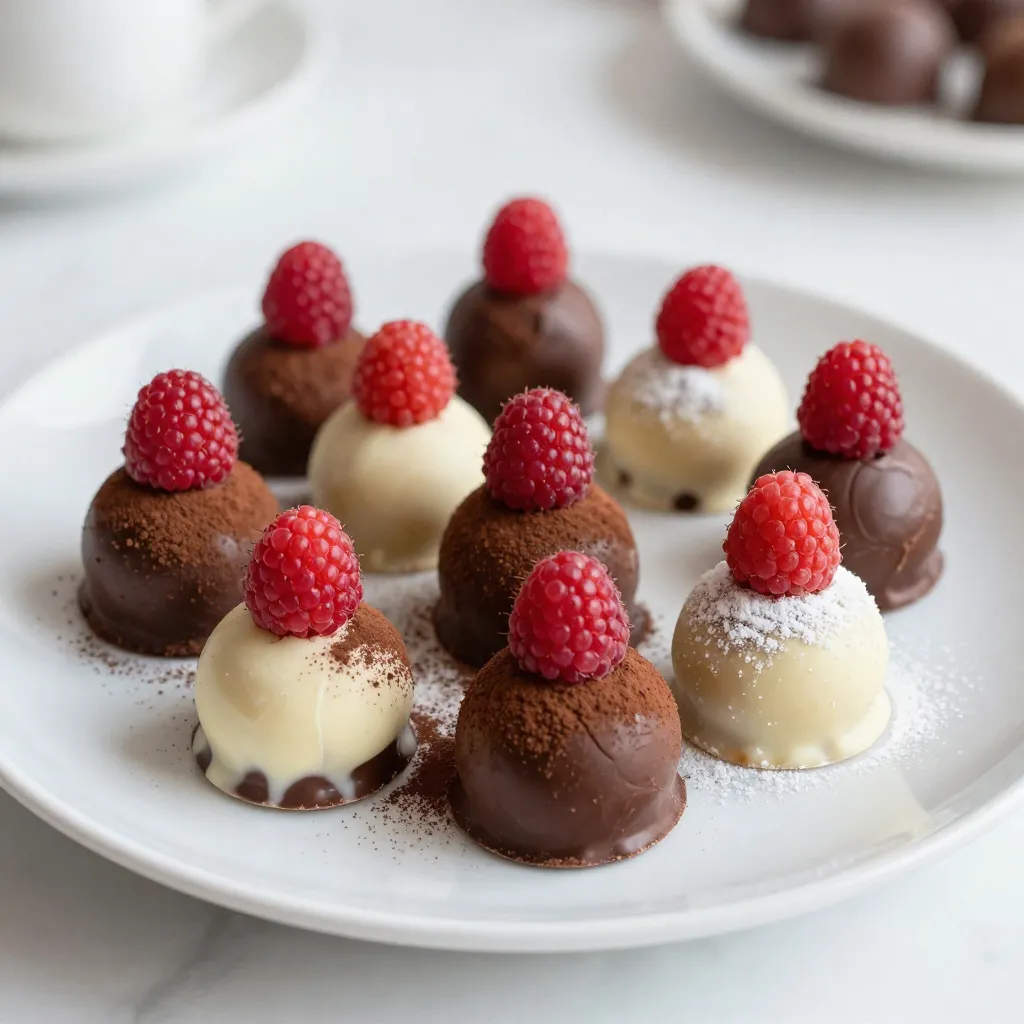 To make these tasty truffles, gather the following items: - 8 oz dark chocolate, finely chopped - 4 oz white chocolate, finely chopped - 1 cup heavy cream - 1 cup fresh raspberries, pureed - 2 tablespoons raspberry extract - 1 tablespoon unsweetened cocoa powder - 1 tablespoon powdered sugar - Fresh raspberries for garnishing - Cocoa powder for dusting You will need a few tools to make these truffles: - A saucepan - A mixing bowl - A whisk or spoon - A small scoop or spoon for shaping - Parchment paper for the tray You can change some ingredients if needed: - Use semi-sweet chocolate instead of dark chocolate for a sweeter taste. - If you cannot find fresh raspberries, use frozen ones. Just thaw and puree them. - For a dairy-free option, try coconut cream in place of heavy cream. - You can swap raspberry extract for another flavor, like vanilla, if you prefer. {{ingredient_image_2}} To start, I heat one cup of heavy cream with one cup of raspberry puree. I stir gently so it warms up, but I avoid boiling it. After the mixture is warm, I take it off the heat. I then add eight ounces of finely chopped dark chocolate to the warm cream. I let it sit for two minutes without stirring. This helps the chocolate melt perfectly. After two minutes, I stir it until it is smooth. I set the ganache aside to cool at room temperature for about 30 minutes. While the ganache cools, I prepare the white chocolate mixture. In a separate bowl, I combine four ounces of finely chopped white chocolate with two tablespoons of raspberry extract. Once the dark chocolate ganache has cooled, I scoop out half of it. I gently fold this into the white chocolate mixture. This creates a beautiful marbled effect. I mix it carefully to keep the colors swirled together. Next, I transfer the truffle mix to the refrigerator. I chill it for 1 to 2 hours until it is firm enough to scoop. Once it is ready, I use a small scoop or spoon to form individual truffles. I alternate between the dark chocolate ganache and the raspberry-white chocolate mix to create fun shapes. After forming the truffles, I roll each one gently between my palms. This smooths them out nicely. Then, I place them on a parchment-lined plate. For the final touch, I roll half of the truffles in unsweetened cocoa powder. The rest get a dusting of powdered sugar for sweetness. To make them look even better, I add a fresh raspberry on top of each truffle. These steps turn simple ingredients into delightful treats! When making dark and white chocolate raspberry truffles, a few mistakes can spoil your fun. Here are some to watch for: - Overheating the cream: Heating the cream too much can cause it to boil. This will ruin the smooth texture. Heat it gently until warm. - Not letting chocolate melt enough: After adding dark chocolate to the cream, let it sit. This helps it melt fully. Stir too soon, and it can become grainy. - Skipping cooling time: If you don't let the ganache cool, it will be too soft to scoop. Be patient, and let it rest for 30 minutes. A smooth finish makes your truffles look great. Here are some tips to help: - Use high-quality chocolate: Good chocolate melts better. It will create a silkier texture in your truffles. - Stir gently: When mixing the chocolate and cream, stir slowly. This prevents air bubbles and keeps it smooth. - Chill properly: After forming your truffles, chill them well. This helps set the chocolate and keeps the shape. Presentation is key to impressing your guests. Here are ideas to make your truffles shine: - Use a nice platter: Choose a decorative plate or tray. This adds elegance to your display. - Mix your coatings: Alternate between cocoa powder and powdered sugar. This creates visual interest. - Add fresh raspberries: Scatter fresh raspberries around the truffles. They add color and a touch of freshness. By following these tips, your dark and white chocolate raspberry truffles will not only taste amazing but also look stunning! Pro Tips Chill for Better Texture: Ensure that the truffle mixture is properly chilled before scooping. This will make it easier to handle and shape the truffles without them becoming too sticky. Quality Chocolate Matters: Use high-quality chocolate for both the dark and white chocolate components. The better the chocolate, the richer and more decadent your truffles will taste. Experiment with Flavors: Feel free to add a splash of different extracts or flavored liqueurs to the ganache for a unique twist. Try orange or almond extract for a delightful variation. Stay Organized: Set up a truffle-making station with all your tools and ingredients prepped. This will streamline the process and make it more enjoyable to create these sweet treats. {{image_4}} You can change the taste of your truffles with fun add-ins. Try a splash of vanilla extract or a pinch of sea salt. Citrus zest, like orange or lemon, gives a fresh pop. You can also add a dash of almond extract for a nutty twist. Each add-in will bring new flavors to your truffles. Mix and match to find your favorite. The outside of your truffles can be just as fun as the inside. Instead of cocoa powder, roll them in finely chopped nuts or shredded coconut. You can also use crushed cookies for a crunchy bite. To make them sparkle, dip them in melted chocolate and let it harden. Each coating adds a new texture and taste. You can easily make these truffles vegan or dairy-free. Use dark chocolate that is dairy-free and coconut cream instead of heavy cream. Replace raspberry extract with homemade fruit puree. This way, you can enjoy rich flavors without dairy. You won’t lose taste, and your friends will love them too! To keep your dark and white chocolate raspberry truffles fresh, store them in an airtight container. Place parchment paper between layers to avoid sticking. Keep the container in a cool, dry place, away from direct sunlight. When stored correctly, these truffles can last up to one week at room temperature. If you want them to stay fresh longer, refrigerate them. In the fridge, they can last for about two weeks. If you want to save your truffles for later, freezing works great! Place them in a single layer on a baking sheet and freeze until solid. Then, transfer them to an airtight container. Frozen truffles can last up to three months. When ready to enjoy, let them thaw in the fridge for a few hours before serving. To make truffles less sweet, adjust the chocolate types. Use more dark chocolate and less white chocolate. Dark chocolate has less sugar than white chocolate. You can also add a pinch of salt. Salt can balance sweetness nicely. If you want even more control, you can reduce the raspberry puree slightly. This gives a stronger chocolate taste. For truffles, use high-quality chocolate. Dark chocolate should have at least 70% cocoa. This gives a rich flavor. For white chocolate, choose one with real cocoa butter. Avoid chocolate with too much sugar or fillers. The better the chocolate, the better your truffles will taste. You can also mix different chocolates for unique flavors. Yes, you can use frozen raspberries. Just make sure to thaw them first. Drain extra liquid before pureeing. This helps keep the truffle mixture from getting too wet. Frozen raspberries can still give great flavor. They are a good choice if fresh raspberries are not available. In this article, we explored the basics of making truffles. You learned about key ingredients, needed tools, and possible substitutes. We provided clear steps for preparation, forming, and finishing your truffles. I shared tips for a smooth finish and ways to present them nicely. You also discovered flavor variations, storage tips, and answers to common questions. Making truffles is fun and allows for creativity. Enjoy making these sweets for yourself or to share!