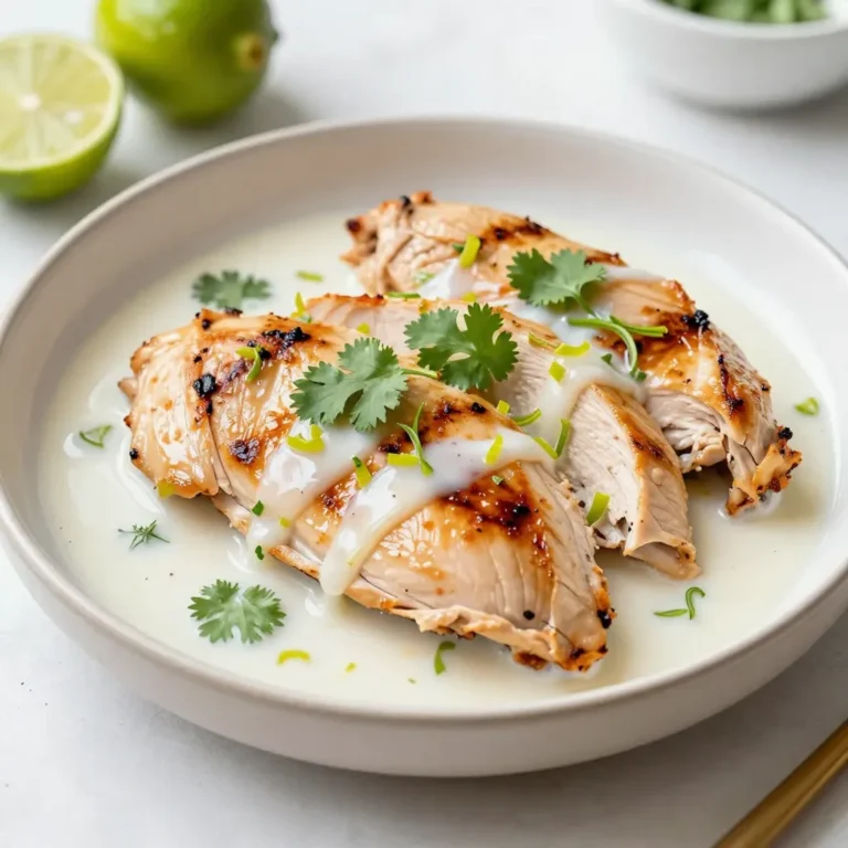 To make Coconut Lime Chicken, you will need the following ingredients: - 4 boneless, skinless chicken breasts - 1 can (13.5 oz) coconut milk - Zest from 2 fresh limes - Juice from 2 fresh limes - 3 cloves garlic, finely minced - 1 tablespoon fresh ginger, grated - 1 tablespoon brown sugar - 1 teaspoon salt - 1 teaspoon freshly ground black pepper - 1 tablespoon olive oil - Fresh cilantro leaves, for garnish These ingredients come together to create a bright, flavorful dish. The coconut milk adds a creamy texture. Lime juice and zest give it a zesty kick. Garlic and ginger add depth and warmth. Brown sugar balances the flavors, while salt and pepper enhance everything. The olive oil helps in cooking, and the cilantro gives a fresh touch when serving. When choosing your ingredients, opt for fresh limes and high-quality coconut milk. This choice will make a big difference in taste. Each bite should burst with flavor, making this dish a hit at your dinner table. {{ingredient_image_2}} To make the marinade, grab a large mixing bowl. In the bowl, whisk together these ingredients: - 1 can (13.5 oz) coconut milk - Zest from 2 fresh limes - Juice from 2 fresh limes - 3 cloves garlic, finely minced - 1 tablespoon fresh ginger, grated - 1 tablespoon brown sugar - 1 teaspoon salt - 1 teaspoon freshly ground black pepper Whisking these ingredients well is key. You want them fully combined. This mix gives the chicken a rich flavor. Marinating time is important. I suggest at least 1 hour, but overnight is best. This wait allows the flavors to soak into the chicken. Take your chicken breasts and coat them well in the marinade. Make sure each piece is covered. Place the chicken in the bowl and cover it. You can use plastic wrap or a lid. Let the chicken marinate in the fridge. This step makes a big difference in taste. When you are ready to cook, preheat your grill or skillet. Set it to medium-high heat. Add 1 tablespoon of olive oil and let it heat up. Take the marinated chicken out of the bowl. Let any extra marinade drip off. Place the chicken on the grill or skillet. Cook the chicken for about 6-7 minutes on each side. You want it to reach an internal temperature of 165°F (74°C). Look for nice grill marks too. After cooking, remove the chicken from the heat. Let it rest on a plate for 5 minutes. Resting helps keep the chicken juicy. Slice the rested chicken into thick pieces. Serve it warm with warmed marinade drizzled on top. Use only the marinade that did not touch raw chicken. For a nice touch, garnish with fresh cilantro leaves. This will add color and flavor to your dish. Fresh ingredients make a big difference in this dish. Use ripe limes and high-quality coconut milk. These simple choices elevate the flavor. For the best results, consider marinating the chicken overnight. This extra time allows the flavors to soak in deeply. If you're short on time, even an hour of marinating works well. You can choose between grilling or skillet cooking for this recipe. Grilling adds a smoky flavor and nice char. Skillet cooking is great for quick meals, too. No matter your choice, use a meat thermometer. This tool helps ensure the chicken reaches 165°F (74°C) for safe eating. Cooking time usually takes about 6-7 minutes per side. To make your dish pop, garnish with fresh cilantro leaves. This adds a touch of color and a burst of flavor. For serving, place the chicken on a bright plate. Add lime wedges on the side for extra zest. Pair it with a light salad or coconut rice to complete your meal. This makes your dining experience more enjoyable and vibrant. Pro Tips Marinade Time: For the best flavor, allow the chicken to marinate overnight. This gives the ingredients time to penetrate the meat, resulting in a more flavorful dish. Grilling Technique: Ensure your grill or skillet is preheated before adding the chicken. This helps to create a nice sear, locking in juices and flavor. Resting Period: Let the chicken rest for at least 5 minutes after cooking. This step is crucial for juicy chicken, as it allows the juices to redistribute throughout the meat. Serving Suggestion: Pair your chicken with coconut rice or a fresh salad to complement the tropical flavors of the dish. {{image_4}} For a tasty grilled version, use the same marinade. First, marinate the chicken as usual. Preheat your grill to medium-high heat. Add a little olive oil to prevent sticking. Grill each chicken breast for 6-7 minutes on each side. Check that the internal temperature hits 165°F (74°C). This gives you a smoky flavor that pairs well with the lime. If you prefer baking, preheat your oven to 400°F (200°C). Prepare the chicken just like before. Place the marinated chicken in a baking dish. Bake for about 25-30 minutes. Ensure it reaches 165°F (74°C) in the center. This method keeps the chicken tender and juicy, while the coconut flavor deepens. Add seasonal veggies for extra flavor. You can mix bell peppers, zucchini, or snap peas. Toss them into the marinade with the chicken. This adds vitamins and color to your dish. Bake or grill as mentioned above. The veggies soak up the coconut and lime, enhancing the meal. Enjoy the added texture and taste! To store your leftover coconut lime chicken, place it in an airtight container. This keeps it fresh and prevents odors from the fridge. Let the chicken cool to room temperature before putting it away. You can keep it in the fridge for up to three days. After that, it may lose flavor and texture. If you want to save it for later, freezing is a great option. Place the cooked chicken in a freezer-safe bag or container. Squeeze out as much air as possible to avoid freezer burn. You can freeze it for up to three months. When you're ready to eat, thaw the chicken in the fridge overnight. To reheat, place it in a skillet over low heat until warmed through. This keeps the chicken juicy and delicious. Yes, you can use bone-in chicken. You should adjust cooking times. Bone-in chicken takes longer to cook than boneless. Cook it for about 10-12 minutes per side. Use a meat thermometer to check for doneness. The chicken should reach 165°F (74°C). This ensures the chicken is safe and juicy. Coconut lime chicken pairs well with many sides. Here are some great options: - Coconut rice adds a nice touch. - A light salad with citrus dressing keeps it fresh. - Grilled vegetables bring out the flavors. - Quinoa or couscous can add texture and nutrients. - Steamed broccoli offers a healthy crunch. These sides will help make a complete meal. To make this recipe dairy-free, you can still use coconut milk. Coconut milk is a great alternative. If you want a different flavor, try almond milk or oat milk. You can also use cashew cream for a rich taste. Just ensure that your alternative has a similar consistency to coconut milk. This keeps your dish creamy and delicious. This recipe for Coconut Lime Chicken is simple and tasty. We covered the essential ingredients, step-by-step preparation, and cooking methods. Knowing how to marinate the chicken and choosing the right cooking technique will boost flavor. Remember, fresh ingredients make a big difference. Explore variations to suit your taste, from grilled to baked options. Finally, store leftovers properly to enjoy later. Try this dish and share it with others; they’ll love it! Enjoy cooking and impress your friends with this delightful meal!