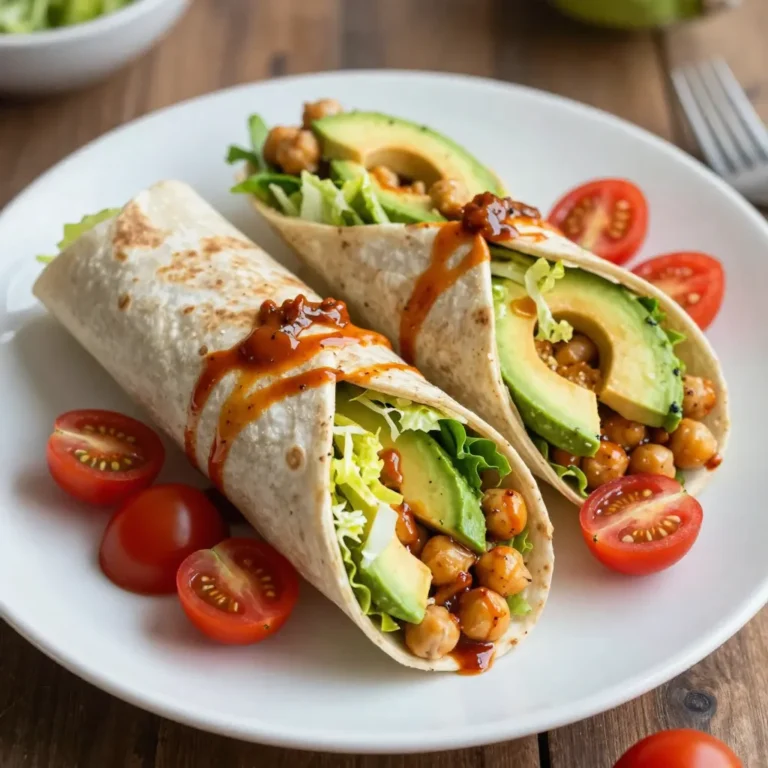- 1 can (15 oz) chickpeas, drained and rinsed - 1/4 cup buffalo sauce - 1 tablespoon olive oil - 1 teaspoon garlic powder - 1 teaspoon onion powder - Salt and black pepper to taste - 1 ripe avocado, sliced - 1 cup romaine lettuce, shredded - 1/2 cup cherry tomatoes, halved - 4 whole wheat tortillas These ingredients create the base of the wraps. The chickpeas add protein and fiber. They also soak up the spicy buffalo sauce, giving flavor and texture to each bite. The avocado adds creaminess, while the lettuce and tomatoes add crunch and freshness. - 1/4 cup vegan ranch dressing Adding vegan ranch dressing makes the wraps even tastier. This dressing gives a creamy contrast to the spicy buffalo sauce. It elevates the flavor profile and makes the wraps more satisfying. If you need a gluten-free option, use gluten-free wraps. For a nut-free version, check the ranch dressing for nuts. You can also swap chickpeas for other beans like black beans or white beans. These changes keep the dish versatile while maintaining its great taste. {{ingredient_image_2}} Start by opening your can of chickpeas. Drain and rinse them well under cold water. In a medium bowl, use a fork or potato masher to mash the chickpeas. You want to create a mix of textures. Leave some chickpeas whole for added heartiness. Once you mash the chickpeas, it’s time to add flavor. Pour in 1/4 cup of buffalo sauce, 1 tablespoon of olive oil, 1 teaspoon of garlic powder, and 1 teaspoon of onion powder. Add salt and freshly cracked black pepper to taste. Mix everything together until well combined. Taste the mixture and adjust the buffalo sauce based on your spice level. Next, grab a skillet and heat it over medium heat. Take one tortilla and warm it for about 30 seconds on each side. You want it soft and pliable, perfect for wrapping. Repeat with each tortilla until they are all warm. Lay a warm tortilla flat on a clean surface. Spoon a generous amount of the chickpea mixture into the center. Add a few slices of avocado, a handful of shredded romaine lettuce, and halved cherry tomatoes on top. If you like, drizzle some vegan ranch dressing over the filling. Now, gently fold in the sides of the tortilla and roll it up tightly from the bottom. Continue this process with the remaining tortillas. Cut each wrap in half diagonally for a nice look. Arrange them on a colorful platter. For a finishing touch, add extra cherry tomatoes and a drizzle of buffalo sauce on top. Enjoy your delicious Vegan Buffalo Chickpea Wraps! You can easily change the spice level in your Vegan Buffalo Chickpea Wraps. Start with a small amount of buffalo sauce. Mix it into the chickpeas and taste. If you want more heat, add a little more sauce. For mild flavors, use less or choose a milder sauce. You can also mix in some plant-based yogurt to cool it down. To make your wraps look great, lay the tortillas flat. Spoon the chickpea mix in the center. Be careful not to overfill; this makes wrapping hard. Add your avocado, lettuce, and tomatoes on top. When you fold the sides, press gently to keep everything inside. Roll from the bottom, tucking in the filling as you go. This helps keep the wrap neat and secure. Clean-up doesn’t need to be a chore! Start by wiping down your prep area as you go. Use a bowl for the chickpea mix to catch any spills. After assembling your wraps, use the same bowl for any leftover mix. Soak your tools in warm soapy water right after using them. This makes washing easier when you finish. Pro Tips Customize Your Spice Level: Adjust the amount of buffalo sauce to suit your taste. Start with a smaller amount and increase gradually until you reach your preferred heat level. Texture Matters: For a more interesting texture, mash the chickpeas only partially, leaving some whole for a hearty bite. Warm Tortillas: Warming the tortillas makes them more pliable and prevents them from tearing when wrapping. This step is crucial for a neat and delicious wrap. Garnish Creatively: Enhance your presentation by garnishing the wraps with extra cherry tomatoes and a drizzle of buffalo sauce on top before serving. {{image_4}} If you want to add more protein, consider mixing in other legumes. Black beans or lentils work well. You can also use tofu. Just press and cube it before cooking. Sauté it in olive oil until it is golden. This adds a nice texture and flavor. Buffalo sauce is great, but you can try other sauces too. Spicy mayo gives a creamy kick. Mix vegan mayo with sriracha for that extra heat. BBQ sauce is another tasty choice. It brings a sweet and smoky flavor that pairs well with the wraps. Fresh veggies can brighten your wraps. In summer, add sweet corn or diced bell peppers. In fall, try roasted sweet potatoes or butternut squash. These veggies not only taste great but also add color and nutrition. Always aim for a mix of textures and flavors for a fun meal! Store any leftover Vegan Buffalo Chickpea Wraps in an airtight container. Place them in the fridge. They stay fresh for up to three days. Keep the wraps whole to maintain texture. If you have extra chickpea filling, store it separately. This helps keep the wraps from getting soggy. To reheat your wraps, use a skillet. Heat it over medium-low heat. Place the wrap in the skillet for about 3-5 minutes. Turn it halfway through to warm both sides. This method keeps the wrap crispy. You can also use a microwave. Heat it for 30 seconds, but be aware that it may get soft. If you want to freeze the wraps, wrap them tightly in foil or plastic wrap. Place them in a freezer-safe bag. They can stay in the freezer for up to two months. To thaw, move them to the fridge overnight. Reheat them in a skillet for the best texture. Enjoy your tasty wraps anytime! Yes, you can use canned chickpeas. They save time and are easy to find. Just drain and rinse them before using. This step removes extra sodium and ensures a cleaner taste. Canned chickpeas work perfectly for this recipe. These wraps can be as spicy as you like. The heat comes from the buffalo sauce. If you prefer a mild flavor, use less sauce. You can always add more after tasting the filling. This way, you control the spice level. You can serve many sides with these wraps. Some great options include: - Fresh veggie sticks like carrots and celery - A light salad with vinaigrette - Sweet potato fries for a tasty crunch - Extra vegan ranch dressing for dipping Yes, you can make these wraps ahead of time. Prepare the chickpea filling and store it in the fridge. Assemble the wraps when you're ready to eat. This keeps the tortillas crisp and fresh. Absolutely! You can use gluten-free tortillas. Many stores sell them now. Just check the label to ensure they meet your needs. These wraps taste great with gluten-free options. In this article, we explored making Vegan Buffalo Chickpea Wraps from scratch. We discussed key ingredients, easy steps for preparation, and helpful tips. I provided various options to adapt flavors and boost protein, along with storage and reheating advice. These wraps are a tasty and fun meal. You can enjoy them fresh or as leftovers. Make them your own with different ingredients, and have fun while cooking!